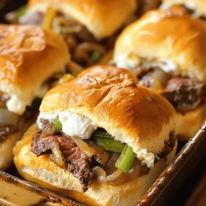 To make great Philly cheesesteak sliders, you'll need: - 12 slider rolls - 1 pound ribeye steak, thinly sliced - 1 medium onion, thinly sliced - 1 medium green bell pepper, thinly sliced - 1 cup provolone cheese, shredded - 1/2 cup cream cheese, softened at room temperature - 2 tablespoons olive oil - 1 teaspoon garlic powder - Salt and pepper to taste - Optional: 1 tablespoon Worcestershire sauce These ingredients create the perfect mix of flavors. The ribeye steak gives a rich taste. The onions and bell peppers add some sweetness and crunch. Provolone cheese makes everything gooey and delicious. Cream cheese adds a nice, creamy layer. You can customize your sliders with fun add-ins. Here are a few ideas: - Mushrooms for an earthy flavor - Jalapeños for some heat - Spinach for a healthy twist - Fresh herbs like parsley or basil for a fresh taste Adding these extras can really make your sliders stand out. Mix and match to find your favorite blend. Serving sides with your sliders makes the meal more fun. Here are some great options: - Pickles for a tangy crunch - Potato chips for a salty side - Ketchup or mustard for dipping - A fresh salad for a light touch These sides add extra flavor and texture. They also help balance the richness of the sliders. For the full recipe, check the recipe section above. To start, we need to get our meat and veggies ready. First, heat olive oil in a large skillet over medium-high heat. The oil should shimmer before adding the veggies. Toss in the thinly sliced onion and bell pepper. Sauté them for about 5 to 7 minutes. Stir often until they become soft and a bit caramelized. Once done, take them out of the skillet and set them aside. Next, it’s time for the ribeye steak. In the same skillet, add the thinly sliced steak. Season it with garlic powder, salt, and pepper. If you want, add Worcestershire sauce for extra flavor. Cook the steak for 3 to 4 minutes. Stir it often until it turns a nice brown but stays tender. Once it’s cooked, mix in the sautéed onions and bell peppers. Make sure everything is well combined, then remove it from the heat. Now, let’s build our sliders! Carefully slice the slider rolls in half horizontally. Place the bottom halves in a greased 9x13 inch baking pan. Spread the softened cream cheese evenly over these bottom halves. This step creates a creamy base for our filling. Next, spoon the steak and vegetable mixture on top of the cream cheese. Spread it out evenly. After that, sprinkle shredded provolone cheese generously over the steak. This will ensure that every bite is cheesy and delicious. Finally, place the top halves of the slider rolls onto the cheese layer. It’s baking time! Cover the baking pan with aluminum foil. Place it in the preheated oven at 350°F (175°C) and bake for 15 minutes. After that, take off the foil. Continue baking for another 5 to 10 minutes. Look for bubbling cheese and golden brown tops. Once done, remove the pan from the oven. Let the sliders cool for a few minutes before slicing them into individual servings. Enjoy your tasty sliders that are sure to impress! You can find the Full Recipe for all the details you need. To make your steak tasty, choose ribeye. It has great marbling, which gives flavor. Slice it thinly against the grain. This makes each bite tender. Cook the steak quickly on high heat. This keeps it juicy and flavorful. Aim for a perfect sear for that nice crust. Don’t overcrowd the pan; cook in batches if needed. To ensure sliders stay moist, use cream cheese on the rolls. This adds creaminess and keeps the bread from drying out. Mix the cooked steak with sautéed veggies. This adds moisture and flavor. Cover the sliders with foil while baking. This traps steam and keeps them soft. You can also drizzle a bit of broth over the filling before baking for extra moisture. For a perfect golden brown topping, brush the tops of the rolls with olive oil or melted butter. This helps them brown nicely. Bake covered for the first part of cooking. Remove the foil for the last few minutes to let the tops crisp. Keep an eye on them to prevent burning. The goal is a crunchy outer layer with gooey cheese inside. For the full recipe, refer back to the main section. {{image_4}} You can switch up the cheese for your Philly Cheesesteak Sliders. Instead of provolone, try mozzarella or cheddar. These cheeses melt well and add a nice flavor. For a sharper taste, use aged gouda or Swiss. Each cheese brings its own flair to the dish. Experiment with different combinations to find your favorite. You can add more veggies to your sliders for extra flavor and crunch. Mushrooms bring an earthy taste that pairs well with steak. Spinach or arugula offers a fresh bite. If you like a bit of heat, add jalapeños or banana peppers. These options make your sliders more colorful and delicious. Mix and match to create your perfect blend. For those who avoid gluten, use lettuce wraps instead of slider rolls. This option keeps the flavors while cutting carbs. You can also find gluten-free slider rolls at many stores. If you want a low-carb choice, use portobello mushrooms as buns. They hold the filling well and add a nice taste. This way, everyone can enjoy these tasty sliders. For the full recipe, check out my complete guide to Philly Cheesesteak Sliders! To keep your sliders fresh, let them cool first. Place the sliders in an airtight container. Make sure to layer parchment paper between them. This step prevents sticking. Store the container in the fridge. Your sliders will stay tasty for up to three days. Reheat your sliders for the best taste. Preheat the oven to 350°F (175°C). Wrap the sliders in aluminum foil. Heat them for about 10-15 minutes. This method keeps them moist. If you prefer, you can microwave them too. Just cover them with a damp paper towel. Heat in short bursts until warm. Freezing is a great option for longer-term storage. Wrap each slider in plastic wrap tightly. Then, place them in a freezer bag. Remove as much air as possible. Your sliders can last up to three months in the freezer. To enjoy, thaw in the fridge overnight. Then, follow the reheating instructions to bring back the flavor. Yes, you can use other meats. Chicken or pork work well, too. Just slice them thin. Cook them just like the ribeye. Each meat brings its own taste. Adjust the seasonings if needed. To add heat, use spicy cheese like pepper jack. You can also mix in jalapeños. For a kick, add hot sauce to the meat while cooking. Taste as you go to find your perfect spice level. Provolone is my top choice. It melts well and adds great flavor. You can also use cheddar for a sharper taste. Mixing cheeses can create a unique flavor blend. Experiment to find your favorite combo! Absolutely! You can make the filling a day ahead. Just store it in the fridge. When ready, reheat it before assembling the sliders. This makes for quick and easy meal prep. Enjoy your tasty sliders with less fuss! Philly cheesesteak sliders are simple to make and packed with flavor. We covered the key ingredients, step-by-step instructions, and handy tips to ensure your sliders shine. Don’t forget the fun variations and smart storage tips. You can mix and match to suit any taste or diet. Enjoy these sliders fresh, or save some for later. With the right care, you’ll always have a tasty treat on hand. Now, grab your ingredients and start cooking!