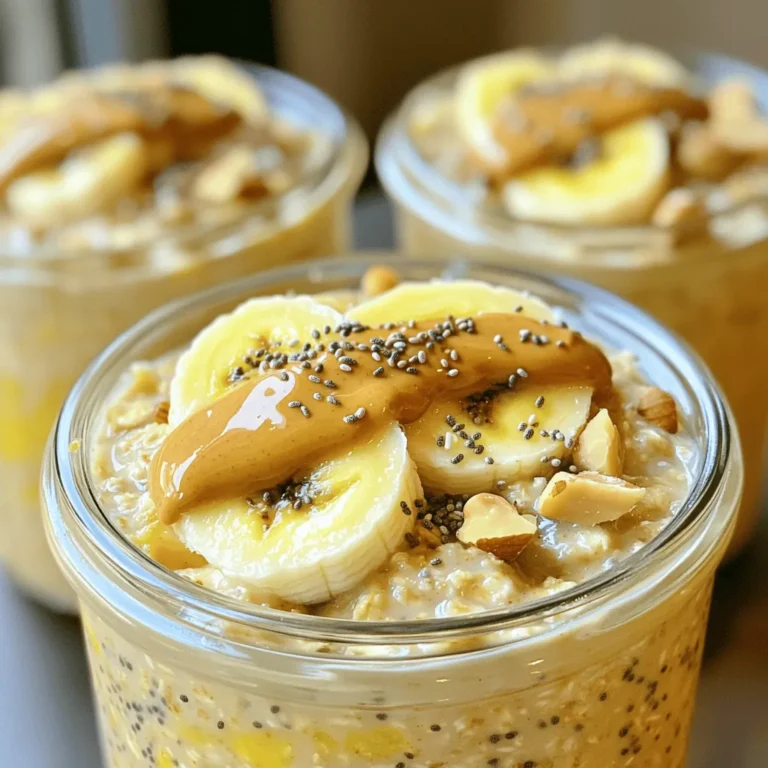 To make tasty peanut butter banana overnight oats, gather these key ingredients: - 1 cup rolled oats - 2 cups almond milk (or your preferred milk) - 2 ripe bananas (one mashed and one sliced) - 2 tablespoons natural peanut butter - 1 tablespoon chia seeds - 1 tablespoon maple syrup (optional) - 1/2 teaspoon vanilla extract - Pinch of salt These ingredients work together to create a creamy and filling breakfast. The oats soak up the milk and flavors overnight. Bananas add natural sweetness while peanut butter gives a rich taste. You can add a few optional ingredients to boost flavor: - Ground cinnamon for warmth - Cocoa powder for a chocolate twist - Nutmeg for a spicy kick - Greek yogurt for extra creaminess These additions allow you to customize your oats based on your taste. Toppings make your oats even more enjoyable. Here are some great options: - Chopped nuts like almonds or walnuts - Additional banana slices for more sweetness - A drizzle of peanut butter for extra flavor - Fresh berries for a tart contrast These toppings not only add flavor but also make your breakfast look beautiful. Enjoy exploring different combinations! To start, gather your ingredients. This recipe is simple and quick. You will need rolled oats, almond milk, bananas, natural peanut butter, chia seeds, maple syrup, vanilla extract, and salt. Having everything ready makes the process smooth and fun. In a mixing bowl, combine these ingredients: - 1 cup rolled oats - 2 cups almond milk (or your preferred milk) - 2 ripe bananas (one mashed and one sliced) - 2 tablespoons natural peanut butter - 1 tablespoon chia seeds - 1 tablespoon maple syrup (optional) - 1/2 teaspoon vanilla extract - Pinch of salt Mix them well. Stir until the blend is creamy and smooth. This step is key to ensure all the flavors blend together nicely. Once mixed, you can divide the mixture into two jars or air-tight containers. Now, it’s time to layer the sliced bananas on top of each jar. This adds flavor and makes it look pretty. Seal the jars and place them in the fridge. Let them soak overnight or for at least 4 hours. The oats will absorb the milk and soften. When you wake up, just stir and enjoy! Remember, for a creamier texture, you can add a splash of milk before serving. Enjoy your Peanut Butter Banana Overnight Oats! For the complete recipe, check the [Full Recipe]. To get the best texture in your overnight oats, use rolled oats. These oats soak up liquid well, getting soft but not mushy. Another tip is to mix the oats with enough milk. I recommend two cups of almond milk for a creamy consistency. If you want it even creamier, add a splash more milk before you eat. You can adjust the sweetness to fit your taste. If you like it sweeter, add a tablespoon of maple syrup. If you want a richer taste, use a ripe banana. Ripe bananas are sweeter and add more flavor. You can also add spices like cinnamon or nutmeg for a warm touch. Serve your oats in clear jars. This shows off the layers and makes it look nice. Top your oats with chopped nuts or extra banana slices. A drizzle of peanut butter on top adds a nice finish. Enjoy your oats cold straight from the fridge, or warm them up if you prefer. For the full recipe, check out Peanut Butter Banana Bliss Overnight Oats. {{image_4}} You can easily make this recipe vegan and gluten-free. To do this, ensure your oats are certified gluten-free. Use almond milk, oat milk, or coconut milk instead of regular milk. These options keep the dish creamy and delicious. For the peanut butter, choose a brand that is both natural and vegan. You can also swap the maple syrup for agave syrup, which is a great vegan sweetener. Want to spice things up? Try adding a scoop of protein powder to boost nutrition. You can also mix in cocoa powder for a chocolate twist. If you enjoy fruity flavors, add berries or diced apples. Cinnamon or nutmeg can give a warm flavor. These add-ins make your oats even more exciting and tasty! You can use many types of milk for this recipe. Almond milk is popular for its nutty taste. Oat milk is creamy and has a mild flavor. Coconut milk adds a tropical vibe. You can also try soy milk for extra protein. Each milk will change the taste a bit, so feel free to explore your favorites. Just remember to adjust the sweetness based on your milk choice. For the full recipe, check out Peanut Butter Banana Bliss Overnight Oats! You can store your peanut butter banana overnight oats in jars or airtight containers. Glass jars work great because they let you see the layers. Make sure to seal them tightly. This keeps your oats fresh and tasty. Your overnight oats will stay fresh in the fridge for about 3 to 5 days. If you want the best taste, enjoy them within the first 2 days. Check for any changes in smell or texture before eating. If they look or smell off, it's best to toss them. You can enjoy your oats cold or warm. If you prefer them warm, simply remove the lid and heat in the microwave for about 30 seconds. Stir and check the warmth. You can add a splash of milk if they feel too thick after heating. For the full recipe, check out the Peanut Butter Banana Bliss Overnight Oats! Yes, you can use instant oats. They cook quicker and will soften faster. However, they can become mushy. Rolled oats give a better texture and bite. If you like creaminess, go for instant oats. You can keep the oats in the fridge for up to five days. This makes them great for meal prep. Just make sure you store them in airtight containers. Each morning, stir them well before eating. If you need a substitute, try almond butter or sunflower seed butter. Both work well and taste great. You can also use tahini for a nut-free option. Each choice will change the flavor a bit, but they will still be yummy. Yes, you can add protein powder to boost nutrition. Mix in a scoop while blending the ingredients. Choose a flavor that matches your taste. Chocolate or vanilla can add a fun twist. Absolutely! Frozen bananas work well. They add creaminess and sweetness. Just thaw them before mixing. You can mash them easily when soft. This is a great way to use ripe bananas too. Chia seeds help thicken the oats. If you don’t have them, you can skip them. You can also use ground flaxseed as an alternative. This will keep your oats just as nutritious. Yes, you can make them gluten-free! Just ensure you use certified gluten-free oats. This will keep your breakfast safe and tasty. Gluten-free oats are easy to find in stores. You can get creative with toppings! Try chopped nuts, extra banana slices, or berries. A drizzle of honey or maple syrup adds sweetness. These toppings make your oats more exciting and fun to eat. You can heat overnight oats if you prefer warm meals. Just pop them in the microwave for a minute or two. Stir well and add a splash of milk to loosen the texture. Enjoy them warm for a cozy breakfast! For the full recipe, check out [Full Recipe]. You've learned how to make delicious overnight oats with simple steps. We covered the key ingredients, from main items to tasty toppings. I shared tips to get the best texture and flavor, plus ways to store your oats. You can even try vegan or gluten-free options! These easy recipes give you room to be creative. Enjoy your oats now or save them for later. You have the tools to make this a fun part of your meals. Enjoy your cooking!