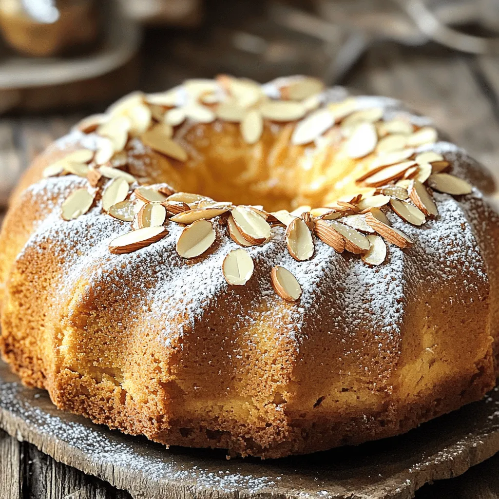To make the best almond pound cake, you'll need some key ingredients. Here’s what you’ll need: - 1 cup unsalted butter, softened to room temperature - 2 cups granulated sugar - 4 large eggs - 1 teaspoon almond extract - 1 teaspoon vanilla extract - 3 cups all-purpose flour - 1 teaspoon baking powder - 1/2 teaspoon salt - 1 cup whole milk, room temperature - 1/2 cup sliced almonds (for topping) - Powdered sugar (for optional dusting) Each ingredient plays an important role. The butter adds richness, while sugar gives sweetness. Eggs keep the cake moist and fluffy. Almond extract brings a lovely nutty flavor, and vanilla enhances the taste. Flour provides structure, and baking powder helps it rise. When choosing almond extract, I recommend using brands like Nielsen-Massey or McCormick. These brands have a pure almond flavor that makes your cake shine. For flour, King Arthur Flour and Bob’s Red Mill are my go-to choices. Their quality ensures a soft and tender cake. You can make this cake even more delightful with some toppings and add-ins. Here are a few suggestions: - Fresh berries for a fruity touch - Whipped cream for added richness - A drizzle of chocolate for sweetness - Chopped nuts for crunch Feel free to mix and match these options to suit your taste! You can also find the Full Recipe to guide you through the baking process. To start, gather all your ingredients. You will need unsalted butter, sugar, eggs, almond extract, and more. Cream the butter and sugar together until light and fluffy. This step adds air to the batter, which helps the cake rise. Next, mix in the eggs one at a time. Always blend well after each egg. Then, add the almond and vanilla extracts. These flavors make the cake taste amazing. In another bowl, whisk together the flour, baking powder, and salt. This helps to mix the dry ingredients evenly. Gradually add this mix to the wet ingredients, alternating with milk. Start and end with the flour mix. This method keeps the batter smooth. Remember, do not overmix! Now, it’s time to bake! Preheat your oven to 350°F (175°C). Prepare your bundt pan by greasing it and dusting it with flour. This step is key to prevent sticking. Pour the batter into the pan and smooth the top with a spatula. Sprinkle sliced almonds on top for a crunchy texture. Bake the cake in the oven for about 50 to 60 minutes. You will know it’s done when a toothpick inserted in the center comes out clean. If it has wet batter on it, let it bake a little longer. Once the cake is baked, take it out of the oven. Let it cool in the pan for about 15 minutes. Then, carefully flip it onto a wire rack. This helps it cool evenly. If you want, dust the cooled cake with powdered sugar for a sweet finish. Enjoy your almond pound cake! It’s perfect for any occasion. You can find the Full Recipe for more detailed steps. Baking can be tricky. Here are some common mistakes to watch out for: - Skipping the room temperature step: Make sure your butter and milk are at room temp. Cold ingredients can make the cake dense. - Overmixing the batter: Mix just until combined. Overmixing can lead to a tough cake. - Not greasing the pan: Always grease your bundt pan well to avoid sticky situations. A light and fluffy texture is key for a great almond pound cake. Here’s how: - Cream the butter and sugar well: Beat them for about 4-5 minutes until fluffy. This adds air and helps the cake rise. - Use the right flour: All-purpose flour works best. It gives the cake a nice structure. - Don’t skip the baking powder: This helps the cake rise and stay light. Almonds add a lovely flavor and crunch. Here’s how to enhance their taste: - Use both almond extract and sliced almonds: This gives a rich almond flavor. - Toast the sliced almonds: Lightly toasting them brings out their nutty flavor. Add them on top before baking. - Try almond flour: You can replace some all-purpose flour with almond flour for a deeper flavor. For more details on making this delicious cake, check the Full Recipe. {{image_4}} To make a gluten-free almond pound cake, swap out the all-purpose flour. Use a gluten-free flour blend instead. I recommend a mix that includes almond flour and tapioca flour. This blend gives your cake a nice texture. Follow the same steps as the full recipe. Just be sure to check the label for any added ingredients. For a vegan version, replace the eggs with flax eggs. Mix one tablespoon of ground flaxseed with three tablespoons of water. Let it sit for a few minutes until it thickens. Use almond milk in place of whole milk. You can also use vegan butter instead of unsalted butter. This will keep the cake moist while making it plant-based. Want to spice things up? Here are some fun flavor ideas to try: - Citrus Zest: Add zest from one lemon or orange. This brightens the cake. - Chocolate: Fold in half a cup of mini chocolate chips for a sweet twist. - Coconut: Mix in shredded coconut for a tropical touch. - Spices: A pinch of cinnamon or nutmeg adds warmth and depth. These variations keep your almond pound cake exciting and fresh. Don’t be afraid to experiment! To keep your almond pound cake fresh, let it cool completely first. Wrap it tightly in plastic wrap or place it in an airtight container. This helps prevent it from drying out. Store it at room temperature for up to three days. If you want it to last longer, refrigeration is an option, but it may change the texture. If you have more cake than you can eat, freezing is a great choice. Slice the cake into pieces for easy thawing later. Wrap each slice in plastic wrap, then place the slices in a freezer-safe bag. Be sure to remove as much air as you can to avoid freezer burn. Almond pound cake can be frozen for up to three months. When you're ready to enjoy it, thaw the slices in the fridge overnight. The best containers for your almond pound cake are airtight and moisture-proof. A glass or plastic container with a tight-fitting lid works well. If you prefer to use a cake dome, that can keep it fresh too. Just make sure it’s not too tight to allow airflow. This way, your cake stays soft and tasty for longer. For the full recipe, check the section above! Almond pound cake lasts about four to five days. Keep it in an airtight container. This helps keep it moist. If you want it to last longer, you can freeze it. Wrap it well in plastic wrap and foil. It can last up to three months in the freezer. Just remember to thaw it in the fridge before serving. Yes, you can substitute some ingredients in the almond pound cake. If you want a dairy-free option, use almond milk instead of whole milk. For a lighter version, you can replace half the butter with applesauce. If you don't have almond extract, use vanilla extract instead. This will change the flavor a bit but still taste good. To reheat almond pound cake, use the oven. Preheat it to 350°F (175°C). Slice the cake and place it on a baking sheet. Heat for about 10 minutes. This warms the cake without drying it out. You can also use the microwave. Heat a slice for about 15-20 seconds. Keep an eye on it to avoid overheating. Enjoy your warm cake! For the full recipe, check out the Almond Bliss Pound Cake. In this post, we explored what makes a perfect almond pound cake. We discussed key ingredients like almond extract and flour, along with useful brands. You learned step-by-step instructions for preparation and baking. We covered tips to avoid common baking mistakes and ideas for delicious variations, including gluten-free options. Remember, storing your cake properly keeps it fresh longer. With this knowledge, you can create a tasty and moist almond pound cake that everyone will enjoy. Enjoy your baking journey and share your delicious results!
