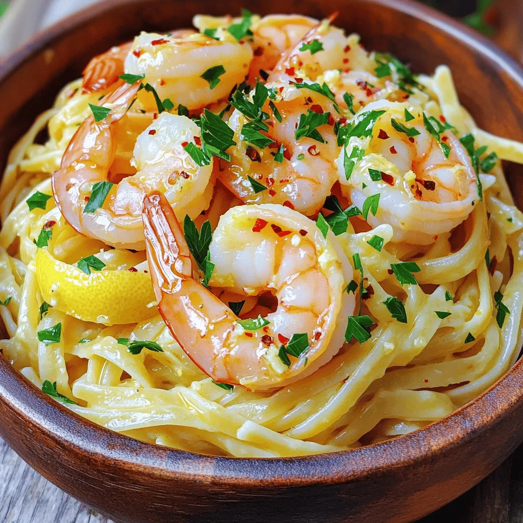 To make Garlic Butter Shrimp Pasta, you need these key ingredients: - 8 ounces linguine or spaghetti - 1 pound large shrimp, peeled and deveined - 4 tablespoons unsalted butter - 4 cloves garlic, minced - 1 teaspoon red pepper flakes - 1 lemon, zested and juiced - 1/4 cup fresh parsley, finely chopped - Salt and black pepper to taste - Grated Parmesan cheese for serving (optional) These items create a simple yet tasty dish that you can enjoy any night of the week. If you’re missing an ingredient, don’t worry. Here are some easy swaps: - Alternative pasta choices: You can use penne, fettuccine, or gluten-free pasta. - Shrimp substitutes: If shrimp isn’t your thing, try chicken or scallops. Both work well in this dish. - Vegan or vegetarian options: Use plant-based butter and swap shrimp for mushrooms or tofu. This keeps the flavors rich and satisfying. Feel free to mix and match to suit your tastes or dietary needs. For the full recipe, check out the complete steps to create this delicious meal. To cook the pasta, first, prepare salted water. Fill a large pot with water and add a good amount of salt. The salt adds flavor. Bring the water to a rolling boil. Next, add 8 ounces of linguine or spaghetti. Cook it according to the package instructions. Usually, this takes about 8 to 10 minutes. You want the pasta to be al dente, which means it should be firm but cooked. Before draining, reserve half a cup of the pasta cooking water. This water helps with the sauce later. After that, drain the pasta and set it aside. Now, let’s cook the shrimp. Heat a large skillet over medium-high heat. Add 2 tablespoons of butter and let it melt. Once the butter is melted, add 4 cloves of minced garlic and 1 teaspoon of red pepper flakes. Sauté this for about 30 seconds. The garlic should smell nice but not burn. Next, add 1 pound of large shrimp to the skillet. Make sure to lay them in a single layer. Season with salt and pepper to taste. Sauté the shrimp for 2 to 3 minutes on one side. They should turn pink. Then, flip them and cook for another 1 to 2 minutes until they are fully cooked and opaque. Remove the shrimp from the skillet and set them aside on a plate. Now, let’s combine everything. In the same skillet, lower the heat slightly. Add the remaining 2 tablespoons of butter along with the zest and juice of 1 lemon. Stir this gently to mix it all up. Let it simmer for about a minute. This lets the butter melt and creates a bubbly sauce. Next, return the cooked pasta and the shrimp to the skillet. Add a splash of the reserved pasta water. Toss everything together to coat the shrimp and pasta in the sauce. If you want a thinner sauce, add more pasta water until you like the consistency. Finally, you can mix in 1/4 cup of finely chopped fresh parsley. Check the seasoning and adjust with more salt and pepper if needed. Serve the pasta right away with a sprinkle of grated Parmesan cheese if you like. Enjoy this delicious meal! For the full recipe, click here. To get the best garlic flavor, watch the heat. Cook garlic over medium heat. This way, it releases its aroma without burning. Burnt garlic tastes bitter and can ruin your dish. Adjust the spice to fit your taste. Start with one teaspoon of red pepper flakes. You can always add more if you want extra heat. Remember, spice levels vary from person to person. For a beautiful plate, use large, shallow bowls. This lets the pasta spread out and look appealing. Garnish with fresh parsley and a lemon wedge. A drizzle of olive oil adds shine and flavor. Pair garlic butter shrimp pasta with a light salad. A simple green salad works well. You can also serve it with garlic bread for a comforting touch. Prep your ingredients before you cook. Peel and devein shrimp ahead of time. Chop garlic and parsley in advance for quick use. Try a one-pot method to save time. Cook the pasta in the same pot as the shrimp. This keeps the flavors together and minimizes cleanup. You can add pasta directly to the shrimp sauce. This method is easy and delicious. Feel free to check out the Full Recipe for more details! {{image_4}} If you want to change up the protein in garlic butter shrimp pasta, you have great choices. You can swap shrimp for chicken. Simply cut the chicken into bite-sized pieces. Cook it in the same way you cook the shrimp. You will need about one pound of chicken for this dish. Scallops are another tasty option. They cook quickly and add a sweet flavor. Use about one pound of sea scallops and follow the same cooking steps. For vegetarian or seafood options, consider using mushrooms or zucchini. Both add a nice texture. You can also use tofu for a vegan twist. Just ensure you season them well for the best flavor. You can easily change the flavor of your dish with a few tweaks. Adding fresh herbs can brighten the meal. Try basil, thyme, or oregano. Chop them finely and add them to the sauce before mixing in the pasta. If you like spice, add more red pepper flakes or try a pinch of cayenne pepper. These will give your pasta a nice kick. You can also mix up the sauce. For a creamy version, add a splash of heavy cream. This will make the dish rich and smooth. You could even add white wine for a deeper flavor. Just let it simmer before adding the pasta and shrimp. Feel free to get creative! Each variation helps you explore new tastes while enjoying this classic dish. For the full recipe, check [Full Recipe]. To store leftovers, let the garlic butter shrimp pasta cool first. Place it in an airtight container. This helps keep it fresh and tasty. Store it in the fridge for up to three days. When reheating, use a skillet over low heat. Add a splash of water or broth to keep it moist. Stir often to heat evenly. You can also use a microwave. Cover the dish with a lid or wrap to avoid drying. Heat in short intervals, stirring in between. Can you freeze garlic butter shrimp pasta? Yes, you can! Freezing works well, but the texture may change a bit. Shrimp may not be as firm once thawed. To freeze properly, let the pasta cool completely. Divide it into portions and place it in freezer-safe bags. Squeeze out as much air as possible. Label the bags with the date. You can freeze them for up to three months. When ready to eat, thaw it in the fridge overnight. Reheat on the stove or microwave until hot. For the full recipe, check out Garlic Butter Shrimp Pasta. How can I make garlic butter shrimp pasta spicier? You can add more red pepper flakes. Start with half a teaspoon more. You can also try a dash of hot sauce or chopped fresh chili. Just remember, spice builds, so add slowly! Can I use frozen shrimp? Yes, frozen shrimp work well. Thaw them in the fridge overnight or under cold water. Make sure to pat them dry before cooking. This helps them sear better and keeps them from being watery. What pasta pairs best with this dish? Linguine or spaghetti are great choices. They hold the sauce well. Fettuccine also works if you want a thicker noodle. Use whatever you like best! Estimated calories per serving Each serving has about 450 calories. This may vary based on your ingredients and portion size. Macronutrient breakdown - Protein: 25g - Carbohydrates: 55g - Fat: 15g These numbers help you understand what you eat in this dish. Suitable salads and appetizers A simple mixed green salad with lemon vinaigrette pairs nicely. You can also try garlic bread for a tasty side. Pairing with wines or drinks A chilled white wine, like Sauvignon Blanc, complements this dish well. If you prefer non-alcoholic, lemonade or sparkling water with lime works great too. Garlic Butter Shrimp Pasta is delicious and easy to make. We covered the key ingredients, cooking methods, and helpful tips. You can create variations based on your diet or preferences. Remember to store leftovers correctly for future meals. With these steps and ideas, you can impress anyone with your cooking. Enjoy making this dish and share it with loved ones. Your time in the kitchen will be rewarding and fun. Experiment with flavors and substitutions to make it your own.