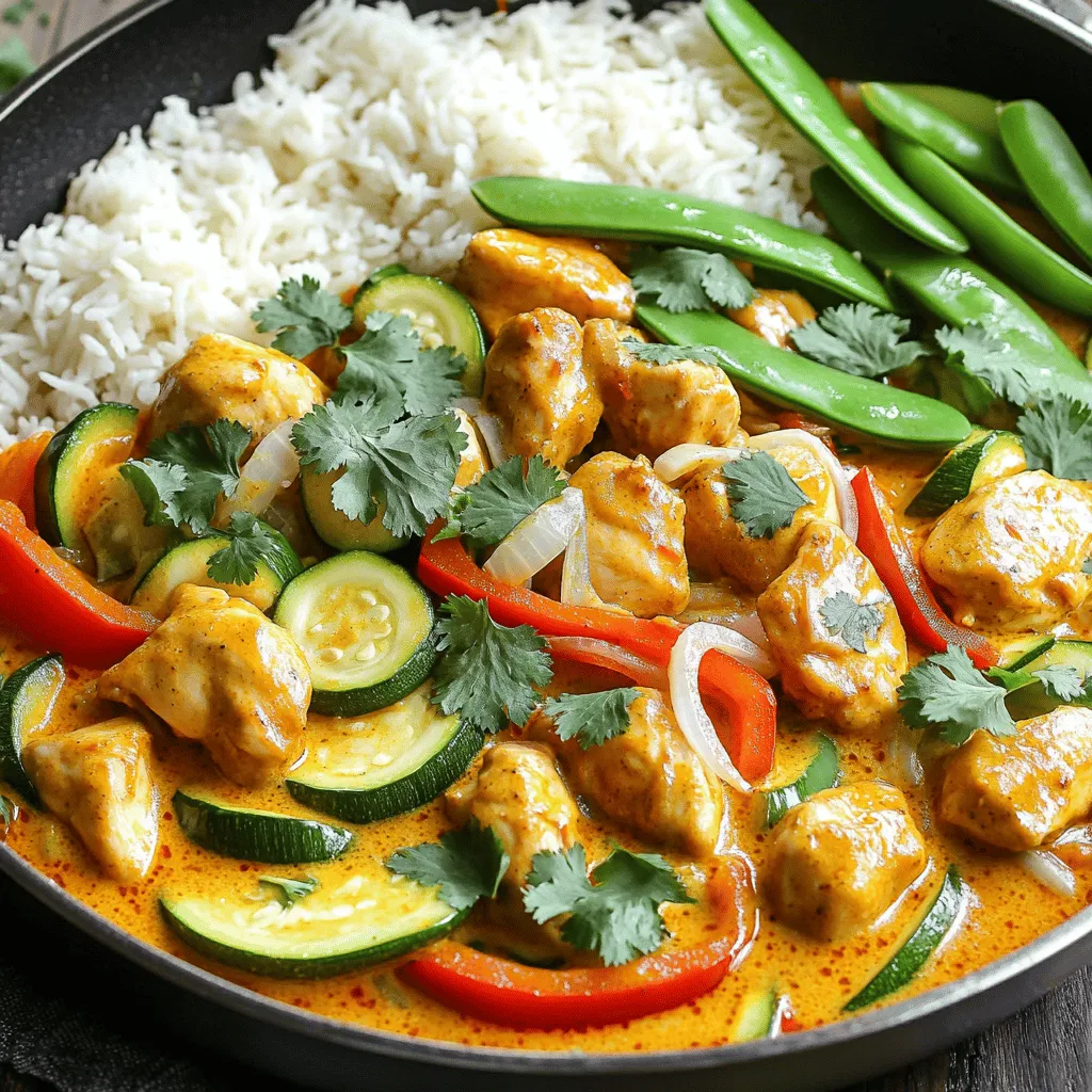 - 1 lb (450g) boneless chicken breast - 1 can (14 oz) coconut milk - 2 tablespoons red curry paste - 1 tablespoon coconut oil - 1 medium onion, diced - 1 bell pepper, sliced - Fresh cilantro, chopped - Cooked jasmine rice Gathering the right ingredients makes cooking fun. You need fresh chicken for best taste. The coconut milk gives the curry a creamy texture. Red curry paste adds heat and flavor. Use coconut oil to sauté the onion. It adds a nice richness. The bell pepper brings color and crunch. You can pick any color you like. For serving, chop some fresh cilantro for garnish. It adds a nice pop of green. Jasmine rice makes the perfect base. It soaks up all the delicious curry sauce. For the full recipe, check out the details on how to put it all together. 1. First, heat 1 tablespoon of coconut oil in a large skillet over medium heat. 2. Next, add 1 medium diced onion. Sauté for about 2-3 minutes until it’s soft. 3. Then, incorporate 3 minced garlic cloves and 1 tablespoon of grated ginger. Cook for 1 more minute until fragrant. 1. Add 1 pound of boneless chicken breast, cut into bite-sized pieces. Cook until no longer pink, about 5-7 minutes. 2. Mix in 2 tablespoons of red curry paste. Stir well to coat the chicken and onion fully. 1. Gradually pour in 1 can of coconut milk and 1 cup of chicken broth. Stir to combine all ingredients. 2. Bring the mixture to a gentle simmer over medium heat. 3. Add sliced bell pepper, zucchini, and snap peas. Simmer for 5-7 minutes until vegetables are tender. 4. Stir in 2 tablespoons of fish sauce, 1 tablespoon of brown sugar, and the juice of 1 lime. Adjust seasoning as needed. 5. Serve hot over cooked jasmine rice and garnish with fresh cilantro. Follow this Full Recipe for precise measurements and detailed steps. Enjoy your cooking! To make your Thai Coconut Curry Chicken shine, start with seasoning. You can adjust the taste with fish sauce or lime juice. Fish sauce adds depth, while lime juice brings brightness. Both can change the flavor greatly. If you find your dish a bit hot, add brown sugar. It will balance the heat and round out the flavors nicely. Choosing the right pan matters. A large skillet or wok works best for this curry. They help cook everything evenly. Remember to simmer the curry after adding all the ingredients. This step is key. Simmering allows the flavors to blend well. It also helps cook the chicken and veggies just right. For a beautiful dish, serve the curry in shallow bowls. This way, the colorful veggies stand out. Place a lime wedge beside each bowl. It adds a nice touch and looks great. You can also garnish with fresh cilantro on top. It gives a pop of green and freshness to your meal. {{image_4}} You can make this dish your own by changing the protein. If you want a vegetarian meal, replace the chicken with tofu. Firm tofu absorbs flavors well and adds a nice texture. You can also use shrimp instead of chicken. Shrimp cooks quickly and adds a sweet taste. For a fun twist, try chickpeas. They add protein and are perfect for a meatless option. Adding different vegetables can change the taste and look of your curry. Bell peppers, zucchini, and snap peas work great. You can also try carrots, spinach, or broccoli. Seasonal veggies like asparagus or eggplant can bring freshness to your dish. Feel free to mix and match based on what you have at home. How spicy do you want your curry? For a mild version, use less red curry paste. Start with one tablespoon and taste as you go. If you like heat, add more curry paste. You can also include fresh chili peppers for an extra kick. Adjusting spice can make this dish perfect for anyone's palate. For the full recipe, check it out [here](#). Store any leftovers in the fridge. Use airtight containers for best results. This keeps the dish fresh. Let the curry cool first to avoid steam buildup. I recommend glass or BPA-free plastic containers. These are safe and easy to clean. You can freeze the curry for meal prep. Make sure it cools completely before freezing. Use freezer-safe containers or bags. Press out as much air as you can. When ready to eat, thaw it in the fridge overnight. Reheat gently on the stove or in the microwave. Stir well to ensure even heating. In the fridge, the curry lasts about three to four days. In the freezer, it can stay good for up to three months. Keep an eye on the color and smell. If it looks or smells off, it’s best to toss it. Enjoy your Thai Coconut Curry Chicken fresh or reheated! You can pair this dish with several tasty sides. Here are some great options: - Steamed jasmine rice - Quinoa for a nutty flavor - Fresh spring rolls for a crunchy bite - A light cucumber salad for a refreshing touch For drinks, I suggest: - A chilled Thai iced tea - Coconut water for a tropical feel - A crisp white wine, like Sauvignon Blanc Yes, you can easily make this dish dairy-free. Just swap the coconut milk with a dairy-free brand. Look for options made from almond or soy milk. For a vegan version, replace the chicken with tofu or chickpeas. This keeps the meal hearty and full of flavor. To ensure your chicken is safe to eat, check the internal temperature. It should reach 165°F (75°C). Use a meat thermometer for best results. You can also look for these signs: - The chicken should be white on the outside. - The juices should run clear, not pink. - The meat should be firm and not rubbery. This blog post covered a delicious Thai coconut curry chicken recipe. We detailed key ingredients, steps for preparation, and tips for enhancing flavor. You learned how to make it your own with variations and storage tips for leftovers. Enjoying this dish is not just about taste; it’s also about experimenting with flavors and ingredients. Dive into your pantry or fridge and create your version. Happy cooking!