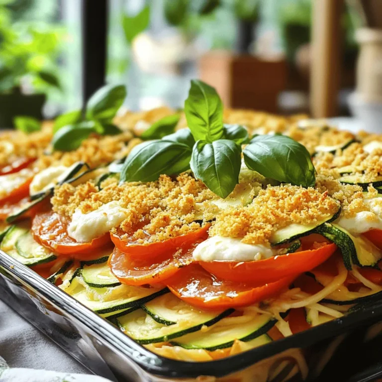 To make a tasty Tomato Zucchini Casserole, gather these simple ingredients: - 3 medium zucchinis, sliced into thin rounds - 4 large ripe tomatoes, sliced - 1 large onion, thinly sliced - 3 cloves garlic, minced - 1 cup shredded mozzarella cheese - 1 cup fresh basil leaves, chopped (plus extra for garnish) - 1 teaspoon dried oregano - ½ teaspoon red pepper flakes (optional for added spice) - ¼ cup olive oil - Salt and black pepper to taste - ½ cup breadcrumbs (for crunchy topping) These ingredients work together to create a hearty meal that bursts with flavor. When it comes to tomatoes, fresh is best for this casserole. Fresh tomatoes offer bright taste and juicy texture. They help keep the dish light and vibrant. Canned tomatoes can work in a pinch, but they may make the dish too watery. If you use canned, choose whole or diced tomatoes without added salt. Drain them well before using to avoid excess moisture. You can take your casserole to the next level by adding some extra ingredients. Here are a few fun ideas: - Bell Peppers: Chop them and layer them in with the zucchini for sweetness. - Mushrooms: Sauté sliced mushrooms for an earthy flavor. - Spinach: Toss in fresh spinach for added nutrients and color. - Cheese Variations: Try parmesan or goat cheese for a different taste. These add-ins can customize your Tomato Zucchini Casserole and make it uniquely yours. You can check the Full Recipe for more details and instructions. Start by gathering all your ingredients. You need: - 3 medium zucchinis, sliced into thin rounds - 4 large ripe tomatoes, sliced - 1 large onion, thinly sliced - 3 cloves garlic, minced - 1 cup shredded mozzarella cheese - 1 cup fresh basil leaves, chopped - 1 teaspoon dried oregano - ½ teaspoon red pepper flakes (optional for spice) - ¼ cup olive oil - Salt and black pepper to taste - ½ cup breadcrumbs Next, preheat your oven to 375°F (190°C). This step is key for making sure your casserole bakes evenly. While the oven warms up, wash and slice your zucchinis and tomatoes. Thin slices help them cook well and blend flavors. In a large skillet, heat the olive oil over medium heat. Add the sliced onion and minced garlic. Cook them until soft, about 5-7 minutes. The smell will be delightful. Now it’s time to start layering your casserole. Grab a large baking dish. Begin by placing half of the sliced zucchinis at the bottom. This makes a good base. Next, add half of the sliced tomatoes on top. Then, spread half of the sautéed onion and garlic mix. This combo packs each layer with flavor. Season this layer with salt and black pepper. Sprinkle half of the chopped basil, followed by dried oregano. If you like some heat, add the red pepper flakes. Repeat the layers with the remaining zucchinis, tomatoes, onion, and garlic. Make sure each layer is rich and flavorful. Finally, top it all with shredded mozzarella cheese. This will melt beautifully. Add breadcrumbs on top for a crunchy finish. Cover the baking dish tightly with foil. This helps keep moisture in while it cooks. Place it in your preheated oven and bake for 25-30 minutes. After that time, carefully remove the foil. Bake for another 15-20 minutes until the cheese bubbles and turns golden brown. Once it’s done baking, let it sit for about 5 minutes. This resting time lets the flavors mix better. Garnish with extra fresh basil leaves before serving. You can find the Full Recipe to guide you through these steps easily. Enjoy your hearty and tasty Tomato Zucchini Casserole! To get a great flavor in your casserole, start with the onions and garlic. Use a medium heat and add olive oil to the pan. Stir them often until they are soft and smell good. This takes about 5-7 minutes. Don't rush this step; it helps the flavors mix well. A watery casserole is a common issue. To stop this, you can do a few things. First, use fresh zucchini. If you use canned zucchini, it holds more water. Second, salt the zucchini before using it. Let it sit for 10 minutes to draw out extra moisture. Pat it dry with a paper towel before adding it to the dish. Cheese can make your casserole rich and tasty. I love using mozzarella for its melt and stretch. You can also try Parmesan for a sharp flavor. If you want something different, goat cheese adds a creamy texture. Feel free to mix cheeses for even more flavor. A sprinkle of cheese can make your dish shine. Check the full recipe for tips on how much to use. {{image_4}} You can make your Tomato Zucchini Casserole heartier by adding protein. Cooked ground turkey or chicken works well. If you prefer plant-based options, try lentils or chickpeas. Simply layer the cooked protein between the vegetables. This adds flavor and makes the dish more filling. If you want a vegetarian casserole, stick with the original recipe. The cheese adds richness and flavor. For a vegan option, swap the mozzarella for a plant-based cheese. You can also use nutritional yeast for a cheesy taste without dairy. Just be sure to check for vegan breadcrumbs as well. Feel free to switch up the vegetables based on what’s in season. Add bell peppers for sweetness in summer, or leafy greens like kale in winter. Carrots can bring a nice crunch and color, too. These swaps keep your casserole fresh and exciting each time you make it. The Full Recipe allows you to explore all these variations easily! Store your Tomato Zucchini Casserole in an airtight container. This keeps it fresh longer. You can place it in the fridge for up to four days. Make sure it cools down before sealing it. This prevents moisture build-up. You can freeze your casserole too! It’s best to freeze it before baking. Wrap it tightly in plastic wrap, then cover with foil. This helps prevent freezer burn. You can freeze it for up to three months. To bake, thaw it in the fridge overnight before cooking. Reheat your casserole in the oven for the best taste. Preheat the oven to 350°F (175°C). Cover it with foil to keep it moist. Heat for about 20-25 minutes. If you want a crisp top, remove the foil for the last 5-10 minutes. Enjoy it warm! For the full recipe, check [Full Recipe]. To keep your zucchini firm, slice it thin but not too thin. Use medium heat when sautéing. This helps to draw out moisture without overcooking. You can also sprinkle some salt on the zucchini slices and let them sit for 10 minutes. This helps to draw out excess water. Pat them dry with a paper towel before layering them in the casserole. Yes, you can use various cheeses! While mozzarella is great, feel free to mix in cheddar for a sharper taste. Feta can add a nice tang, while Parmesan gives a salty kick. Try different blends to find your favorite flavor combination. Cheese is key for richness, so choose what you love. The casserole pairs well with many sides. A fresh green salad adds a nice crunch. Crusty bread or garlic bread complements the dish and soaks up the sauce. You can also serve it with grilled chicken or fish for a heartier meal. The options are endless! For the full recipe, check out the detailed steps above. We covered all you need for a great tomato zucchini casserole. We talked about ingredients, tips, and step-by-step methods. Don't forget fresh tomatoes for the best taste. Consider optional add-ins to make it your own. Your casserole will shine with the right cheese and seasoning. With the tips on storage and reheating, it will stay delicious. Now, go enjoy a hearty meal that warms both body and soul!