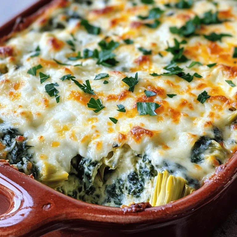 - Fresh spinach - Artichoke hearts - Cream cheese - Sour cream - Mayonnaise - Shredded mozzarella cheese - Grated Parmesan cheese - Garlic - Red pepper flakes - Seasoning - Garnish You need fresh spinach for a bright flavor. Use artichoke hearts from a can for ease. Cream cheese gives the dip its smooth base. Sour cream adds tanginess. Mayonnaise makes it rich. Shredded mozzarella cheese melts well, creating that gooey texture. Grated Parmesan cheese enhances the overall flavor. Garlic adds a savory touch. Red pepper flakes bring heat, but they’re optional. Use salt and pepper to season. Finally, fresh parsley makes a lovely garnish. This dip is tasty, but let’s look at its nutrition. One serving has around 180 calories. It has about 14 grams of fat, 6 grams of carbs, and 5 grams of protein. This dip is vegetarian-friendly and can be gluten-free if you check your ingredients. Enjoy knowing you can indulge without too much guilt. For the Full Recipe, check the detailed instructions! - Preheat oven: Start by setting your oven to 350°F (175°C). This step warms the oven for even cooking. - Prepare the cream cheese mixture: In a large bowl, mix 1 cup of softened cream cheese, 1/2 cup of sour cream, and 1/2 cup of mayonnaise. Use a spatula or whisk until the mix is smooth. - Incorporate spinach and artichokes: Add in 1 cup of finely chopped spinach, 1 can of chopped artichoke hearts, and 2 cloves of minced garlic. Mix well. Then, fold in 1 cup of shredded mozzarella and 1/2 cup of grated Parmesan cheese. If you like heat, add 1/2 teaspoon of red pepper flakes. Season with salt and black pepper. - Transfer to baking dish: Carefully pour your mixture into a baking dish. Spread it evenly to help it cook well. - Bake until bubbly and golden: Put the dish in your preheated oven. Bake for 25-30 minutes. Look for a bubbly center and a golden top. - Cooling and garnishing tips: After baking, take it out and let it cool for a few minutes. Just before serving, sprinkle with fresh chopped parsley. This adds color and fresh flavor to your dip. For the full recipe, check [Full Recipe]. To get the best texture, start with the cream cheese. Make sure it is soft. I let it sit out for about 30 minutes. This makes mixing easy and smooth. If it is too cold, lumps will form. You want a creamy dip, not a chunky one. For seasoning, taste as you mix. I like to add a pinch of salt and pepper. If you want a kick, try red pepper flakes. Start small; you can always add more. Fresh herbs, like parsley, can brighten the flavor too. When baking, spread the dip evenly in your dish. This helps it cook uniformly. If the dip is too thick in places, it may bake unevenly. Use a spatula to smooth the top before it goes in the oven. To avoid sogginess, drain the artichoke hearts well. Extra water can make the dip runny. You can pat them dry with a paper towel too. This step ensures a rich, creamy texture that everyone will love. {{image_4}} If you want to change things up, consider these options: - Vegan alternatives: Swap the cream cheese with vegan cream cheese. Use plant-based sour cream and mayonnaise. This keeps the flavor while making it plant-based. - Low-fat options: Choose reduced-fat cream cheese, sour cream, and mayonnaise. These substitutes cut calories but keep the dip creamy and tasty. To make your dip even better, try these ideas: - Adding spices: Toss in some garlic powder or onion powder for extra flavor. A dash of smoked paprika can add a nice twist too. - Incorporating other vegetables: Add chopped bell peppers or mushrooms for more texture. You could even mix in some cooked kale for added nutrients and flavor. Experimenting with these variations can make your spinach artichoke dip unique and fun. For the full recipe, check out the Savory Spinach Artichoke Delight. After you make your spinach artichoke dip, you will want to store any leftovers. Place the dip in an airtight container. This helps keep it fresh. You can store it in the fridge for about 3 to 5 days. If you want it to last longer, consider freezing it. When you’re ready to enjoy the dip again, you can reheat it easily. The best way is to use the oven. Preheat your oven to 350°F (175°C). Place the dip in an oven-safe dish. Cover it with foil to keep it moist. Heat for about 15-20 minutes or until it is hot. To keep the texture nice, avoid using a microwave. Microwaving can make the dip watery. If you need to use a microwave, heat it in short bursts and stir often. This will help keep it creamy. To find the full recipe, check out the delicious steps above! Can I make this dip ahead of time? Yes, you can make this dip ahead. Prepare it and store it in the fridge. Just bake it when you are ready to serve. This dip keeps well for a day or two. What can I serve with Spinach Artichoke Dip? You can serve this dip with many tasty options. Try crunchy vegetables like carrots and bell peppers. Tortilla chips and toasted bread are also great choices. They add a nice crunch! How can I make it spicier? To spice it up, add more red pepper flakes. You can also mix in diced jalapeños or hot sauce. Start with a little and taste as you go. Find the right heat for you! Can I freeze the dip? Freezing is possible but not ideal. If you freeze it, the texture may change. Thaw it overnight in the fridge before baking. Use it within a month for the best taste. What is the best way to mix the ingredients? The best way is to use a large mixing bowl. Start with a spatula for the cream cheese and sour cream. Then, fold in the spinach and artichokes gently. This ensures even mixing without breaking them apart. For the complete details, check out the [Savory Spinach Artichoke Delight recipe](#). This blog post covers how to make a tasty Spinach Artichoke Dip. We discussed key ingredients, including fresh spinach and creamy cheeses. I shared a step-by-step guide to prepare and bake the dip perfectly. You also learned useful tips for better flavor and texture, plus how to store leftovers. In conclusion, making this dip is simple and fun. Try different variations to suit your taste. Enjoy this dish at your next gathering for a crowd-pleasing snack!