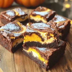 To make Pumpkin Cheesecake Swirl Brownies, you need some key ingredients. Here’s what you will need: - 1 cup unsalted butter, melted - 2 cups granulated sugar - 1 teaspoon vanilla extract - 4 large eggs, at room temperature - 1 cup all-purpose flour - 2/3 cup unsweetened cocoa powder - 1/4 teaspoon baking powder - 1/4 teaspoon salt - 1 teaspoon espresso powder (optional) - 1 cup canned pumpkin puree - 8 oz cream cheese, softened - 1/2 cup powdered sugar - 1 teaspoon pumpkin pie spice - 1 tablespoon fresh lemon juice These ingredients work together to create a rich, chocolatey brownie with a creamy pumpkin swirl. In this recipe, we have a few special ingredients that make the flavors pop. The espresso powder adds depth to the chocolate. You can skip it if you prefer a milder taste. The pumpkin puree gives moisture and a lovely fall flavor. The pumpkin pie spice brings warmth and spice to the dish. Together, these ingredients create a unique balance of flavors. If you have dietary needs, there are some easy swaps. You can use dairy-free butter and cream cheese for a vegan twist. For gluten-free brownies, try almond flour or a gluten-free flour blend. If you want less sugar, you can use a sugar substitute. Just make sure it measures like regular sugar. These options keep the taste while fitting your diet. For the complete recipe, check the Full Recipe. First, preheat your oven to 350°F (175°C). Grab a 9x13 inch baking dish. Grease it well and line the bottom and sides with parchment paper. Leave some paper hanging over the edges for easy lifting later. In a large bowl, mix the melted butter, granulated sugar, and vanilla extract. Whisk until smooth. Then, add the eggs. Do this one at a time, mixing well after each addition. This helps create a rich texture. In a different bowl, whisk together the flour, cocoa powder, baking powder, salt, and espresso powder if you’re using it. Gradually fold this dry mix into the wet mix. Stir gently until just combined. Set this brownie batter aside. In another bowl, beat the softened cream cheese until creamy. Slowly add the powdered sugar, pumpkin puree, pumpkin pie spice, and lemon juice. Mix until fluffy and well combined. Now, pour half of the brownie batter into your prepared dish. Spread it evenly with a spatula. Next, dollop spoonfuls of the pumpkin cheesecake mixture over the brownie layer. Pour the rest of the brownie batter on top, spreading it to cover the cheesecake layer. Use a knife to swirl the cheesecake into the brownie mix. Be careful not to overmix. You want nice, distinct swirls. For the full recipe, refer to the earlier section. One common mistake is overmixing the brownie batter. This can make your brownies tough. Mix just until you see no flour. Another mistake is not using room temperature ingredients. Cold eggs and cream cheese can lead to lumps. Make sure everything is at room temperature for a creamy texture. Lastly, avoid opening the oven door too soon. This can cause your brownies to sink in the middle. Baking time is key for perfect brownies. I suggest checking them at 30 minutes. Insert a toothpick into the center. If it comes out with a few moist crumbs, they’re done. If the toothpick is wet, bake for a few more minutes. Remember, they will continue to cook a bit after you remove them from the oven. Quality matters when baking these brownies. Use good cocoa powder for rich flavor. I recommend a brand that is 100% cacao without additives. Fresh eggs and high-fat cream cheese make a big difference, too. For the pumpkin, always use canned pumpkin puree, not pie filling. This ensures the right texture and flavor. For the best outcome, check the expiration dates on all your ingredients. For the full recipe, refer back to the earlier section. {{image_4}} You can elevate your brownies by adding nuts or chocolate chips. Walnuts and pecans add a nice crunch. Chocolate chips give extra chocolatey flavor. Mix in about 1 cup of your choice into the brownie batter. Just fold them in gently so they spread evenly. This adds texture and makes the brownies even more delightful. If you need a gluten-free version, it’s easy to adapt. Replace all-purpose flour with a gluten-free blend. Many blends work well in brownies. Choose one that’s designed for baking. This will keep the texture rich and moist. Follow the same steps as in the Full Recipe, and enjoy gluten-free Pumpkin Cheesecake Swirl Brownies. You can also make a vegan version. Use flax eggs instead of regular eggs. Mix 1 tablespoon of ground flaxseed with 2.5 tablespoons of water for each egg. For the cream cheese layer, use vegan cream cheese. You can also swap the butter for coconut oil or a vegan butter substitute. This way, you keep the same creamy goodness without dairy. Enjoy a delicious vegan treat that everyone will love. To keep your brownies fresh, place them in an airtight container. You can stack the brownies with parchment paper between layers. Store them at room temperature for up to three days. If you want to keep them longer, consider refrigerating them. The cool air will help maintain their taste and texture. If you want to save brownies for later, freezing is a smart choice. First, let them cool completely. Wrap each brownie in plastic wrap. Then, place the wrapped brownies in a freezer-safe bag or container. They will stay good for up to three months. When you’re ready to enjoy them, just thaw them in the fridge overnight. To make your brownies warm and gooey again, preheat your oven to 350°F (175°C). Place the brownies on a baking sheet and cover them with foil to keep them from drying out. Heat for about 10-15 minutes. You can also microwave them for 15-20 seconds. This method brings back their soft texture and rich flavor. For the best experience, serve them warm with a scoop of ice cream. For the full recipe, check out the entire section. Yes, you can use fresh pumpkin! To do this, cut a pumpkin, remove the seeds, and roast it. Once soft, scoop the flesh and puree it in a blender. Make sure to drain any excess moisture. This helps keep your brownies from getting too wet. Fresh pumpkin adds a richer flavor, making your brownies taste even better. Serving these brownies is fun and easy! Here are some ideas: - Plate them on a wooden board for a rustic look. - Dust with powdered sugar for a sweet touch. - Sprinkle pumpkin pie spice on top for added flavor. - Add a dollop of whipped cream on the side for a creamy treat. - Pair with a scoop of vanilla ice cream for a warm dessert. To adjust sweetness, consider these tips: - Use less granulated sugar in the brownie mix. Reduce by up to 1/2 cup. - Add more powdered sugar to the cream cheese layer for extra sweetness. - Try using natural sweeteners like honey or maple syrup. Adjust the liquid in the recipe as needed. - Taste the batter before baking. This way, you can find the right balance that suits your taste. For the full recipe, check out the detailed instructions above! In this post, we explored how to make delicious Pumpkin Cheesecake Swirl Brownies. We covered key ingredients and their roles, plus substitutions for special diets. You learned step-by-step instructions to create rich brownie batter and creamy pumpkin cheesecake. I shared tips to avoid mistakes and ensure perfect baking. We also looked at tasty variations and smart storage methods. Baking these brownies is fun and rewarding. You'll impress friends and family with your tasty treats!
