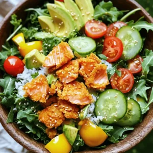 To make this salad, you will need: - 1 cup sushi rice - 2 cups water - 1 tablespoon rice vinegar - 1 teaspoon sugar - 1/2 teaspoon salt - 1 pound salmon fillet - 2 tablespoons olive oil - 1 teaspoon lemon zest (from about 1 lemon) - 1 tablespoon fresh lemon juice - 1 cup mixed salad greens (a mix of arugula, spinach, and kale) - 1 small cucumber, diced into bite-sized pieces - 1/2 bell pepper, diced (any color you prefer) - 1/2 ripe avocado, sliced - 1/4 cup cherry tomatoes, halved - 2 tablespoons sesame seeds - Salt and black pepper, to taste These ingredients bring freshness and flavor. Sushi rice gives a great texture. Salmon adds protein and healthy fats. You can add fun garnishes to make your salad pop. Consider: - Extra avocado slices - Lemon wedges - Fresh herbs like cilantro or parsley - A sprinkle of chili flakes for heat These will enhance your dish's look and taste. Gather these tools before you start cooking: - Medium saucepan for boiling rice - Non-stick skillet for cooking salmon - Mixing bowl for the salad - Small bowl for mixing the rice seasoning - Knife and cutting board for chopping veggies Having these tools ready will make your cooking easier and more fun. Enjoy creating your Crispy Rice Salmon Harvest Salad with these simple steps and ingredients! Start by rinsing the sushi rice well. Use cold water and keep rinsing until the water runs clear. This step helps remove extra starch. Then, drain the rice thoroughly. In a medium saucepan, add the rinsed rice and 2 cups of water. Bring the mixture to a boil over medium-high heat. Once it boils, lower the heat, cover, and let it simmer for 15 minutes. The rice should be tender and the water absorbed. After cooking, let it sit covered for another 10 minutes. Transfer the rice to a large bowl. Mix rice vinegar, sugar, and salt in a small bowl until dissolved. Pour this over the warm rice and fold gently. Let it cool to room temperature. Heat olive oil in a non-stick skillet over medium-high heat. Season the salmon with salt, black pepper, and lemon zest. When the skillet is hot, add the salmon skin-side down. Cook for about 4-5 minutes without moving it. This helps to make the skin crispy. Flip the salmon and cook for another 3-4 minutes until it’s golden and cooked through. Remove it from the skillet and let it rest for a few minutes. While the salmon rests, prepare the salad. In a large bowl, combine mixed salad greens, diced cucumber, diced bell pepper, avocado slices, and halved cherry tomatoes. Toss gently to mix. Once the salmon has cooled, flake it into large pieces. Add the salmon and crispy sushi rice to the salad. Drizzle fresh lemon juice over the top and sprinkle sesame seeds for extra crunch. Toss everything gently, being careful not to break the salmon. Serve right away, and enjoy your colorful and tasty meal! For the full recipe, check out the earlier section. To get that crispy salmon skin, start with a dry fillet. Pat it dry using paper towels. Season it well with salt and pepper. Heat your skillet until it's hot. Always use medium-high heat for best results. Place the salmon skin-side down and don’t touch it for a few minutes. This helps the skin crisp up. Flip it only when the skin looks golden and crispy. Cook for a few more minutes. Rest the salmon before you break it into pieces. This keeps it juicy and tender. For a stunning look, use a large bowl or individual plates. Place the mixed greens at the bottom. Then add the diced vegetables and avocado. Flake the crispy salmon on top. Finally, sprinkle sesame seeds for extra crunch. A lemon wedge on the side adds a nice touch. This presentation looks vibrant and inviting. It makes the dish more fun to eat, too! This salad is not just tasty; it's also healthy. Salmon is rich in omega-3 fatty acids, good for your heart. The mixed greens provide vitamins A and C. Cucumbers add hydration and crunch. Bell peppers bring antioxidants and flavor. Avocado offers healthy fats, making the dish filling. Cherry tomatoes are low in calories and high in fiber. Overall, this salad is a great choice for a balanced meal. Enjoy the flavors while knowing it’s good for you! {{image_4}} You can swap the salmon for tuna or tofu. Tuna adds a meaty texture. Use fresh, sushi-grade tuna for the best flavor. Simply sear it briefly on each side for a warm touch. Tofu is a great plant-based option. Use firm tofu, and sauté it until golden. Each protein brings a new twist to the dish. Feel free to mix up the veggies based on the season. In summer, add fresh corn or ripe heirloom tomatoes. In fall, consider roasted butternut squash or Brussels sprouts for warmth. These changes keep the salad fresh and exciting. Always aim for colors and flavors that pop. Dressings can boost flavor and add a personal touch. A simple lemon vinaigrette works wonders. Combine lemon juice, olive oil, and a pinch of salt. For a creamier option, try a sesame dressing. Mix tahini, lemon juice, and soy sauce for a rich taste. Each dressing transforms the salad into a new experience. For more ideas, check the Full Recipe. To keep your crispy rice salmon harvest salad fresh, store it in an airtight container. Place the salad in the fridge within two hours of serving. The rice may become soggy if left too long. For best results, separate the crispy rice from the salad greens and salmon. This way, each component stays fresh and tasty. When reheating leftover salmon, the goal is to keep it moist. Preheat your oven to 275°F (135°C). Place the salmon on a baking sheet and cover it with foil. Heat for about 15 minutes. This method warms the salmon gently without drying it out. Avoid using the microwave, as it can make the fish rubbery. If you want to save ingredients for later, freezing is a smart choice. Wrap cooked salmon in plastic wrap, then place it in a freezer-safe bag. Use within three months for the best taste. You can also freeze cooked sushi rice. Spread it out on a baking sheet and freeze for one hour before transferring it to a bag. This prevents clumping and makes it easy to use later. The best rice for this salad is sushi rice. It is sticky and holds together well. This texture helps it blend with the other salad components. If you cannot find sushi rice, you can use short-grain rice. Long-grain rice does not work as well because it is too dry. Yes, you can prepare parts of this salad in advance. You can cook the rice and salmon a day ahead. Store them in the fridge to keep them fresh. Assemble the salad just before serving for the best taste. If you mix it too early, the greens may get soggy. To make this salad gluten-free, use gluten-free soy sauce. Ensure that the rice vinegar is also gluten-free. Most rice vinegar is gluten-free, but it's good to check the label. All other ingredients in this salad are naturally gluten-free, making it easy to enjoy. For the full recipe, you can check the details above. This article shared how to make a crispy rice salmon harvest salad. We covered key ingredients, essential tools, and step-by-step instructions for preparing sushi rice, cooking salmon, and assembling the salad. I included tips on achieving crispy salmon and suggestions for garnishes. You can also explore variations using different proteins and dressings. Remember to store leftovers right and reheat salmon carefully. This salad is tasty, healthy, and easy to customize. Enjoy making it your own!