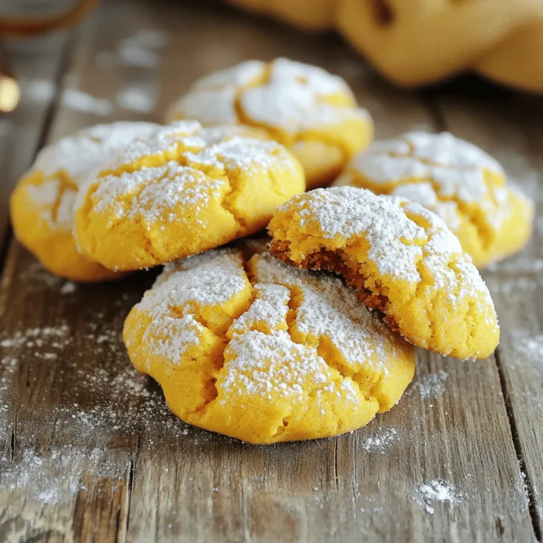 To make pumpkin crinkle cookies, gather these ingredients: - 1 cup canned pumpkin puree (ensure it's not pumpkin pie filling) - 1/2 cup vegetable oil - 1 cup packed brown sugar - 1/2 cup granulated sugar - 2 teaspoons pure vanilla extract - 2 cups all-purpose flour - 2 teaspoons baking powder - 1 teaspoon baking soda - 1 teaspoon ground cinnamon - 1/2 teaspoon ground ginger - 1/4 teaspoon ground nutmeg - 1/4 teaspoon salt - 1/2 cup powdered sugar (for rolling) When choosing pumpkin puree, select pure pumpkin. This gives the best flavor. Avoid pumpkin pie filling as it includes sugar and spices. Using fresh spices also boosts taste. Ground spices lose flavor over time, so fresh is best. You can customize your cookies. Try adding chocolate chips or nuts for extra crunch. If you want a spicy kick, add a dash of cayenne pepper. 1. Start by preheating your oven to 350°F (175°C). This step gets your oven ready for baking. 2. Line two baking sheets with parchment paper. This will help prevent sticking. 3. In a large mixing bowl, combine the canned pumpkin puree, vegetable oil, brown sugar, granulated sugar, and vanilla extract. Mix these until smooth. A whisk or hand mixer works great here. 4. In another bowl, mix the flour, baking powder, baking soda, cinnamon, ginger, nutmeg, and salt. Whisk until blended. This helps the spices and leavening agents mix well. 5. Gradually add the dry mixture to the wet ingredients. Stir gently until just combined. The dough will be thick and a bit sticky. 6. Cover the bowl with plastic wrap. Chill the dough in the fridge for about 30 minutes. Chilling makes the dough easier to shape. 7. After chilling, scoop out about 1.5 tablespoons of dough for each cookie. Roll each piece into a ball using your hands. 8. Pour powdered sugar onto a plate. Roll each dough ball in the sugar until fully coated. This creates that lovely crinkle effect. 9. Place the rolled cookies on the prepared baking sheets. Space them about 2 inches apart to allow for spreading while baking. 1. Bake the cookies in the preheated oven for 12-15 minutes. Look for edges that are set and tops with crinkles. 2. The cookies should feel soft yet firm when you gently press them. 3. Once baked, remove the sheets from the oven. Let the cookies cool on the sheets for 5 minutes. Then transfer them to a wire rack for complete cooling. For the [Full Recipe], you can follow these steps to create your delicious pumpkin crinkle cookies. Enjoy every bite! To make great pumpkin crinkle cookies, start with the right dough. A common mistake is over-mixing. Stir until just combined to keep the cookies soft. If the dough feels too sticky, add a bit of flour. This will help shape the cookies easily. Chilling the dough for 30 minutes makes it easier to scoop and roll. For more flavor, try extra spices like allspice or cloves. A splash of maple extract can add a warm twist. Adjust sweetness by using less sugar if you enjoy a spicier cookie. Balance helps the flavor shine through. For the best results, taste the dough before baking. This way, you can tweak it to your liking. Enjoy the process of creating your perfect cookie! {{image_4}} For those with dietary needs, I have great tips. - Gluten-free version: Use a gluten-free flour blend. Make sure it’s a 1:1 ratio. This keeps the cookies light and fluffy. - Vegan adaptations: Replace eggs with flaxseed meal. Mix one tablespoon of flaxseed with three tablespoons of water. Let it sit for five minutes to thicken. Use plant-based oil instead of vegetable oil. Let’s make these cookies even more fun! - Adding chocolate chips or nuts: Fold in half a cup of chocolate chips or chopped nuts. This adds richness and crunch. Try walnuts or pecans for a nutty twist. - Swapping spices for seasonal variations: You can switch up the spices. Try adding a pinch of cardamom for a warm flavor. Use allspice instead of the nutmeg for a different taste. You can even add a dash of cayenne for a spicy kick! These variations keep your pumpkin crinkle cookies exciting. Feel free to mix and match! Try the full recipe to get started. To keep your pumpkin crinkle cookies fresh, store them in an airtight container. This helps maintain their soft texture and flavor. I recommend using a container that fits the cookies without squishing them. Line the bottom with parchment paper for added protection. Place a layer of cookies, then add more parchment if stacking. Keep them at room temperature for up to a week. You can freeze both the dough and the baked cookies. To freeze the dough, scoop and roll it into balls. Place the balls on a baking sheet and freeze them until solid. Then, transfer them to a freezer bag. For baked cookies, let them cool completely. Layer them between parchment paper in a freezer-safe container. They can last up to three months in the freezer. When you’re ready to enjoy them, thaw the dough overnight in the fridge. For baked cookies, just let them sit at room temperature. You can warm them in the oven for a few minutes to restore their soft texture. Enjoy your pumpkin crinkle cookies anytime! For the full recipe, check out the complete guide. How to tell if my cookies are baked properly? Your cookies are baked when their edges are set and the tops show cracks. They should feel soft but firm when you press them gently. A golden edge and a slightly shiny top are signs of perfection. Can I use pumpkin pie filling instead of pumpkin puree? No, you should not use pumpkin pie filling. It has spices and sweeteners added. Use only plain canned pumpkin puree for the best flavor and texture in your cookies. How long do pumpkin crinkle cookies last? Pumpkin crinkle cookies stay fresh for about 5 days when stored properly. Keep them in an airtight container at room temperature. For longer storage, you can freeze them. Can I make the dough ahead of time? Yes! You can make the dough a day in advance. Just wrap it tightly in plastic wrap and store it in the fridge. This makes it easy to bake fresh cookies when you're ready. For even longer storage, freeze the dough. We explored how to make delicious Pumpkin Crinkle Cookies. You learned the right ingredients and their quality importance. I shared step-by-step instructions and baking tips to ensure your cookies turn out perfect every time. We also covered variations and storage methods to keep your treats fresh. In the end, you can customize these cookies to fit your tastes. Enjoy making them for yourself or sharing with friends! Your baking skills will shine with this fun recipe.