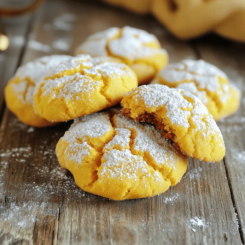 To make pumpkin crinkle cookies, gather these ingredients: - 1 cup canned pumpkin puree (ensure it's not pumpkin pie filling) - 1/2 cup vegetable oil - 1 cup packed brown sugar - 1/2 cup granulated sugar - 2 teaspoons pure vanilla extract - 2 cups all-purpose flour - 2 teaspoons baking powder - 1 teaspoon baking soda - 1 teaspoon ground cinnamon - 1/2 teaspoon ground ginger - 1/4 teaspoon ground nutmeg - 1/4 teaspoon salt - 1/2 cup powdered sugar (for rolling) When choosing pumpkin puree, select pure pumpkin. This gives the best flavor. Avoid pumpkin pie filling as it includes sugar and spices. Using fresh spices also boosts taste. Ground spices lose flavor over time, so fresh is best. You can customize your cookies. Try adding chocolate chips or nuts for extra crunch. If you want a spicy kick, add a dash of cayenne pepper. 1. Start by preheating your oven to 350°F (175°C). This step gets your oven ready for baking. 2. Line two baking sheets with parchment paper. This will help prevent sticking. 3. In a large mixing bowl, combine the canned pumpkin puree, vegetable oil, brown sugar, granulated sugar, and vanilla extract. Mix these until smooth. A whisk or hand mixer works great here. 4. In another bowl, mix the flour, baking powder, baking soda, cinnamon, ginger, nutmeg, and salt. Whisk until blended. This helps the spices and leavening agents mix well. 5. Gradually add the dry mixture to the wet ingredients. Stir gently until just combined. The dough will be thick and a bit sticky. 6. Cover the bowl with plastic wrap. Chill the dough in the fridge for about 30 minutes. Chilling makes the dough easier to shape. 7. After chilling, scoop out about 1.5 tablespoons of dough for each cookie. Roll each piece into a ball using your hands. 8. Pour powdered sugar onto a plate. Roll each dough ball in the sugar until fully coated. This creates that lovely crinkle effect. 9. Place the rolled cookies on the prepared baking sheets. Space them about 2 inches apart to allow for spreading while baking. 1. Bake the cookies in the preheated oven for 12-15 minutes. Look for edges that are set and tops with crinkles. 2. The cookies should feel soft yet firm when you gently press them. 3. Once baked, remove the sheets from the oven. Let the cookies cool on the sheets for 5 minutes. Then transfer them to a wire rack for complete cooling. For the [Full Recipe], you can follow these steps to create your delicious pumpkin crinkle cookies. Enjoy every bite! To make great pumpkin crinkle cookies, start with the right dough. A common mistake is over-mixing. Stir until just combined to keep the cookies soft. If the dough feels too sticky, add a bit of flour. This will help shape the cookies easily. Chilling the dough for 30 minutes makes it easier to scoop and roll. For more flavor, try extra spices like allspice or cloves. A splash of maple extract can add a warm twist. Adjust sweetness by using less sugar if you enjoy a spicier cookie. Balance helps the flavor shine through. For the best results, taste the dough before baking. This way, you can tweak it to your liking. Enjoy the process of creating your perfect cookie! {{image_4}} For those with dietary needs, I have great tips. - Gluten-free version: Use a gluten-free flour blend. Make sure it’s a 1:1 ratio. This keeps the cookies light and fluffy. - Vegan adaptations: Replace eggs with flaxseed meal. Mix one tablespoon of flaxseed with three tablespoons of water. Let it sit for five minutes to thicken. Use plant-based oil instead of vegetable oil. Let’s make these cookies even more fun! - Adding chocolate chips or nuts: Fold in half a cup of chocolate chips or chopped nuts. This adds richness and crunch. Try walnuts or pecans for a nutty twist. - Swapping spices for seasonal variations: You can switch up the spices. Try adding a pinch of cardamom for a warm flavor. Use allspice instead of the nutmeg for a different taste. You can even add a dash of cayenne for a spicy kick! These variations keep your pumpkin crinkle cookies exciting. Feel free to mix and match! Try the full recipe to get started. To keep your pumpkin crinkle cookies fresh, store them in an airtight container. This helps maintain their soft texture and flavor. I recommend using a container that fits the cookies without squishing them. Line the bottom with parchment paper for added protection. Place a layer of cookies, then add more parchment if stacking. Keep them at room temperature for up to a week. You can freeze both the dough and the baked cookies. To freeze the dough, scoop and roll it into balls. Place the balls on a baking sheet and freeze them until solid. Then, transfer them to a freezer bag. For baked cookies, let them cool completely. Layer them between parchment paper in a freezer-safe container. They can last up to three months in the freezer. When you’re ready to enjoy them, thaw the dough overnight in the fridge. For baked cookies, just let them sit at room temperature. You can warm them in the oven for a few minutes to restore their soft texture. Enjoy your pumpkin crinkle cookies anytime! For the full recipe, check out the complete guide. How to tell if my cookies are baked properly? Your cookies are baked when their edges are set and the tops show cracks. They should feel soft but firm when you press them gently. A golden edge and a slightly shiny top are signs of perfection. Can I use pumpkin pie filling instead of pumpkin puree? No, you should not use pumpkin pie filling. It has spices and sweeteners added. Use only plain canned pumpkin puree for the best flavor and texture in your cookies. How long do pumpkin crinkle cookies last? Pumpkin crinkle cookies stay fresh for about 5 days when stored properly. Keep them in an airtight container at room temperature. For longer storage, you can freeze them. Can I make the dough ahead of time? Yes! You can make the dough a day in advance. Just wrap it tightly in plastic wrap and store it in the fridge. This makes it easy to bake fresh cookies when you're ready. For even longer storage, freeze the dough. We explored how to make delicious Pumpkin Crinkle Cookies. You learned the right ingredients and their quality importance. I shared step-by-step instructions and baking tips to ensure your cookies turn out perfect every time. We also covered variations and storage methods to keep your treats fresh. In the end, you can customize these cookies to fit your tastes. Enjoy making them for yourself or sharing with friends! Your baking skills will shine with this fun recipe.