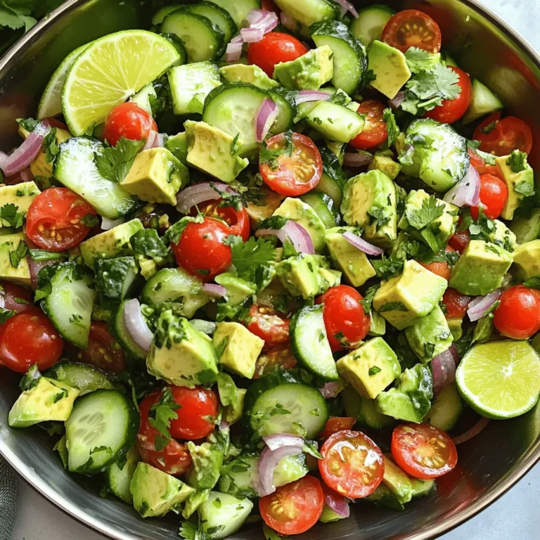 To make a vibrant Avocado Lime Cucumber Salad, you need fresh and tasty ingredients. Here’s what you’ll need: - Avocados - Cucumber - Cherry Tomatoes - Red Onion - Fresh Cilantro - Lime Juice - Extra Virgin Olive Oil - Honey (optional) - Salt and Pepper Each ingredient plays a key role in the dish. Avocados give creaminess, while cucumbers add crunch. Cherry tomatoes bring sweetness, and red onion adds a touch of sharpness. Fresh cilantro brightens the flavor, and lime juice adds zesty tang. Extra virgin olive oil enriches the salad, while honey can balance the acidity, if you choose to use it. Finally, salt and pepper enhance all the flavors. These ingredients blend well together, creating a dish that is both fresh and flavorful. You can find the full recipe to dive deeper into the steps needed to prepare this delightful salad. Combining Ingredients Start with a large mixing bowl. Add the diced avocados, thinly sliced cucumber, halved cherry tomatoes, and finely chopped red onion. Gently mix these ingredients together. You want them to blend well, but be careful! Avoid mashing the avocados. They should stay in nice, chunky pieces for the best texture. Ensuring Avocados Remain Intact To keep avocados from turning mushy, handle them with care. Use a spatula or your hands to mix. This way, you maintain that creamy, rich bite in each forkful. The goal is to preserve the vibrant green color and flavor of the avocados. Whisking Lime Juice and Olive Oil In a small bowl, squeeze fresh lime juice. Add the extra virgin olive oil. Use a whisk to mix them until they blend well. This dressing adds a zesty touch that brightens the salad. Adding Optional Sweetness If you want a hint of sweetness, drop in a teaspoon of honey. Whisk again until fully mixed. This sweet note balances the tangy lime and gives depth to the flavor. Drizzling the Dressing Once your dressing is ready, drizzle it over the salad mixture. This step brings all the ingredients together, enhancing their natural flavors. Gently Tossing Ingredients Now, it’s time to toss everything! Use your hands or a large spoon, and do this gently. You want the ingredients to be coated, but the avocados should stay whole. A light touch is key! Enjoy the vibrant colors as they come together. For the complete steps, check the Full Recipe! Tips for Ripeness When selecting avocados, look for those that feel gently soft when you press them. A ripe avocado will yield slightly but not feel mushy. If it feels hard, it needs more time to ripen on your counter. To speed up ripening, place it in a paper bag with a banana or apple. These fruits give off ethylene gas, which helps avocados ripen faster. Best Avocado Varieties Hass avocados are the most popular type. They have a rich, creamy texture and a dark, bumpy skin. Other varieties include Fuerte and Bacon, which are smoother and have a milder taste. I recommend using Hass for this salad, as they provide the best flavor and texture. Ideal Serving Temperatures This salad shines when served cool. Chill it in the fridge for about 30 minutes before serving. This enhances the flavors and keeps the ingredients fresh. You can enjoy it right away or make it a few hours in advance. Garnishing with Additional Ingredients For a pop of color, add thinly sliced radishes or diced bell peppers. You can also sprinkle some feta cheese or toasted nuts on top for extra flavor and crunch. These additions make your salad more appealing and delicious. Preventing Browning of Avocados To keep your salad looking fresh, avoid cutting avocados too early. Lime juice helps slow browning, so drizzle it over the diced avocados right after cutting. If you have leftovers, store them in an airtight container to limit air exposure. Over-mixing the Salad When combining the ingredients, use a gentle touch. Over-mixing can turn avocados into mush. Instead, fold the ingredients together lightly. This keeps the salad looking vibrant and fresh, ensuring each bite is a delight. For the full recipe, check out the details above and get ready to enjoy a fresh and vibrant dish! {{image_4}} You can make your avocado lime cucumber salad even better by adding more veggies. Here are some ideas: - Radishes: They add a nice crunch and a peppery taste. - Bell Peppers: These bring color and sweetness to the dish. - Carrots: Shredded carrots add color and crunch. - Snap Peas: Their sweetness and crunch make a great addition. For greens, try these: - Spinach: It adds a mild flavor and extra vitamins. - Kale: This adds a hearty texture and great nutrients. - Arugula: It has a peppery flavor that pairs well with lime. If you want to make your salad more filling, add some protein. Here are a few tasty options: - Grilled Chicken: Cooked and sliced, it pairs well with the salad. - Shrimp: Grilled or sautéed shrimp adds a seafood twist. - Chickpeas: These provide a hearty texture and are full of fiber. - Quinoa: This grain adds protein and makes the salad heartier. You can switch up the dressing for more flavor. Here are some variations: - Honey-Lime Vinaigrette: Mix honey, lime juice, and olive oil for a sweet twist. - Yogurt Dressing: Use Greek yogurt for a creamy option. - Spicy Dressing: Add a pinch of chili flakes for some heat. For herbs, try these: - Mint: This brings a fresh and cooling flavor. - Basil: It offers a sweet and aromatic note. - Dill: This adds a unique twist to the salad. These variations keep your salad exciting and tasty. You can find the full recipe for the avocado lime cucumber salad [here](#). - Best Container for Garden Salad: Use an airtight container. This keeps the salad fresh longer. Glass containers work well, but plastic ones are fine too. - Refrigeration Tips: Place the salad in the fridge right away. Cold temperatures help slow spoilage. If possible, keep the dressing separate until ready to serve. This keeps the salad crisp. - How Long It Lasts in the Fridge: The avocado lime cucumber salad stays fresh for about 2 to 3 days. After that, the avocados may turn brown and mushy. - Signs of Spoilage: Look for changes in color or smell. If the salad smells sour, it is best to toss it. Also, if the avocados look very brown or slimy, it is no longer good to eat. For the full recipe, check out the Avocado Lime Cucumber Salad. To keep your avocado salad fresh, use lime juice. Lime juice slows down browning. You can also cover the salad tightly. Use plastic wrap or a lid. Ensure the wrap touches the salad to limit air exposure. If you have extra lime juice, drizzle it on top before storing. Yes, you can make this salad early. Prepare the salad base without the avocados. Store it in the fridge. Add the avocados just before serving. This keeps them fresh and green. If the salad sits too long, it may lose its crunch and taste. Yes, this salad is gluten-free. All ingredients are naturally gluten-free. The avocados, cucumber, and tomatoes are safe for gluten-free diets. If you add anything, check for gluten-free labels. This salad is great for anyone needing to avoid gluten. In this blog post, I shared a fresh avocado salad recipe. You learned about key ingredients, from avocados to lime juice. I have given you clear instructions for prep and mixing. You now know tips for choosing ripe avocados and preventing browning. Consider adding proteins or extra veggies to boost flavor. Store any leftovers properly to keep them fresh. This salad is simple and customizable. Enjoy making a dish that is healthy and delicious!