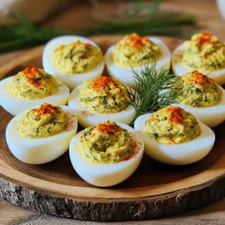 To make dill pickle deviled eggs, you will need: - 6 large eggs - 3 tablespoons mayonnaise - 2 tablespoons dill pickle relish - 1 teaspoon Dijon mustard - 1 teaspoon apple cider vinegar - 1/4 teaspoon garlic powder - Salt and black pepper to taste - Fresh dill for garnish (optional) - Paprika for garnish (optional) This mix gives a creamy and tangy flavor that is hard to resist. You can easily swap some ingredients if you need to. Here are a few ideas: - Mayonnaise: Use Greek yogurt for a lighter option. - Dill pickle relish: Chopped dill pickles work well too. - Dijon mustard: Yellow mustard can replace Dijon if you prefer. - Apple cider vinegar: White vinegar is a good substitute if needed. - Garlic powder: Fresh minced garlic adds a nice touch, but use less. These swaps can help fit your taste or what you have on hand. To make these deviled eggs, you will need some basic tools: - Medium-sized pot for boiling eggs - Bowl for an ice bath - Sharp knife for cutting eggs - Mixing bowl for the filling - Fork for mashing yolks - Spoon or piping bag for filling eggs Having the right tools makes the process smooth and fun. For the full recipe, check the detailed instructions! To start, you need to cook the eggs. Place 6 large eggs in a medium pot. Fill the pot with cold water until the eggs are covered. Set the pot on medium-high heat. Bring the water to a boil. Once boiling, cover the pot and take it off the heat. Let the eggs sit for 10-12 minutes to cook. Next, prepare an ice bath. Fill a large bowl with ice and cold water. Carefully move the eggs to the ice bath. This cools them down fast and makes peeling easier. After 5 minutes, tap each egg gently on a hard surface. Peel the eggs under running water for smooth results. Now it's time to make the filling. Slice each peeled egg in half lengthwise. Scoop the yolks into a mixing bowl. For the filling, you will need: - 3 tablespoons mayonnaise - 2 tablespoons dill pickle relish - 1 teaspoon Dijon mustard - 1 teaspoon apple cider vinegar - 1/4 teaspoon garlic powder - Salt and black pepper to taste Add these ingredients to the yolks. Use a fork to mash them together. Mix until creamy and smooth. Taste the filling and adjust salt and pepper as you like. To fill the egg whites, you have two options. Use a piping bag for a neat look. If you prefer, you can use a spoon for a more rustic style. Fill each egg white half with the yolk mixture. Lastly, add a sprinkle of paprika on top for color. If you want, place a small piece of fresh dill as a garnish. This adds a nice touch and makes the eggs look great. For the full recipe, check the earlier section. Enjoy your delicious Dill Pickle Deviled Eggs! To cook eggs just right, I start with cold water. Place the eggs in a pot and cover them. Bring the water to a boil over medium-high heat. Once boiling, cover the pot and take it off the heat. Let the eggs sit for 10-12 minutes. This method helps prevent green rings around the yolks. After cooking, I move the eggs to an ice bath. This cools them quickly and stops cooking. It also makes peeling easier. When peeling, tap the eggs gently. Peel them under running water to make it smoother. Store leftover deviled eggs in a sealed container. Keep them in the fridge for up to three days. To serve, place them on a platter to show off their beauty. You can add fresh dill or sprinkle paprika for extra flair. If you’re taking them to a party, use a covered dish. This will keep them safe and fresh. Serve them chilled for the best taste. Want to kick up the flavor? You can add hot sauce for a spicy kick. A splash of pickle juice can add more tang. Chopped green onions or bacon bits can give a nice crunch. Experiment with different herbs like chives or parsley. Each addition can make your deviled eggs unique. Customize them to suit your taste or the occasion. For the full recipe, check out the details earlier. {{image_4}} To spice things up, try adding heat to your deviled eggs. You can mix in a bit of hot sauce or diced jalapeños with the yolk filling. This will give your eggs a nice kick. You can also sprinkle crushed red pepper flakes on top for extra flavor. Adjust the heat level to suit your taste. Want a vegan twist? You can swap the eggs for tofu. Silken tofu works best for a creamy texture. Blend the tofu with dill pickle relish, vegan mayo, and spices from the original recipe. This gives you a tasty and plant-based version. It's a fun option for your vegan friends. Garnishing can elevate your deviled eggs. Instead of paprika, try using crushed nuts or seeds for crunch. You could also top them with sliced olives or capers for a savory touch. Fresh herbs like chives or parsley add a pop of color and flavor. Experiment with different toppings to make your eggs stand out. For the full recipe, check out the complete steps to make these delicious Dill Pickle Deviled Eggs. To keep your Dill Pickle Deviled Eggs fresh, place them in an airtight container. Cover the container tightly to prevent any odors from getting in. Store them in the fridge for up to three days. If you expect to have leftovers, I suggest not filling all the eggs at once. This way, the egg whites stay fresh longer. While deviled eggs do not freeze well, you can freeze the filling. Scoop the yolk mixture into a freezer-safe bag. Seal it tightly, then label it with the date. You can store the filling for up to three months. When ready to use, thaw it in the fridge overnight. Then, fill the egg whites fresh for the best taste. To keep your eggs fresh before cooking, store them in their original carton in the fridge. The carton protects them from absorbing odors. Also, try to use them within three to five weeks of purchase for the best results. Remember to check for cracks before cooking. If they look good, you’ll have perfect eggs for your deviled eggs! Yes, you can make Dill Pickle Deviled Eggs ahead of time. They taste great when chilled. I suggest making them a day before your event. Store them in the fridge in an airtight container. This keeps them fresh and tasty. The flavors blend well when they sit, making them even better! For this recipe, dill pickle relish works best. It adds that classic tangy flavor. You can also use finely chopped dill pickles if you prefer more crunch. Sweet pickles do not work well here, as they change the taste. Stick with dill for the real deal! To know when your eggs are perfectly hard-boiled, follow the cooking time closely. After boiling, let them rest for 10-12 minutes. Then, cool them in an ice bath. If the yolk is bright yellow and firm, you did it right! If you see a green ring around the yolk, they overcooked. A perfect egg is key for great Dill Pickle Deviled Eggs. For the full recipe, check out the details above! Dill pickle deviled eggs make a tasty twist on a classic dish. We covered the key ingredients, suggested swaps, and the tools you need. I shared tips to cook perfect eggs and fresh storage methods. You can even try fun variations, like spicy or vegan options. With this guide, you can impress anyone with these easy yet flavorful bites. Enjoy making your dill pickle deviled eggs perfect for any gathering!