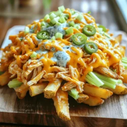 - 1 pound frozen French fries - 1 cup cooked chicken, shredded - 1/2 cup buffalo sauce - 1 cup shredded cheddar cheese - 1/2 cup blue cheese dressing (or ranch dressing) - 1/4 cup green onions, sliced - 1/4 cup celery, diced - Sliced jalapeños for heat - Salt and pepper, to taste When you gather these ingredients, you're ready for a fun cooking adventure. The French fries form the base, giving you that crispy texture. The shredded chicken mixed with buffalo sauce adds a spicy kick. You can adjust the buffalo sauce to match your heat level. The cheddar cheese brings richness and gooeyness, making each bite delightful. Feel free to add optional toppings! Blue cheese or ranch dressing cools the heat while green onions and celery provide a nice crunch. If you're brave, sliced jalapeños add even more spice. This recipe is a crowd-pleaser, perfect for game day or a cozy night in. You can find the full recipe for all the steps to make these Loaded Buffalo Chicken Fries. Enjoy creating this tasty dish! - Preheat oven according to package instructions. - Arrange fries on a baking sheet and bake until golden brown. Start by heating your oven to the right temperature. Check the package for specifics. Now, spread your frozen fries evenly on a baking sheet. Make sure they have space around them. This helps them get nice and crispy. Bake them for about 20-25 minutes, or until they turn a lovely golden brown. - Combine shredded chicken with buffalo sauce in a bowl. - Adjust buffalo sauce quantity for desired heat level. While your fries bake, let’s make the buffalo chicken. Take a bowl and add your shredded chicken. Pour in the buffalo sauce and mix well. Stir until every piece of chicken is coated. If you like it spicy, feel free to add more sauce. Adjust it to your taste! - Distribute buffalo chicken over baked fries. - Top with cheddar cheese and bake again until melted. Once the fries are ready, take them out of the oven. Carefully spread the buffalo chicken mixture over the hot fries. Make sure every fry gets some chicken. Now, grab your shredded cheddar cheese and sprinkle it all over the top. This is where the magic happens! Put the loaded fries back in the oven for another 5-7 minutes. Watch them closely until the cheese is melted and bubbly. After they are done, take them out and drizzle some blue cheese dressing on top. For a fresh crunch, add sliced green onions and diced celery. If you want some heat, add sliced jalapeños before serving. Enjoy these Loaded Buffalo Chicken Fries hot and share them with friends or keep them all to yourself! For the full recipe, check out the details above. To get the best crispy fries, space them out on your baking sheet. This allows hot air to circulate. Follow the baking temperature on the package for perfect results. If you crowd the fries, they may turn out soggy. You can switch up the buffalo sauce. Try different brands or even make your own. You can add flavors like garlic or chipotle to give it a unique twist. This helps you find the heat level that you love. Mix different cheeses for a richer flavor. I like to use cheddar and mozzarella together. Cover the fries loosely with foil while baking. This helps melt the cheese faster and keeps it gooey. You will enjoy a perfect cheese pull with every bite! {{image_4}} You can easily switch up the protein in this dish. Instead of chicken, try using shredded beef or pulled pork. Both options add a unique twist to the flavor. If you prefer a plant-based meal, shredded jackfruit or tofu works great. These vegan alternatives soak up the buffalo sauce well and keep the dish satisfying. To make your Loaded Buffalo Chicken Fries even better, think about flavor boosts. Adding roasted garlic gives a rich, deep taste. Sautéed mushrooms also bring a nice earthiness. You can also try different dressings. Ranch or garlic dressing can offer a creamier touch, while a balsamic glaze adds a sweet zing. If you love heat, there are simple ways to ramp it up. Add more buffalo sauce to the chicken mix for a stronger kick. You can also drizzle hot sauce over the top before serving. For a cheesy punch, use spicy cheese blends like pepper jack. This will ensure every bite packs a flavorful punch. For the Full Recipe, check the main section of the article. After enjoying your Loaded Buffalo Chicken Fries, store the extras in an airtight container. This keeps them fresh. I recommend eating them within 2-3 days. The flavors stay strong, and you can still taste that spicy kick. To reheat, the oven is best for texture. Set it to 350°F (175°C) and bake your fries. This helps them regain their crispiness. If you’re short on time, you can use the microwave. However, be aware that it may lose some of that crunch. You can also freeze Loaded Buffalo Chicken Fries before baking. Just arrange them on a baking sheet and freeze until solid. Once frozen, move them to a freezer bag. When you’re ready to bake, thaw them completely. Then, follow the baking instructions from the Full Recipe to enjoy a delicious meal. Yes, you can use fresh fries. They taste great! Just remember to adjust the baking time. Fresh fries may need a bit less time than frozen ones. Keep an eye on them as they bake. You want them crispy but not burnt. You have many tasty choices for dipping sauces. Ranch dressing is a classic favorite. Blue cheese dressing adds a rich flavor. If you like some heat, try sriracha mayo. Each sauce brings out the flavors of the fries and chicken. Making this dish healthier is easy. Use baked fries instead of fried ones. You can also swap in low-fat cheese or dressings. These small changes still give you great taste while cutting calories. Enjoy your Loaded Buffalo Chicken Fries guilt-free! This post showed you how to make loaded buffalo chicken fries. We went through the key ingredients, including fries, chicken, and buffalo sauce. You learned tips for getting crispy fries and ideas for variations with different proteins. Storing and reheating tips help keep your fries tasty longer. In the end, enjoy this fun recipe and make it your own!