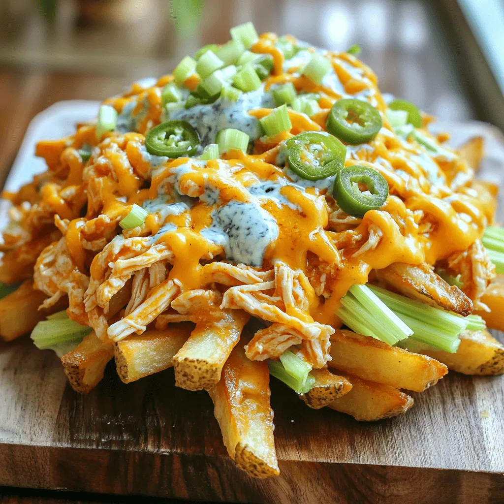 - 1 pound frozen French fries - 1 cup cooked chicken, shredded - 1/2 cup buffalo sauce - 1 cup shredded cheddar cheese - 1/2 cup blue cheese dressing (or ranch dressing) - 1/4 cup green onions, sliced - 1/4 cup celery, diced - Sliced jalapeños for heat - Salt and pepper, to taste When you gather these ingredients, you're ready for a fun cooking adventure. The French fries form the base, giving you that crispy texture. The shredded chicken mixed with buffalo sauce adds a spicy kick. You can adjust the buffalo sauce to match your heat level. The cheddar cheese brings richness and gooeyness, making each bite delightful. Feel free to add optional toppings! Blue cheese or ranch dressing cools the heat while green onions and celery provide a nice crunch. If you're brave, sliced jalapeños add even more spice. This recipe is a crowd-pleaser, perfect for game day or a cozy night in. You can find the full recipe for all the steps to make these Loaded Buffalo Chicken Fries. Enjoy creating this tasty dish! - Preheat oven according to package instructions. - Arrange fries on a baking sheet and bake until golden brown. Start by heating your oven to the right temperature. Check the package for specifics. Now, spread your frozen fries evenly on a baking sheet. Make sure they have space around them. This helps them get nice and crispy. Bake them for about 20-25 minutes, or until they turn a lovely golden brown. - Combine shredded chicken with buffalo sauce in a bowl. - Adjust buffalo sauce quantity for desired heat level. While your fries bake, let’s make the buffalo chicken. Take a bowl and add your shredded chicken. Pour in the buffalo sauce and mix well. Stir until every piece of chicken is coated. If you like it spicy, feel free to add more sauce. Adjust it to your taste! - Distribute buffalo chicken over baked fries. - Top with cheddar cheese and bake again until melted. Once the fries are ready, take them out of the oven. Carefully spread the buffalo chicken mixture over the hot fries. Make sure every fry gets some chicken. Now, grab your shredded cheddar cheese and sprinkle it all over the top. This is where the magic happens! Put the loaded fries back in the oven for another 5-7 minutes. Watch them closely until the cheese is melted and bubbly. After they are done, take them out and drizzle some blue cheese dressing on top. For a fresh crunch, add sliced green onions and diced celery. If you want some heat, add sliced jalapeños before serving. Enjoy these Loaded Buffalo Chicken Fries hot and share them with friends or keep them all to yourself! For the full recipe, check out the details above. To get the best crispy fries, space them out on your baking sheet. This allows hot air to circulate. Follow the baking temperature on the package for perfect results. If you crowd the fries, they may turn out soggy. You can switch up the buffalo sauce. Try different brands or even make your own. You can add flavors like garlic or chipotle to give it a unique twist. This helps you find the heat level that you love. Mix different cheeses for a richer flavor. I like to use cheddar and mozzarella together. Cover the fries loosely with foil while baking. This helps melt the cheese faster and keeps it gooey. You will enjoy a perfect cheese pull with every bite! {{image_4}} You can easily switch up the protein in this dish. Instead of chicken, try using shredded beef or pulled pork. Both options add a unique twist to the flavor. If you prefer a plant-based meal, shredded jackfruit or tofu works great. These vegan alternatives soak up the buffalo sauce well and keep the dish satisfying. To make your Loaded Buffalo Chicken Fries even better, think about flavor boosts. Adding roasted garlic gives a rich, deep taste. Sautéed mushrooms also bring a nice earthiness. You can also try different dressings. Ranch or garlic dressing can offer a creamier touch, while a balsamic glaze adds a sweet zing. If you love heat, there are simple ways to ramp it up. Add more buffalo sauce to the chicken mix for a stronger kick. You can also drizzle hot sauce over the top before serving. For a cheesy punch, use spicy cheese blends like pepper jack. This will ensure every bite packs a flavorful punch. For the Full Recipe, check the main section of the article. After enjoying your Loaded Buffalo Chicken Fries, store the extras in an airtight container. This keeps them fresh. I recommend eating them within 2-3 days. The flavors stay strong, and you can still taste that spicy kick. To reheat, the oven is best for texture. Set it to 350°F (175°C) and bake your fries. This helps them regain their crispiness. If you’re short on time, you can use the microwave. However, be aware that it may lose some of that crunch. You can also freeze Loaded Buffalo Chicken Fries before baking. Just arrange them on a baking sheet and freeze until solid. Once frozen, move them to a freezer bag. When you’re ready to bake, thaw them completely. Then, follow the baking instructions from the Full Recipe to enjoy a delicious meal. Yes, you can use fresh fries. They taste great! Just remember to adjust the baking time. Fresh fries may need a bit less time than frozen ones. Keep an eye on them as they bake. You want them crispy but not burnt. You have many tasty choices for dipping sauces. Ranch dressing is a classic favorite. Blue cheese dressing adds a rich flavor. If you like some heat, try sriracha mayo. Each sauce brings out the flavors of the fries and chicken. Making this dish healthier is easy. Use baked fries instead of fried ones. You can also swap in low-fat cheese or dressings. These small changes still give you great taste while cutting calories. Enjoy your Loaded Buffalo Chicken Fries guilt-free! This post showed you how to make loaded buffalo chicken fries. We went through the key ingredients, including fries, chicken, and buffalo sauce. You learned tips for getting crispy fries and ideas for variations with different proteins. Storing and reheating tips help keep your fries tasty longer. In the end, enjoy this fun recipe and make it your own!