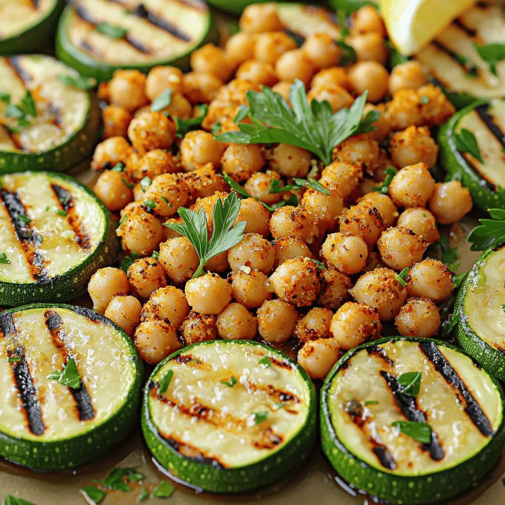 - 2 medium zucchinis, sliced into ½-inch rounds - 1 can (15 oz) chickpeas, drained and thoroughly rinsed - 2 tablespoons extra virgin olive oil (divided) - 1 teaspoon smoked paprika - 1 teaspoon garlic powder - 1 teaspoon ground cumin - Juice and zest of 1 large lemon - Fresh parsley, finely chopped (for garnish) When I make Lemony Grilled Zucchini with Crispy Chickpeas, I focus on fresh, simple ingredients. Zucchini is my star here. I slice it into rounds for even cooking. Chickpeas add a great crunch. I always use canned chickpeas for quick prep. Rinsing them well removes excess salt and helps them crisp up. Next, I drizzle olive oil on both the zucchini and chickpeas. Olive oil adds flavor and helps with cooking. For seasonings, I use smoked paprika, garlic powder, and ground cumin. These spices give depth to the dish. They also make it smell amazing while cooking. Finally, I add fresh lemon juice and zest. This brightens up the flavors. Chopped parsley adds color and a fresh taste. It makes the dish look beautiful on the plate. You can find the Full Recipe for all the details on how to prepare this delicious dish. 1. First, preheat your grill or grill pan over medium heat. This step is key for good grill marks. 2. While the grill heats, prepare the chickpeas. Use a paper towel to pat them dry. This helps them get crispy. 3. In a bowl, mix the chickpeas with 1 tablespoon of olive oil, smoked paprika, garlic powder, ground cumin, and a pinch of salt and pepper. Toss them well until they are evenly coated. 1. Spread the seasoned chickpeas on a baking sheet in a single layer. 2. Place the baking sheet in a preheated oven set to 400°F (200°C) for 20-25 minutes. 3. Remember to shake the pan halfway through. This helps them crisp up evenly until they turn golden and crunchy. 1. While the chickpeas roast, prepare the zucchini slices. In a bowl, combine the zucchini rounds with the remaining tablespoon of olive oil, lemon juice, lemon zest, and a sprinkle of salt and pepper. Toss gently to coat. 2. Grill the zucchini slices for about 4-5 minutes on each side. Aim for nice grill marks and tenderness while keeping a slight crisp. Follow these steps, and you’ll create a dish that is not only tasty but also visually stunning. For the full recipe, check out the complete guide! To make your chickpeas crispy, start by drying them well. Use a paper towel to soak up moisture. This step is key. Next, coat them with olive oil and spices. I love using smoked paprika, garlic powder, and cumin for a flavor boost. Roast them in the oven at 400°F (200°C) for 20-25 minutes. Shake the pan halfway through to ensure even crispiness. You want them golden and crunchy for the best texture. When grilling zucchini, avoid overcooking. Slice your zucchini into ½-inch rounds for even cooking. Toss them with olive oil, lemon juice, and seasoning before grilling. Grill each side for about 4-5 minutes. Look for those lovely grill marks and a tender but crisp bite. To check for doneness, poke a slice with a fork. It should feel soft but not mushy. To make your dish shine, arrange the grilled zucchini on a platter in a circular pattern. Scatter the crispy chickpeas over them for a colorful look. Just before serving, drizzle a little lemon juice on top. This adds brightness and makes the dish more inviting. A sprinkle of fresh parsley adds a nice touch too! For the full recipe, check out the [Full Recipe]. {{image_4}} You can change the spices to give your dish a new twist. Try adding chili powder for heat or Italian herbs for an aromatic touch. For vegetable swaps, bell peppers or eggplant work well, adding a different texture and flavor. If you're looking for a bit of sweetness, consider roasting carrots alongside your zucchini. If grilling isn't an option, you can roast the zucchini in the oven. Set it to 400°F (200°C) and roast for about 15-20 minutes until tender. You can also cook the zucchini on the stovetop in a skillet over medium heat. Just be sure to oil the pan. For a vegan option, skip the chickpeas or use a different protein like tofu. To enhance your dish, consider pairing it with a yogurt sauce or tahini dressing. These add creaminess and flavor. You could also serve the zucchini and chickpeas with quinoa or rice for a hearty meal. For meal prep, store the zucchini and chickpeas in separate containers. This keeps everything fresh and prevents sogginess. For the full recipe, check the detailed instructions provided earlier. To keep your leftover Lemony Grilled Zucchini with Crispy Chickpeas fresh, follow these tips: - Place the zucchini and chickpeas in separate airtight containers. This prevents sogginess. - Store them in the fridge right away. They stay good for about 3 days. You can freeze the chickpeas but not the zucchini. - For chickpeas, spread them on a baking sheet and freeze until firm. Then, transfer to a freezer bag. - Zucchini does not freeze well. It becomes mushy when thawed. When you want to use frozen chickpeas: - Thaw them overnight in the fridge. - To reheat, you can bake or pan-fry them until warm and crispy. Reheating your dish correctly keeps the flavors and texture intact. - Use an oven for best results. Preheat to 350°F (175°C) and heat for about 10 minutes. - You can use a microwave if in a hurry. Heat in short bursts to avoid sogginess. - For crispy chickpeas, consider a quick pan-fry after reheating to regain crunch. This way, you maintain the tasty experience of the Lemony Grilled Zucchini with Crispy Chickpeas. Yes, you can! If you don't have a grill, use a grill pan or an oven. A grill pan gives you those great marks. Preheat it over medium heat, then add the zucchini. For the oven method, lay zucchini slices on a baking sheet and broil them for about 5-7 minutes. Flip halfway for even cooking. You’ll still get tender, tasty zucchini! To make chickpeas crispy, start by drying them well. Pat them with a paper towel after rinsing. The less moisture, the better! Toss them in oil and seasonings. Spread them in a single layer on a baking sheet. Roast at 400°F (200°C) for 20-25 minutes. Shake the pan halfway through to ensure they crisp up evenly. If you need a substitute for zucchini, try yellow squash or eggplant. Both will grill well and taste great. You can also use bell peppers for a crunchy option. Each brings a different flavor and texture, so feel free to experiment! Yes, this dish is gluten-free! All the ingredients in Lemony Grilled Zucchini with Crispy Chickpeas are safe for those avoiding gluten. Just double-check any store-bought items, like spices, to be sure they are labeled gluten-free. This dish lasts about 3-4 days in the fridge. Store the zucchini and chickpeas in an airtight container. To keep them fresh, eat them within that time. Reheat gently to keep the chickpeas crispy. Enjoy every bite! This article has covered the essential ingredients and steps for grilling zucchini and chickpeas. We explored fresh flavors, seasonings, and helpful tips to ensure delicious results. Remember, you can adjust the ingredients and methods to suit your taste. Try different spices or cooking techniques for fun variations. With proper storage, leftovers stay fresh longer. Enjoy this healthy dish, and don’t hesitate to experiment! Your kitchen creations can be simple and tasty. Happy grilling!