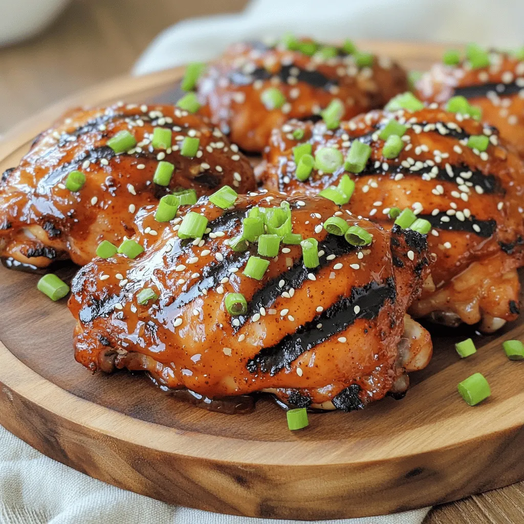 To make this dish, you need the following main ingredients: - 1.5 pounds boneless, skinless chicken thighs - 1/2 cup sweet chili sauce - 2 tablespoons soy sauce - 1 tablespoon freshly grated ginger - 3 cloves of garlic, minced - 1 tablespoon rice vinegar - 1 tablespoon sesame oil - 1/2 teaspoon ground black pepper These ingredients create a tasty and balanced flavor. The chicken thighs work well because they stay juicy when cooked. The sweet chili sauce brings a nice sweetness, while ginger and garlic add depth. To make your dish look even better, consider these optional garnishes: - 1/2 cup green onions, finely chopped - Sesame seeds Adding green onions gives a fresh taste and a pop of color. The sesame seeds add a nice crunch and a nutty flavor. Here are the tools you will need for this recipe: - Large mixing bowl - Whisk - Grill or skillet - Plastic wrap - Small saucepan - Cooking spray or oil brush Having the right tools makes cooking easier. A good grill or skillet is key for achieving those perfect grill marks and flavor. To start, gather your ingredients for the marinade. You need sweet chili sauce, soy sauce, ginger, garlic, rice vinegar, sesame oil, and black pepper. In a large bowl, whisk these together. Make sure they blend well. This mix gives the chicken its tasty flavor. Now, it’s time to marinate the chicken. Take 1.5 pounds of boneless, skinless chicken thighs and add them to the marinade. Use your hands or a spoon to coat each piece fully. This step is key for making the chicken juicy. Cover the bowl with plastic wrap and put it in the fridge. Let it sit for at least 30 minutes. For best results, marinate it overnight. Next, decide how to cook your chicken. You can grill it or use a skillet. If you choose to grill, preheat it over medium-high heat. Make sure to oil the grates to prevent sticking. If using a skillet, heat it the same way. Both methods work great and give the chicken a nice crust. Grill the chicken for about 5-7 minutes on each side. Check the internal temperature. It should reach 165°F (75°C). After cooking, brush the chicken with the reserved marinade. This adds more flavor. Let the chicken rest for a few minutes before slicing it. This keeps the juices inside. For the full recipe, check the details above. Marinating chicken adds great flavor. Use a bowl that fits all the chicken. Whisk together the sweet chili sauce, soy sauce, ginger, garlic, rice vinegar, sesame oil, and black pepper. Coat each piece of chicken well. Cover the bowl and let it sit in the fridge. Aim for at least 30 minutes, but longer is better. Overnight is ideal for richer taste. To keep the chicken juicy, avoid overcooking. Grill or pan-sear until the internal temperature hits 165°F (75°C). Let the chicken rest for a few minutes after cooking. This helps seal in the juices. Use the thickened marinade as a glaze to boost flavor. Slice the grilled chicken into strips for better presentation. Arrange the strips on a platter. Drizzle extra thickened marinade over the top. Garnish with chopped green onions and sesame seeds. This adds color and texture. A beautiful plate makes the meal even more inviting. For the full recipe, check the earlier section. {{image_4}} To make your sweet chili chicken spicy, add more chili sauce. You can also use fresh chopped chili peppers. Try jalapeños or Thai bird chilies for a kick. Adjust the amount based on your taste. This added heat will balance nicely with the sweet sauce. If you want a vegetarian option, swap chicken for tofu. Use firm or extra-firm tofu for best results. Press the tofu to remove extra water, then cube it. Marinate it just like the chicken for great flavor. Cook the tofu until golden brown. You will love this twist on the dish. For a complete meal, serve your sweet chili chicken with rice. Steamed jasmine or brown rice complements the dish well. You can also add sautéed vegetables like bell peppers or broccoli. This adds color and nutrition to your plate. Mix and match sides to suit your taste. You can use the [Full Recipe] for more ideas. After enjoying your sweet chili chicken, let it cool down. Place any leftovers in an airtight container. Store it in the fridge for up to three days. This keeps the chicken fresh and tasty. If you have extra sauce, store it in a separate container. When you’re ready to eat leftovers, you can reheat them easily. Use the microwave for quick heating. Just place the chicken on a plate and cover it. Heat for about one to two minutes. Check if it’s hot enough before serving. You can also reheat in a skillet over low heat. This keeps the chicken juicy. Add a splash of water or sauce to prevent drying out. If you need to store sweet chili chicken for longer, freezing is a great option. Wrap the chicken tightly in plastic wrap, then place it in a freezer bag. Squeeze out as much air as possible. This helps prevent freezer burn. Label the bag with the date. You can freeze it for up to three months. When you are ready to enjoy it again, thaw it overnight in the fridge. Reheat it as explained above for best results. You should marinate the chicken for at least 30 minutes. This time allows the flavors to soak in. For the best taste, marinate overnight. The longer you let it sit, the more flavorful it becomes. Yes, you can use chicken breasts instead of thighs. Chicken breasts are leaner, but they still work well. Just keep an eye on the cooking time. Breasts might cook faster, so check them often. If you need a substitute for sweet chili sauce, try mixing honey with hot sauce. This mix gives a sweet and spicy flavor. You can also use a mix of ketchup and sriracha for a similar taste. Just adjust to your liking! For the full recipe, check it out to see how to make this dish in detail. This guide covered all you need for making Sweet Chili Chicken. You learned about key ingredients, tools, and cooking methods. Each step ensures tasty results. Remember to marinate well and keep your chicken juicy. Feel free to try variations like adding heat or using tofu. Store leftovers safely and reheat carefully. Now, you are set to impress with a delicious meal. Enjoy your cooking and savor every bite!