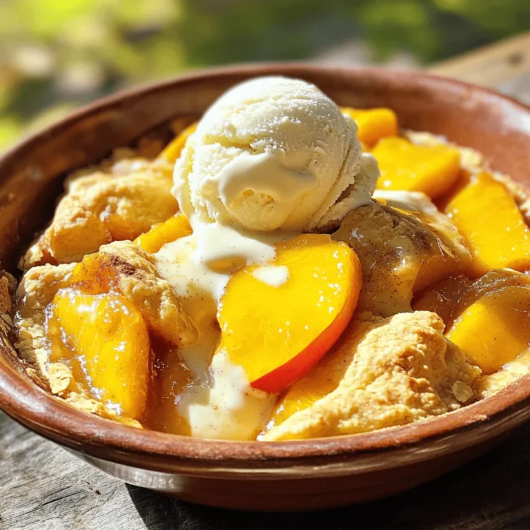 - 4 cups fresh peaches, peeled and sliced - 1/4 cup granulated sugar - 1 teaspoon pure vanilla extract - 1 tablespoon fresh lemon juice - 1 cup all-purpose flour - 1 tablespoon baking powder - 1/2 teaspoon sea salt - 1 teaspoon ground cinnamon - 1/4 cup packed brown sugar - 1 cup whole milk - 1/2 cup unsalted butter, melted Fresh ingredients are key for a tasty peach cobbler. Start with ripe peaches. Look for peaches that are soft yet firm and smell sweet. This will give your cobbler the best flavor. The dry ingredients create the batter. I use all-purpose flour, baking powder, sea salt, ground cinnamon, and brown sugar. Each ingredient adds its unique touch. The flour gives the structure, and the baking powder helps it rise. Sea salt brings out the sweetness, while cinnamon adds warmth. Brown sugar offers a rich taste. For the wet ingredients, I mix whole milk and melted butter. The milk adds moisture, and the butter gives a rich, buttery flavor. This combo helps create a lovely texture. When everything comes together, you get a delicious cobbler. Ready to bake? Check the full recipe for step-by-step instructions! First, you want to prepare your peaches. Toss together 4 cups of peeled and sliced peaches with 1/4 cup of granulated sugar, 1 teaspoon of pure vanilla extract, and 1 tablespoon of fresh lemon juice. This step adds flavor and sweetness. Let this mixture sit for about 10-15 minutes. This resting time allows the flavors to meld nicely. Next, it's time to make the batter. In a bowl, combine 1 cup of all-purpose flour, 1 tablespoon of baking powder, 1/2 teaspoon of sea salt, 1 teaspoon of ground cinnamon, and 1/4 cup of packed brown sugar. Mix these dry ingredients well. Gradually add in 1 cup of whole milk while whisking. Keep mixing until your batter is smooth and thick. Now for the fun part—baking! Pour 1/2 cup of melted unsalted butter into a 9x13 inch baking dish, making sure the bottom is evenly coated. Carefully pour the thick batter over the melted butter. Do not stir! This helps create that lovely cobbler texture. Spoon the peach mixture evenly over the batter. Again, avoid stirring. Place your baking dish in the preheated oven at 375°F. Bake for 35-40 minutes. You know it’s done when the top is golden brown and a toothpick comes out clean. And that’s it! You’ve made a delightful fresh peach cobbler. For a full recipe, check the details above. - Look for ripe, firm peaches with a fragrant aroma. - Avoid peaches with blemishes or soft spots. Choosing the right peaches is key. You want them to be juicy and sweet. Fresh peaches should feel slightly soft when you press gently. A strong, sweet smell tells you they are ripe. If you see any bruises, skip those peaches. They won’t taste good in your cobbler. - Do not stir after pouring the peach mixture over the batter. - Allow the cobbler to sit before serving. To get the best texture, let the batter and peaches do their thing. After you pour the peaches over the batter, don’t stir. This creates that lovely, layered look. After baking, let it cool for about 10 minutes. This helps the cobbler set up, making it easier to serve. - Serve warm with vanilla ice cream. - Garnish with ground cinnamon. For a truly delightful treat, serve your cobbler warm. A scoop of vanilla ice cream on top makes it extra special. The cold ice cream melts into the warm cobbler, creating magic. A light sprinkle of ground cinnamon adds warmth and flavor. You can also check out the Full Recipe for more details! {{image_4}} You can switch up the fruit in this cobbler. If you don’t have peaches, try berries or apples instead. Blueberries or strawberries make a bright, tasty mix. Apples can add a sweet crunch. You can also create a mixed fruit cobbler. Combine peaches, berries, and apples for a fun flavor blend. Each fruit brings its own charm to the dish. If you need a gluten-free option, use almond or coconut flour. These flours work well and keep the cobbler light. For vegan needs, swap regular milk and butter with non-dairy options. Almond or oat milk can be great substitutes. Coconut oil can replace butter too. This way, everyone can enjoy this cobbler without worry. To make this dish even better, add spices like nutmeg or cardamom. A pinch can give your cobbler a warm kick. Before serving, drizzle honey or maple syrup on top. This adds a lovely sweetness and shine. These small changes can elevate your peach cobbler into something special. For the full recipe, check the previous sections. Keep leftovers in an airtight container in the fridge. This helps maintain freshness. Consume within 3-4 days for best flavor. The cobbler tastes great even after a few days. To freeze, wrap slices tightly in plastic wrap. This prevents freezer burn and keeps the taste. Best used within three months. When you want to enjoy it, just thaw and reheat. Reheat in the oven for best results. This method keeps the crust crispy. If you're in a rush, use a microwave for quick service. Just be careful not to overheat it. Yes, but adjust sugar levels as they are often sweeter. Canned peaches can work well, but they may change the taste. Fresh peaches give a brighter flavor and a better texture. If you need to use canned peaches, drain the syrup first. Then, reduce the sugar in the recipe to balance the sweetness. While peeling is recommended for a better texture, it’s optional. The skin adds some color and nutrition, but it can be a little chewy. If you like a smooth cobbler, peel the peaches. If you want to save time, leave the skin on. It still tastes great! Yes, prepare the cobbler ahead and bake it just before serving. You can mix the peaches and batter, then store them in the fridge. Just remember to bake it when you're ready to serve. This makes it easy for parties or family gatherings. Best served warm with vanilla ice cream or whipped cream. The warm cobbler pairs perfectly with cold ice cream. It melts slightly and creates a creamy sauce. You can also sprinkle a bit of cinnamon on top for extra flavor. Enjoy the warm, sweet goodness! For the full recipe, check out Sunny Peach Bliss Cobbler. In this post, I shared how to make a delicious peach cobbler. You learned about fresh, dry, and wet ingredients. I also outlined step-by-step instructions to prep, make, and bake the cobbler. Tips on selecting peaches and perfecting texture will help you succeed. You can even try different fruits or dietary changes! Storing, freezing, and reheating tips ensure you enjoy this treat longer. Remember, warm peach cobbler with ice cream is unbeatable. Enjoy your baking, and share this delight with others!