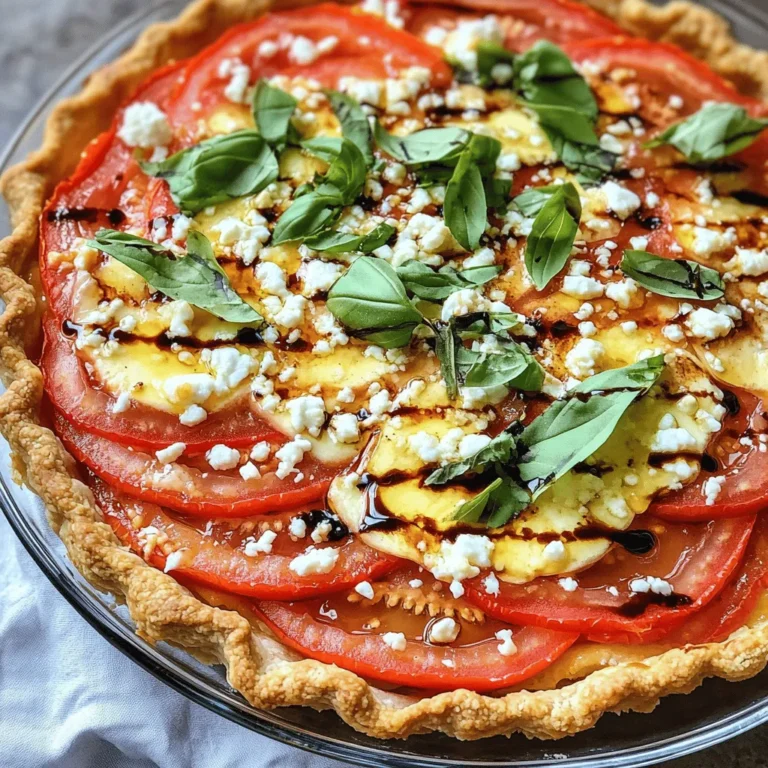 - 2 cups fresh tomatoes, thinly sliced - 1 cup shredded mozzarella cheese - ½ cup crumbled feta cheese - 1 cup fresh basil leaves, finely chopped - 1 cup all-purpose flour - ½ cup cornmeal - 1 teaspoon baking powder - ½ teaspoon salt - ½ teaspoon freshly ground black pepper - ¼ cup extra virgin olive oil - ½ cup buttermilk (or non-dairy alternative) - 1 tablespoon garlic powder - Zest of 1 lemon - 1 tablespoon balsamic glaze (for finishing touch) When I make crispy tomato pie, I focus on fresh and simple flavors. Using ripe, juicy tomatoes brings out the best taste. Choose tomatoes that are in season for the best results. Slice them thin to allow even cooking. I love the combination of mozzarella and feta cheese. The mozzarella melts beautifully and adds creaminess. Feta brings a salty bite that balances the dish well. Fresh basil gives a nice aroma and taste. It’s a must-have for this recipe! For the crust, I use a mix of flour and cornmeal. It gives a nice crunch. Baking powder helps the crust rise and stay light. The olive oil and buttermilk make the crust tender and moist. Gather these ingredients before you start cooking. This way, you’ll enjoy the process more. You can find the full recipe for crispy tomato pie in the recipe section. - Preheat oven to 400°F (200°C) - Grease a 9-inch pie dish or cast-iron skillet with olive oil Start by heating your oven. This step is key for a crispy crust. While the oven warms up, grab your pie dish or skillet. Coat it well with olive oil. This helps prevent sticking and adds flavor. - Combine flour, cornmeal, baking powder, salt, black pepper, and garlic powder In a large bowl, mix your dry ingredients. Add the flour, cornmeal, baking powder, salt, black pepper, and garlic powder. Stir them well. You want an even blend. This mix creates a tasty base for your pie. - Whisk together olive oil, buttermilk, and lemon zest Now, take another bowl. Whisk the olive oil, buttermilk, and lemon zest together. This mixture adds moisture and zest to your pie. Make sure it is smooth before moving on. - Gradually add wet mixture to dry ingredients Slowly pour the wet mix into the dry ingredients. Stir gently with a spatula. Stop mixing when it's just combined. A few lumps are okay. This keeps the texture light and fluffy. - Spread batter in the prepared dish and layer tomatoes and cheeses Next, spread the batter evenly into your greased dish. Use the spatula to smooth the top. Then, layer the sliced tomatoes over the batter. Make sure they cover the entire top. Sprinkle shredded mozzarella and crumbled feta on top. Finish with chopped basil for added flavor. - Bake for 25-30 minutes until golden brown and cheese is bubbly Finally, place the pie in the oven. Bake it for 25 to 30 minutes. Keep an eye on it. Your pie is ready when it turns golden brown and the cheese bubbles. The smell will be amazing! For the full recipe, including ingredients and measurements, refer to the section above. To get the best crust, mix your dry ingredients well. This helps the pie rise and stay fluffy. The right texture comes from not overmixing. When you add the wet ingredients, stir gently. Make sure your butter or oil is at room temperature. Cold ingredients can make the crust tough. Spices and herbs can make your pie shine. Try adding fresh thyme or oregano for a nice twist. For heat, a pinch of red pepper flakes works well. When it comes to tomatoes, use ripe, in-season ones. Heirloom tomatoes bring a sweet flavor and beautiful colors to your dish. For a stunning presentation, cut the pie into even slices. Place each slice on a colorful plate. Garnish with fresh basil leaves to add a pop of green. You can serve it with a side salad or grilled veggies. A light balsamic vinaigrette pairs nicely to enhance the meal. For the full experience, serve with crusty bread to soak up the flavors. {{image_4}} You can change the cheese in this pie. Try using cheddar or goat cheese. Each cheese gives a new taste. You can also add more veggies. Zucchini or bell peppers work great. This makes the pie colorful and packed with flavor. If you need a gluten-free pie, use gluten-free flour and cornmeal. This swap keeps the texture nice. You may need to adjust the wet ingredients too. Use a bit more buttermilk to keep the batter moist. Make this pie shine with seasonal veggies or herbs. In summer, use fresh corn or basil. In fall, add squash or sage for a warm touch. You can even turn this into a breakfast dish. Add eggs and serve with a side of fruit for a tasty brunch. To store leftovers of your crispy tomato pie, let it cool completely. Then, slice it into pieces for easy storage. Place the slices in an airtight container. You can also cover the pie with plastic wrap. Store it in the fridge. It stays fresh for up to 3 days. If you want to freeze portions of crispy tomato pie, slice it first. Wrap each piece tightly in plastic wrap. Then, place the wrapped pieces in a freezer bag. This helps keep them fresh and prevents freezer burn. You can freeze the pie for up to 3 months. When you want to enjoy it, take a slice out. Thaw it in the fridge overnight. For reheating, use the oven. Preheat it to 350°F (175°C). Bake the pie for about 15-20 minutes. This warms it up and keeps it crispy. Yes, you can prepare crispy tomato pie in advance. To do this, follow these tips: - Prep and refrigerate: Make the pie, then cover it with plastic wrap. Store it in the fridge for up to 24 hours. - Reheat before serving: Bake the pie at 350°F (175°C) for about 15-20 minutes. This warms it through and keeps it crispy. - Freezing option: You can also freeze the unbaked pie. Wrap it well and store it in the freezer for up to three months. Bake it straight from frozen, adding about 10 minutes to the baking time. Crispy tomato pie pairs well with many sides. Here are a few suggestions: - Fresh salad: A light green salad with vinaigrette adds a fresh touch. - Garlic bread: This pairs nicely with the pie's flavors and adds crunch. - Roasted vegetables: Seasoned and roasted veggies bring color and nutrients to your meal. - Chilled soups: A cold soup, like gazpacho, can balance the warmth of the pie. To check if the crispy tomato pie is done, look for these visual cues: - Golden crust: The crust should be a nice golden brown color. - Bubbly cheese: The cheese on top should be melted and bubbling. - Firm filling: Gently jiggle the pie. The filling should be set, not wobbly. These signs will help ensure you enjoy a perfectly baked pie. For the full recipe, check out the detailed instructions above. In this blog post, we explored how to make a delicious crispy tomato pie. We covered fresh ingredients, pantry staples, and detailed steps to create this tasty dish. You also learned tips for perfecting the crust and enhancing flavors. With options for ingredient swaps and gluten-free versions, there's room to customize. Finally, I shared how to store leftovers and suggestions for serving. Enjoy making this dish, and remember, it’s all about fresh ingredients and your personal touch. You’ll impress everyone at the table!