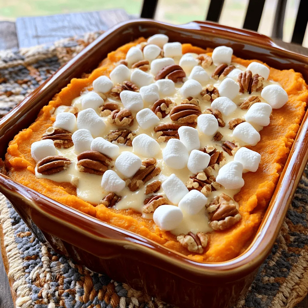 - Sweet potatoes: Use 4 medium sweet potatoes, peeled and cubed. - Sweeteners and spices: You'll need 1/2 cup packed brown sugar, 1/2 teaspoon ground cinnamon, and 1/4 teaspoon ground nutmeg. - Dairy: Gather 1/4 cup unsalted butter, melted, and 1/2 cup whole milk. - Extras: Don't forget 1 cup mini marshmallows and 1/2 cup chopped pecans for crunch. This sweet potato casserole is simple yet rich in flavor. The sweet potatoes provide a creamy base, while the brown sugar adds sweetness. Cinnamon and nutmeg bring warmth and depth. The butter and milk give it that smooth texture we all love. Finally, the mini marshmallows and pecans on top add a delightful finish. Check out the Full Recipe to get started on this delicious dish! 1. Preheat the Oven: Start by setting your oven to 350°F (175°C). This temperature helps the casserole bake evenly. Grease a 9x13-inch baking dish with a little butter or oil. This ensures your dish comes out easily after baking. 2. Boil the Sweet Potatoes: Fill a large pot with water and bring it to a boil. Once boiling, add 4 medium sweet potatoes, peeled and cubed. Let them cook for about 15-20 minutes. They should be soft enough to pierce with a fork. Drain the sweet potatoes and let them cool for a few minutes. 3. Mash the Sweet Potatoes: Transfer the cooled sweet potatoes to a mixing bowl. Use a potato masher to mash them. Aim for a smooth and creamy texture. Make sure there are no large lumps, as this will make your casserole velvety. 1. Combine Sweet Potatoes with Flavorings: Add the following to your mashed sweet potatoes: - 1/2 cup packed brown sugar - 1/4 cup unsalted butter, melted - 1/2 cup whole milk - 1 teaspoon pure vanilla extract - 1/2 teaspoon ground cinnamon - 1/4 teaspoon ground nutmeg Mix these ingredients together. You can use a spoon or an electric mixer on low speed for a few minutes. This helps achieve a smooth consistency. 1. Pour the Mixture into the Baking Dish: After mixing, pour the sweet potato mixture into your greased baking dish. Spread it evenly with a spatula. 2. Add Toppings: Sprinkle 1 cup of mini marshmallows over the top. If you like, add 1/2 cup of chopped pecans for some crunch. This makes your casserole look inviting and delicious. 3. Bake: Place the dish in the preheated oven. Bake for 25-30 minutes. The casserole is ready when the marshmallows are golden brown and the entire dish is heated through. Following these steps will lead you to a delightful sweet potato casserole. For more details, check the Full Recipe! Enjoy the process and happy cooking! To make a great sweet potato casserole, start with the right sweet potatoes. Look for firm, smooth skin without any blemishes. The color should be a rich orange. These sweet potatoes bring a natural sweetness and creamy texture. You can use any type, but the orange-fleshed ones are the best. When it comes to mashing, ensure you boil the sweet potatoes until they are fork-tender. This means they should fall apart easily. After draining, let them cool for a few minutes. Use a potato masher for a smooth texture. If you want it even creamier, use an electric mixer. Mix until you have no lumps and it looks fluffy. Sweet potato casserole pairs well with many dishes. Serve it alongside roasted meats like turkey or chicken. It also goes great with ham. The sweet flavor balances nicely with savory foods. For garnishing, sprinkle some extra cinnamon or toasted pecans on top before serving. This adds a nice touch and makes the dish look appealing. You can also add a few mini marshmallows right before serving. A pop of color always catches the eye! For the full recipe, you can check out our detailed guide to create this delicious dish. {{image_4}} You can easily modify this sweet potato casserole recipe to meet different dietary needs. For a dairy-free or vegan version, replace the milk with almond or coconut milk. You can also use coconut oil instead of butter for a rich flavor. For sweetness, try maple syrup or agave nectar. These swaps keep the dish creamy and delicious without dairy. If you're looking for gluten-free options, rest assured that this casserole is naturally gluten-free. Just ensure that any added ingredients, like nuts, are labeled gluten-free. To make this dish even more exciting, try different toppings. Instead of mini marshmallows, consider using caramelized nuts or fresh fruit like sliced apples or pears. These add a unique twist and a delightful crunch. Spices can also elevate the flavor. Try adding a pinch of cayenne pepper for heat or a dash of ginger for warmth. Experimenting with spices lets you create your own signature casserole. For the full recipe, check out the Sweet Potato Delight Casserole. Enjoy the process of making it your own! To keep your sweet potato casserole fresh, cover it tightly. Use plastic wrap or aluminum foil. Store it in the fridge. The casserole stays good for about three to four days. This keeps the flavors strong and the texture nice. If you want to save it longer, consider freezing it. Wrap it well to avoid freezer burn. When stored correctly, it can last up to three months in the freezer. When it's time to enjoy leftovers, reheating is key. I prefer using the oven for the best taste. Preheat your oven to 350°F (175°C). Place the casserole in an oven-safe dish. Cover it with foil to prevent drying out. Heat it for about 20-25 minutes. This way, it warms evenly and keeps its creamy texture. You can use the microwave for a quicker option. Place a single serving in a microwave-safe bowl. Cover it with a microwave-safe lid or wrap. Heat in short bursts, around 1-2 minutes at a time, stirring in between. This method works but may not keep the casserole as creamy as the oven. For full details on making this dish, check the Full Recipe. How to make sweet potato casserole ahead of time? You can prepare the sweet potato casserole a day before. Simply follow the recipe, then cover it tightly. Store it in the fridge overnight. The next day, bake it straight from the fridge. Just add a few extra minutes to the baking time. Can I use canned sweet potatoes instead of fresh? Yes, you can use canned sweet potatoes. They save time in preparation. Just drain and mash them well. Adjust the sugar to taste, as canned sweet potatoes may be sweeter. What are the best substitutes for mini marshmallows? If you want a twist, use crushed graham crackers or caramel sauce instead. You can also try using chocolate chips for a richer flavor. These options add a new texture and taste to your casserole. How long can sweet potato casserole be stored in the fridge? You can store it in the fridge for about 3 to 5 days. Make sure to keep it covered tightly. If you want to keep it longer, consider freezing it. Just thaw and reheat when you’re ready to enjoy it. For the full recipe, check out the Sweet Potato Delight Casserole. Sweet potato casserole is a delightful dish that combines warmth and flavor. You learned about the key ingredients, preparation steps, and baking process. Tips on perfecting the recipe and serving options guide you to create a memorable dish. Consider variations for different diets and unique flavor twists. Finally, storage tips ensure you enjoy leftovers later. Armed with this knowledge, you can make a delicious sweet potato casserole that brings joy to any meal. Enjoy the process and share your creation with those you love!