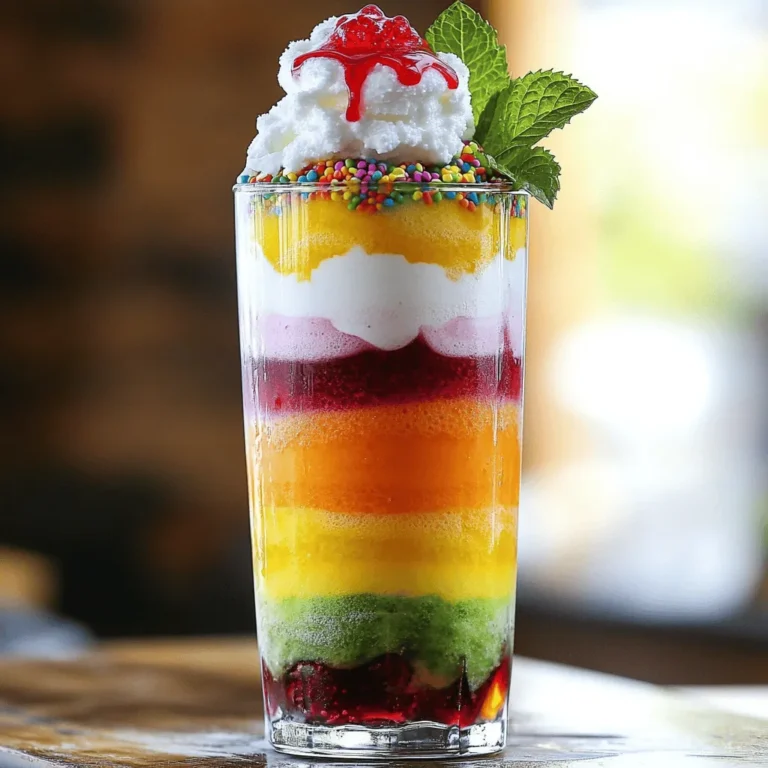 To make this fun treat, you’ll need a few key items: - 1 cup rainbow sherbet - 1 cup lemon-lime soda (or sparkling water) - 1 cup club soda - 1 tablespoon grenadine syrup - Whipped cream, for topping These ingredients blend well together. The rainbow sherbet brings vibrant colors and a fruity taste. The lemon-lime soda adds a tangy fizz that makes it refreshing. Club soda enhances the fizz, while grenadine syrup gives a nice sweet touch. You can make your float even more special with some extras: - Colorful sprinkles, for garnish - Fresh mint leaves, for garnish (optional) Sprinkles add a fun crunch, making the float look festive. Mint leaves can provide a fresh aroma and a pop of green. To whip up your Rainbow Sherbet Soda Float, you’ll need: - A tall glass - A spoon - A straw The tall glass lets you see all those beautiful layers. The spoon helps you scoop the sherbet, while the straw makes sipping easy. If you want more fun, use a colorful straw! For the full recipe, check out the detailed steps in the Full Recipe section. Start by placing 1 scoop of rainbow sherbet at the bottom of a tall glass. This colorful base sets the stage for a fun treat. The bright colors make it exciting for kids and adults alike. The sherbet will melt a bit when you add the soda, creating a creamy layer. Next, carefully pour 1 cup of lemon-lime soda into the glass. Fill it halfway, and watch the fizzy bubbles dance to the top. This soda adds a refreshing kick and balances the sweetness of the sherbet. Add another scoop of rainbow sherbet on top of the fizzy soda. This second layer adds flavor and texture. Then, gently pour 1 cup of club soda over the sherbet. This creates a lovely fizz and distinct layers in your float. Drizzle 1 tablespoon of grenadine syrup into the glass. It will sink and create a stunning rainbow effect. Crown your float with a dollop of whipped cream. This makes it look extra special. Finish with colorful sprinkles for a festive touch. If you want, add a fresh mint leaf on top for color. Serve your delightful creation right away. Include a straw and a long spoon for easy sipping and scooping of the delicious sherbet. Enjoy your Rainbow Sherbet Soda Float! For more details, check out the Full Recipe. Layering makes your float look great. Start with a scoop of rainbow sherbet. Use a tall glass to show off the colors. When you pour soda, do it slowly. This helps keep the layers separate. Add sherbet between the sodas to create a fun look. The more layers, the better! To make it extra tasty, use fresh ingredients. Fresh mint leaves add a nice touch. You can also try flavored sodas to boost taste. For a fun look, use colorful sprinkles. They add joy and crunch. Always serve your float right away. This keeps it fizzy and fresh. Lemon-lime soda works well for a bright taste. You can also use sparkling water for a lighter option. Club soda adds fizz and balances sweetness. Experiment with different sodas to find your favorite flavor. Make sure your sodas are cold for the best experience. You can find the full recipe [here](#). {{image_4}} You can switch out rainbow sherbet for other fun flavors. Try orange, lime, or raspberry sherbet. Each will change the taste and color of your float. You can even mix two flavors for a unique twist. Think about using lemon sherbet for a tart kick. Or go with strawberry for extra sweetness. The options are endless! Changing the soda can also give your float a new vibe. Use root beer for a classic twist. Ginger ale adds a spicy note. If you want a fruity touch, try fruit-flavored sodas. You can even use sparkling water for a lighter version. Just remember, the fizz makes it fun! If you want a healthier version, there are easy swaps. Use low-sugar or sugar-free sherbet. You can also try flavored sparkling water. This way, you can keep the fun without extra calories. For a creamy option, blend yogurt with fruit instead of sherbet. It still tastes great while being a bit healthier! For the full recipe, check out the previous sections and enjoy this refreshing treat! If you have leftover rainbow sherbet, keep it in the freezer. Put it in an airtight container to protect it from freezer burn. This way, it stays fresh and tasty. For the sodas, store them tightly capped in the fridge. They stay fizzy longer this way. Soda floats taste best when fresh. If you have leftovers, drink them within an hour. The sherbet melts and mixes with the soda, changing the flavor and texture. If you must store it, cover it with plastic wrap. However, this can affect the taste. To freeze rainbow sherbet, scoop it into a freezer-safe container. Press it down gently to remove air pockets. This keeps it creamy. Cover the top with plastic wrap before sealing the lid. When you want to use it, let it sit at room temperature for a few minutes. This helps it soften for easy scooping. Yes, you can use diet soda. The taste might change a bit, but it will still be refreshing. Diet soda will keep the float lower in calories. If you enjoy the taste of diet soda, go for it! Just remember that the fizz still gives that fun texture. You can easily scale up the recipe. Just multiply the ingredients by the number of servings you need. For example, use 2 cups of rainbow sherbet for 2 floats. Use a big pitcher to mix the soda and syrup together. Then, serve in individual glasses. This way, everyone gets their own colorful treat! There are many fun toppings to try! You can use: - Chocolate sauce for a sweet twist. - Fresh fruit like berries or banana slices. - Crushed cookies for a crunchy texture. - Nuts for a bit of crunch. - More colorful sprinkles for extra fun. Feel free to get creative with your toppings! Each one adds a new flavor and look to your float. For the full recipe, check out the main section. Rainbow sherbet soda floats are fun treats. We explored the main and optional ingredients, along with the right tools. You learned how to make the base and add fizzy soda. Layering tips helped you create the best float. Don't forget to try different flavors and types of soda! Remember to store leftovers properly to keep them fresh. With these details, you can make a perfect float every time. Enjoy your refreshing treat, and feel free to experiment!