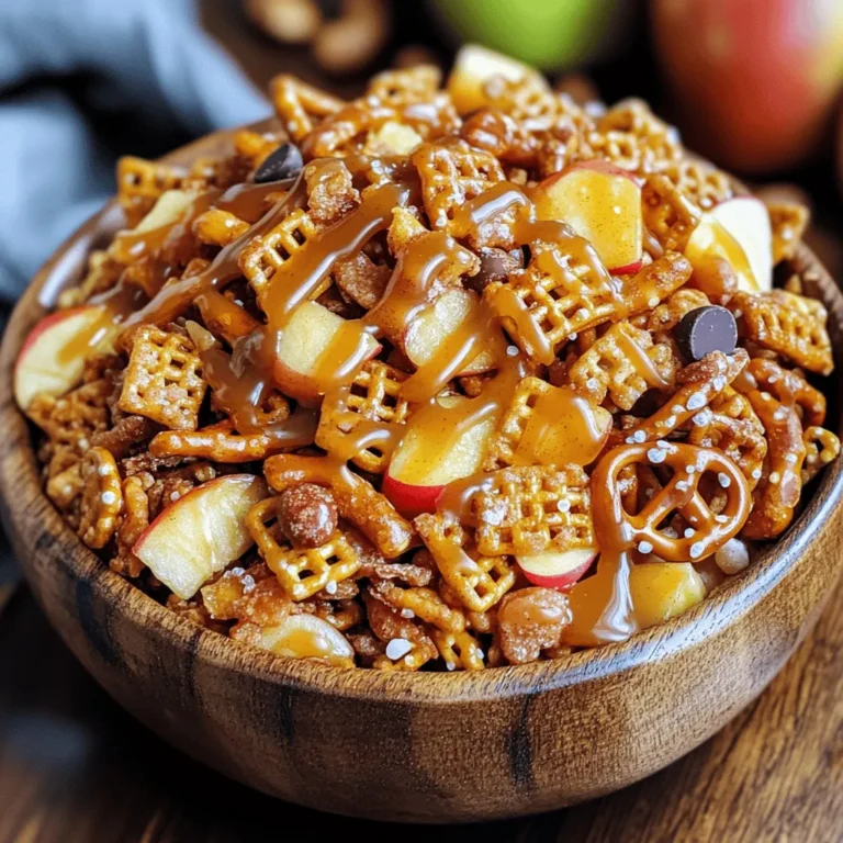 - 2 cups apple cinnamon cereal - 1 cup pretzel sticks - 1 cup mixed nuts - 1 cup popcorn, freshly popped - 1 cup caramel sauce - ½ teaspoon ground cinnamon - ½ teaspoon sea salt - 1 cup diced dried apples - ½ cup mini chocolate chips (optional) Gathering these ingredients is the first step to making this tasty treat. Each component plays a key role in creating the perfect blend of flavors and textures. The apple cinnamon cereal adds a sweet and spiced crunch. Pretzel sticks bring a salty bite, while mixed nuts offer a dose of healthy fats and protein. Freshly popped popcorn contributes a light and airy feel. The caramel sauce binds everything together, adding a rich sweetness. Ground cinnamon and sea salt enhance the flavors, making each bite memorable. Diced dried apples add a chewy texture, reminiscent of fresh apples. If you want to make it even sweeter, consider adding mini chocolate chips. They melt slightly and provide a delightful surprise in each handful. This mix is perfect for sharing, or for keeping all to yourself! For the complete recipe, see the Full Recipe section. - Set oven to 200°F (95°C) - Prepare for baking the snack mix First, you need to preheat your oven. Setting it to 200°F (95°C) will give your snack mix a slow, gentle bake. This low heat helps the caramel coat your mix nicely without burning it. - Combine all dry ingredients in a large mixing bowl - Drizzle caramel sauce evenly over the mix Now, grab a large mixing bowl and combine the apple cinnamon cereal, pretzel sticks, mixed nuts, freshly popped popcorn, and diced dried apples. Stir them gently so everything mixes well. Next, drizzle the caramel sauce over the mix. Make sure each piece gets a bit of that sweet caramel goodness. This step adds that special touch to your treat. - Spread mixture on a lined baking sheet - Bake for 30 minutes, stirring every 10 minutes Line a large baking sheet with parchment paper for easy cleanup. Spread the mixture evenly across the sheet. This helps it bake and caramelize evenly. Place the baking sheet in the preheated oven and bake for 30 minutes. Every 10 minutes, stir the mix to ensure it stays coated and doesn't burn. This stirring is key to achieving that perfect crunch. Once done, let it cool completely on the baking sheet. The caramel hardens as it cools, creating a delightful crunch that makes this snack mix irresistible. For a sweet twist, add mini chocolate chips after it cools. Enjoy your tasty Caramel Apple Snack Mix! For a full recipe, check [Full Recipe]. To get that perfect crunch in your caramel apple snack mix, follow a few simple steps. First, keep your oven heat low. Baking at 200°F (95°C) ensures everything dries gently. This method helps the snack mix stay crisp without burning. Next, stir the mix every 10 minutes while it bakes. This keeps the caramel evenly coated and prevents any soggy spots. To avoid sogginess, let the snack mix cool completely before storing. The caramel firms up as it cools, giving you that delightful crunch. If you notice any soft bits after cooling, simply pop them back in the oven for a few minutes to refresh their texture. Spices can elevate your snack mix. Consider adding a pinch of nutmeg or ginger for warmth. You can also experiment with other flavors like pumpkin spice during fall. For a savory twist, add a sprinkle of garlic powder or even some cheese seasoning. This gives your mix a fun and unique flavor profile. You can create sweet versus savory versions too. Drizzle some chocolate over one batch for a sweet treat. For a savory mix, skip the caramel and add some cayenne pepper for heat. Your options are truly endless! When serving your caramel apple snack mix, choose clear glass jars or colorful bowls. These containers let guests see the vibrant colors and textures of the mix. It makes for a lovely display at parties or family gatherings. For garnish, you can sprinkle some extra nuts or chocolate chips on top. A few slices of dried apples can also add a nice touch. This not only looks appealing but invites people to dig in and enjoy your tasty creation! {{image_4}} To make a lighter version of caramel apple snack mix, you can swap out some ingredients. Look for low-sugar or sugar-free caramel sauce. This option keeps the sweet flavor without too much sugar. You can also try using whole grain cereals or even puffed rice instead of apple cinnamon cereal. These choices give you a crunch without added sugar. For nuts, consider using walnuts or pistachios. They add healthy fats and protein. If you want more crunch, sunflower seeds are a great addition. They are nut-free and perfect for those with allergies. You can change this snack mix for different seasons. For Halloween, add candy corn for a fun touch. Mix in some pumpkin spice to bring in that fall flavor. For Christmas, use red and green M&Ms. You can also add dried cranberries for a festive look. Seasonal fruits like diced pears or fresh apple slices can brighten up the mix. They add a burst of flavor and make it feel fresh. Just make sure to keep the mix dry so it stays crunchy. If you want to boost the crunch, consider adding more ingredients. Granola is a tasty option. It pairs well with the caramel and apples. You can also mix in chocolate-covered pretzels for a sweet and salty flavor. For a fun twist, add popcorn balls or rice cakes. These keep the mix light and airy. If you prefer dark chocolate, swap mini chocolate chips for dark chocolate chunks. This change can add a rich flavor to your snack mix. Try these variations to make your caramel apple snack mix unique! For the full recipe, visit the main section. To keep your caramel apple snack mix fresh, store it in an airtight container. This helps seal in the crunch and flavor. I recommend using glass jars or plastic containers with tight lids. Avoid paper bags as they let air in, which can make the mix stale. You can also line the container with parchment paper for extra protection. When stored correctly, your snack mix will stay fresh for up to one week. After that, you may notice a decline in taste and texture. Signs of spoilage include a soft or chewy texture, loss of flavor, or any unusual odors. If you see any of these signs, it’s best to throw it out. To revive the crunch after storage, spread the mix on a baking sheet. Heat it in the oven at 200°F (95°C) for about 5-10 minutes. This will help restore its crispy texture. You can freeze the snack mix, but keep in mind that some ingredients may not hold up well. If you decide to freeze it, use a vacuum-sealed bag to keep it fresh longer. Yes, you can make this snack mix ahead of time. I recommend preparing it a day or two before you need it. Store it in an airtight container at room temperature. This method keeps it fresh and crunchy. Just remember to let it cool completely before you store it. This step helps maintain the right texture. You can serve this snack mix in many fun ways. Try filling clear glass jars for a cute display. You can also use festive bowls at parties. This mix pairs well with apple cider or hot chocolate. For movie nights, serve it in individual cups for easy snacking. Absolutely! You can swap in other nuts like cashews or pecans. This change can add a different flavor. For cereals, try using vanilla-flavored or even granola. Both options fit the caramel apple theme well. Just keep the apple cinnamon cereal for that sweet touch. Yes, you can make this recipe gluten-free. Just choose gluten-free pretzel sticks and cereal. When picking nuts, ensure they are certified gluten-free. Look for caramel sauce that is gluten-free as well. These steps make it safe for those who avoid gluten. This recipe for caramel apple snack mix is simple and fun. You saw the ingredients needed and learned how to prepare it step by step. Tips helped you make your mix crunchy and tasty. Variations let you customize it for any season. Store it well to keep it fresh. As you enjoy this treat, remember you can change it to fit your taste. Happy snacking!