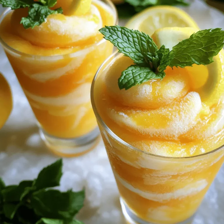 To make the best Frozen Peach Lemonade Slushie, you need just a few simple ingredients. These items blend together to create a refreshing drink perfect for summer. Here’s what you’ll need: - 2 cups frozen peaches - 1 cup lemonade (store-bought or homemade) - 1/2 cup coconut water (or regular water) - 1 tablespoon honey or agave syrup (optional) - 1/2 teaspoon vanilla extract - Fresh mint leaves for garnish (optional) - Lemon slices for garnish (optional) Using frozen peaches adds a wonderful chill to your slushie. Lemonade brings the tartness, while coconut water provides a light, fresh taste. The honey or agave syrup adds sweetness if you like. The vanilla extract gives a nice depth of flavor. You can garnish with mint leaves or lemon slices to make it look pretty. This recipe is simple and quick, so anyone can enjoy it. Check out the Full Recipe for more details! - Add all ingredients into a blender. - Blend until smooth and slushy. - Adjust consistency and sweetness. To make this slushie, I start with the fun part. I gather my ingredients and toss them into the blender. This includes frozen peaches, lemonade, coconut water, honey, and vanilla extract. The frozen peaches give it a nice chill. Next, I blend everything on high speed. I want it to become smooth and slushy. If it’s too thick, I add a little extra coconut water. This way, I can reach just the right texture. After blending, I taste my slushie. If I think it needs more sweetness, I add a bit more honey or agave. Then, I blend again to mix it well. - Pour into chilled glasses. - Ideal for hot summer days. Once my slushie is ready, I carefully pour it into chilled glasses. This keeps the drink cold longer. On a hot summer day, this slushie is so refreshing! For a fun touch, I like to garnish with mint leaves and a lemon slice. It looks pretty and adds a nice flavor. If you want the full experience, check out the Full Recipe for more details. To get that perfect slushy feel, blending is key. Start with a powerful blender. Add the frozen peaches first. This helps to break them down quickly. Then, pour in the lemonade and coconut water. Blend on high until smooth. If it becomes too thick, add more coconut water slowly. This way, you control the texture. Avoid ice chunks by using frozen peaches instead of ice. Ice can make the drink watery. Stick to the recipe for the best outcome. If you do use ice, crush it before adding. This helps keep your slushie smooth. Taste is important. You might want to adjust the sweetness. If your slushie isn’t sweet enough, add more honey or agave syrup. Do this right after blending. Start with a small amount, then blend again. Taste and repeat if needed. If you seek natural options, try maple syrup or dates. These can add unique flavors too. They can also make your drink healthier. Always taste first before adding more. This ensures you get the sweetness just right. For the full recipe, check the [Full Recipe]. {{image_4}} You can make your Frozen Peach Lemonade Slushie even more fun with different flavors. Adding berries like strawberries or blueberries gives a sweet twist. You can also try other fruits, such as mango or pineapple, for a tropical vibe. Using flavored lemonade instead of regular lemonade can also change the taste. For example, try raspberry or strawberry lemonade for a berry blast. If you want a vegan option, this slushie is very easy to adapt. Just skip the honey or agave syrup, and use a sweetener made from plants. For a low-sugar version, use unsweetened coconut water and fresh fruits. This keeps the slushie tasty while cutting down on sugar. You still get a delicious drink without the extra calories. Check out the Full Recipe for more ideas on how to customize your slushie. If you have leftover slushie, you can refrigerate it. Pour the slushie into a sealed container. It will stay fresh for about one day. When ready to enjoy, stir it well. If it seems too thick, add a little water to loosen it. You can also freeze the slushie. Pour it into an ice cube tray or a freezer-safe container. This way, it will last for up to one month. To serve, blend the frozen slushie cubes with a splash of lemonade. This gives you a fresh drink that tastes just made. The shelf life of the slushie depends on its ingredients. The frozen peaches can last up to a year in the freezer. Lemonade, whether store-bought or homemade, usually lasts about a week in the fridge. Signs of spoilage include changes in color or smell. If the slushie separates or develops ice crystals, it’s best to toss it. Always check before you sip to ensure your drink is safe and tasty. You can make a slushie without a blender using a few simple tools. First, chop your frozen peaches into small pieces. Then, place them in a large bowl. Next, add the lemonade and coconut water. Use a fork to mash the mixture. Keep mashing until it reaches a slushy texture. You can also place the mixture in a freezer bag. Then, use a rolling pin to crush the peaches. This method works, but it may take more time. Yes, you can use fresh peaches instead of frozen ones. However, the texture and taste will change. Fresh peaches will make your slushie less thick. To keep it cold, add ice cubes to your mixture. You will also need to add more lemonade to balance the flavor. The taste will be different, but still delicious. If you don’t have coconut water, there are some great substitutes. You can use regular water, which is the simplest choice. Alternatively, try using almond milk or pineapple juice. Each will change the flavor slightly. Almond milk will make it creamier, while pineapple juice adds a tropical twist. Choose what fits your taste best. In this blog post, we explored how to make a refreshing frozen peach lemonade slushie. We covered key ingredients like frozen peaches and lemonade, as well as step-by-step instructions for blending. I shared tips for achieving the perfect consistency and options for flavor variations. Remember, you can store leftovers in the fridge or freeze them for later. This slushie is a tasty treat for hot days, and you can adjust it to fit your taste. Keep experimenting to find your favorite blend!