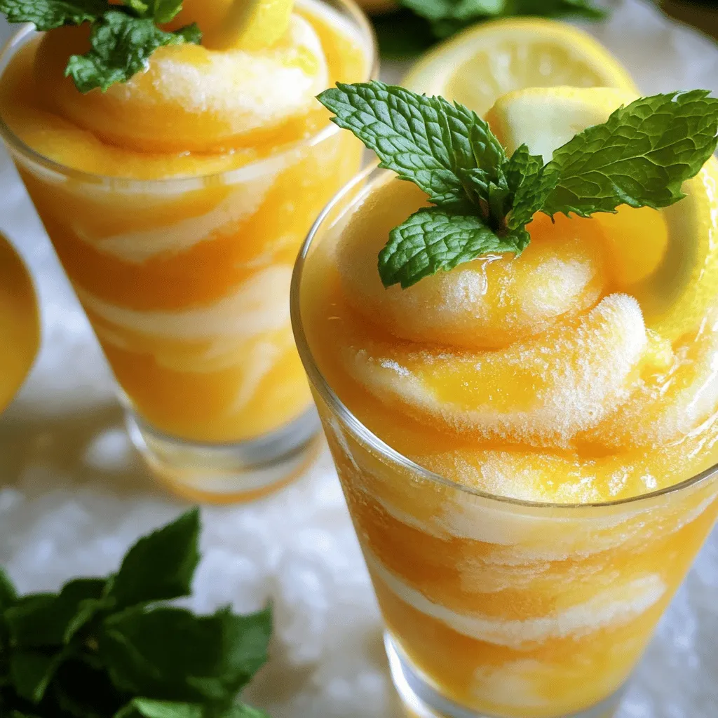 To make the best Frozen Peach Lemonade Slushie, you need just a few simple ingredients. These items blend together to create a refreshing drink perfect for summer. Here’s what you’ll need: - 2 cups frozen peaches - 1 cup lemonade (store-bought or homemade) - 1/2 cup coconut water (or regular water) - 1 tablespoon honey or agave syrup (optional) - 1/2 teaspoon vanilla extract - Fresh mint leaves for garnish (optional) - Lemon slices for garnish (optional) Using frozen peaches adds a wonderful chill to your slushie. Lemonade brings the tartness, while coconut water provides a light, fresh taste. The honey or agave syrup adds sweetness if you like. The vanilla extract gives a nice depth of flavor. You can garnish with mint leaves or lemon slices to make it look pretty. This recipe is simple and quick, so anyone can enjoy it. Check out the Full Recipe for more details! - Add all ingredients into a blender. - Blend until smooth and slushy. - Adjust consistency and sweetness. To make this slushie, I start with the fun part. I gather my ingredients and toss them into the blender. This includes frozen peaches, lemonade, coconut water, honey, and vanilla extract. The frozen peaches give it a nice chill. Next, I blend everything on high speed. I want it to become smooth and slushy. If it’s too thick, I add a little extra coconut water. This way, I can reach just the right texture. After blending, I taste my slushie. If I think it needs more sweetness, I add a bit more honey or agave. Then, I blend again to mix it well. - Pour into chilled glasses. - Ideal for hot summer days. Once my slushie is ready, I carefully pour it into chilled glasses. This keeps the drink cold longer. On a hot summer day, this slushie is so refreshing! For a fun touch, I like to garnish with mint leaves and a lemon slice. It looks pretty and adds a nice flavor. If you want the full experience, check out the Full Recipe for more details. To get that perfect slushy feel, blending is key. Start with a powerful blender. Add the frozen peaches first. This helps to break them down quickly. Then, pour in the lemonade and coconut water. Blend on high until smooth. If it becomes too thick, add more coconut water slowly. This way, you control the texture. Avoid ice chunks by using frozen peaches instead of ice. Ice can make the drink watery. Stick to the recipe for the best outcome. If you do use ice, crush it before adding. This helps keep your slushie smooth. Taste is important. You might want to adjust the sweetness. If your slushie isn’t sweet enough, add more honey or agave syrup. Do this right after blending. Start with a small amount, then blend again. Taste and repeat if needed. If you seek natural options, try maple syrup or dates. These can add unique flavors too. They can also make your drink healthier. Always taste first before adding more. This ensures you get the sweetness just right. For the full recipe, check the [Full Recipe]. {{image_4}} You can make your Frozen Peach Lemonade Slushie even more fun with different flavors. Adding berries like strawberries or blueberries gives a sweet twist. You can also try other fruits, such as mango or pineapple, for a tropical vibe. Using flavored lemonade instead of regular lemonade can also change the taste. For example, try raspberry or strawberry lemonade for a berry blast. If you want a vegan option, this slushie is very easy to adapt. Just skip the honey or agave syrup, and use a sweetener made from plants. For a low-sugar version, use unsweetened coconut water and fresh fruits. This keeps the slushie tasty while cutting down on sugar. You still get a delicious drink without the extra calories. Check out the Full Recipe for more ideas on how to customize your slushie. If you have leftover slushie, you can refrigerate it. Pour the slushie into a sealed container. It will stay fresh for about one day. When ready to enjoy, stir it well. If it seems too thick, add a little water to loosen it. You can also freeze the slushie. Pour it into an ice cube tray or a freezer-safe container. This way, it will last for up to one month. To serve, blend the frozen slushie cubes with a splash of lemonade. This gives you a fresh drink that tastes just made. The shelf life of the slushie depends on its ingredients. The frozen peaches can last up to a year in the freezer. Lemonade, whether store-bought or homemade, usually lasts about a week in the fridge. Signs of spoilage include changes in color or smell. If the slushie separates or develops ice crystals, it’s best to toss it. Always check before you sip to ensure your drink is safe and tasty. You can make a slushie without a blender using a few simple tools. First, chop your frozen peaches into small pieces. Then, place them in a large bowl. Next, add the lemonade and coconut water. Use a fork to mash the mixture. Keep mashing until it reaches a slushy texture. You can also place the mixture in a freezer bag. Then, use a rolling pin to crush the peaches. This method works, but it may take more time. Yes, you can use fresh peaches instead of frozen ones. However, the texture and taste will change. Fresh peaches will make your slushie less thick. To keep it cold, add ice cubes to your mixture. You will also need to add more lemonade to balance the flavor. The taste will be different, but still delicious. If you don’t have coconut water, there are some great substitutes. You can use regular water, which is the simplest choice. Alternatively, try using almond milk or pineapple juice. Each will change the flavor slightly. Almond milk will make it creamier, while pineapple juice adds a tropical twist. Choose what fits your taste best. In this blog post, we explored how to make a refreshing frozen peach lemonade slushie. We covered key ingredients like frozen peaches and lemonade, as well as step-by-step instructions for blending. I shared tips for achieving the perfect consistency and options for flavor variations. Remember, you can store leftovers in the fridge or freeze them for later. This slushie is a tasty treat for hot days, and you can adjust it to fit your taste. Keep experimenting to find your favorite blend!