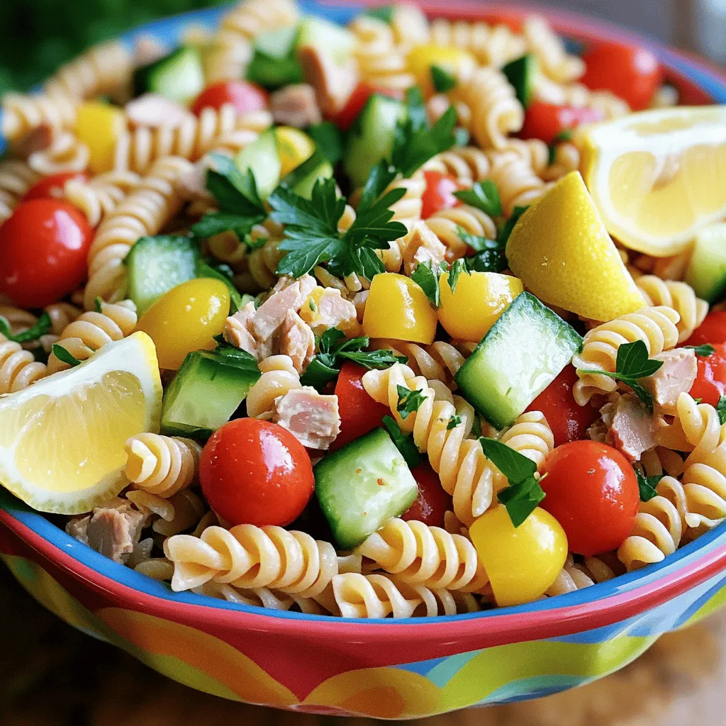 To make a healthy tuna pasta salad, gather these main ingredients: - 8 oz whole wheat pasta (fusilli or penne) - 1 can (5 oz) tuna in water, drained and flaked - 1 cup cherry tomatoes, halved - 1 cup cucumber, diced into small cubes - 1/2 cup bell pepper (any color), diced - 1/4 cup red onion, finely chopped - 1/4 cup black olives, sliced or halved - 1/4 cup fresh parsley, finely chopped - 3 tablespoons extra virgin olive oil - 2 tablespoons fresh lemon juice - 1 teaspoon Dijon mustard - Sea salt and freshly ground black pepper, to taste These ingredients form a colorful mix of flavors. The whole wheat pasta gives it a hearty base, while the tuna adds protein. The veggies provide crunch and freshness. You can enhance your salad with these optional ingredients: - 1/2 cup corn, canned or frozen - 1/2 avocado, diced - 1/4 cup feta cheese, crumbled - 1 tablespoon capers, rinsed Adding these can increase the nutrients. Avocado brings healthy fats. Feta adds creaminess and a tangy taste. If you have dietary needs, try these substitutes: - For gluten-free, use gluten-free pasta. - For a vegan option, switch tuna for chickpeas or tofu. - If you avoid dairy, skip the feta or use a dairy-free cheese. These swaps ensure everyone can enjoy the salad. Just keep the flavors balanced and tasty. You can find the full recipe for this vibrant dish, guiding you through each step. To start, boil water in a large pot. Add a pinch of salt to flavor the pasta. Once the water is bubbling, toss in 8 oz of whole wheat pasta. Cook it for about 8-10 minutes until it is al dente. This means it should be firm but cooked through. After cooking, drain the pasta in a colander. Rinse it under cold water to stop the cooking. This also cools the pasta for your salad. For the dressing, grab a medium bowl. Combine 3 tablespoons of extra virgin olive oil, 2 tablespoons of fresh lemon juice, and 1 teaspoon of Dijon mustard. Whisk these together until they blend well. Add a pinch of sea salt and freshly ground black pepper to taste. Letting it sit for a moment allows the flavors to mix and deepen. A good dressing makes the salad shine! In a large mixing bowl, add the cooled pasta. Now, fold in the drained and flaked tuna, halved cherry tomatoes, diced cucumber, diced bell pepper, finely chopped red onion, sliced black olives, and chopped parsley. Stir gently, making sure not to break up the tuna too much. This keeps the texture nice. After that, drizzle the dressing over the top. Toss everything together until well coated. The flavors should be balanced and vibrant. Taste and adjust seasoning if needed. For the best flavor, chill the salad for about 30 minutes before serving. This step is key to a tasty dish. To boost the taste of your tuna pasta salad, use fresh ingredients. Fresh herbs like basil or dill add great flavor. You can also try adding a splash of vinegar or a hint of garlic for extra zing. Mixing in a dash of your favorite hot sauce can give it a nice kick. Remember, the key is to balance flavors. Taste as you go, and make adjustments. Meal prep can make the cooking process easier. Cook the pasta and make the dressing a day ahead. Store them separately in your fridge. You can also chop the vegetables in advance. Just keep them in airtight containers. When you're ready to eat, combine everything. This saves time and keeps your salad fresh. Serve your tuna pasta salad chilled. Use colorful bowls for an appealing look. Garnish with lemon wedges and extra herbs for a pop of color. Pair it with crusty bread or a light soup. This makes a lovely meal for lunch or dinner. Enjoy it with friends or family to make it special. If you want the full recipe, check the earlier section for all the details! {{image_4}} You can change the pasta type to suit your taste. Whole wheat pasta offers fiber and nutrients. If you want a gluten-free option, try chickpea or lentil pasta. These pastas add protein and unique flavors. You can also use veggie noodles made from zucchini or carrots. They keep your meal light and fresh. Tuna is great, but you can switch it up. Consider canned salmon for a different taste. If you want plant-based protein, try black beans or chickpeas. These options add texture and nutrition. You can also use grilled chicken or shrimp for a heartier dish. Mixing proteins keeps your salad exciting and flavorful. Fresh herbs can change the whole vibe of your salad. Basil or dill adds a burst of flavor. You can also mix in arugula or spinach for extra greens. Try adding bell peppers or radishes for a crunchy texture. Fresh veggies keep your salad colorful and fun. Feel free to experiment with what you have on hand. Each combination brings a new taste to enjoy. To keep your healthy tuna pasta salad fresh, store it in an airtight container. This helps prevent moisture and air from spoiling the dish. Make sure the salad is cooled before sealing it up. If you have extra dressing, store it separately. This way, you can dress the salad just before serving. This salad is best enjoyed cold. However, if you prefer a warm salad, gently heat it in a pan. Use low heat to avoid overcooking the ingredients. Stir often to ensure even heating. You can also add a splash of olive oil to boost the flavor. When stored properly, your healthy tuna pasta salad lasts about 3 days in the fridge. After that, the flavors start to fade. If you notice any off smells or changes in texture, it’s best to discard it. Always trust your senses when it comes to food safety. Enjoy your delicious creation while it’s fresh! For the complete recipe, check out the Full Recipe section. If you want to swap tuna, try canned chickpeas or beans. These options add protein and fiber. You can also use shredded chicken or cooked shrimp for a different taste. For a plant-based option, consider marinated tofu. Each substitute brings its unique flavor and texture, making your salad fun and tasty. Yes, you can make this salad vegan! Replace the tuna with chickpeas or diced avocado. Use a vegan mayo or tahini in the dressing for creaminess. These swaps keep the salad delicious while fitting a vegan diet. This way, everyone can enjoy a healthy and hearty meal. To make this salad gluten-free, choose gluten-free pasta. Many brands offer tasty options made from rice or lentils. Check the labels to ensure they meet your needs. This way, you can enjoy a safe and healthy meal without gluten. The flavors will still shine through beautifully! This salad packs a lot of nutrition. Whole wheat pasta provides fiber, keeping you full longer. Tuna is rich in omega-3 fatty acids, which are great for heart health. Fresh veggies add vitamins and minerals, boosting your immune system. This salad offers a balanced meal with protein, healthy fats, and carbs. Enjoy it knowing you are nourishing your body! This healthy tuna pasta salad is a fun and colorful dish. It brings together great flavors and textures. You will love how easy it is to make! - 8 oz whole wheat pasta (fusilli or penne) - 1 can (5 oz) tuna in water, drained and flaked - 1 cup cherry tomatoes, halved - 1 cup cucumber, diced into small cubes - 1/2 cup bell pepper (any color), diced - 1/4 cup red onion, finely chopped - 1/4 cup black olives, sliced or halved - 1/4 cup fresh parsley, finely chopped - 3 tablespoons extra virgin olive oil - 2 tablespoons fresh lemon juice - 1 teaspoon Dijon mustard - Sea salt and freshly ground black pepper, to taste This recipe packs a colorful punch. You get bright tomatoes, crunchy cucumbers, and tasty tuna. The whole wheat pasta adds fiber, helping you feel full. To start, you will cook the pasta. Bring water to a boil in a big pot. Add your pasta and cook it for about 8-10 minutes. It should be firm but not hard. Drain the pasta and cool it under running water. Next, make the dressing. In a medium bowl, mix the olive oil, lemon juice, and Dijon mustard. Add a pinch of salt and pepper. Whisk until it blends well. Now, combine all your ingredients in a large bowl. Add the cooled pasta, tuna, tomatoes, cucumber, bell pepper, red onion, olives, and parsley. Mix gently so you do not break the tuna. Pour the dressing over the salad. Toss everything together carefully. Taste it! You can add more salt and pepper if you want. To make the flavors pop, cover the salad and chill it for 30 minutes. This lets the tastes mix together. Serve it cold or at room temperature. Present your salad in pretty bowls. You can add more parsley on top and lemon wedges for a fresh look. Enjoy your vibrant and nutritious tuna pasta salad! This blog post covered how to make a tasty and healthy tuna pasta salad. We explored the main ingredients and add-ins to boost nutrition. I shared step-by-step instructions for cooking, dressing, and mixing everything. You also learned storage tips and variations to fit your taste. Remember, this salad is versatile and easy to customize. Whether you prefer it with whole wheat pasta or fresh herbs, you can make it your own. Enjoy this delightful meal knowing it's good for you too!