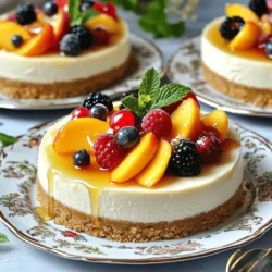 - 1 ½ cups graham cracker crumbs - ½ cup unsalted butter, melted - 2 tablespoons granulated sugar - 16 oz cream cheese, softened to room temperature - ½ cup granulated sugar - 1 teaspoon pure vanilla extract - 3 large eggs - 1 cup sour cream - 2 ripe peaches, pitted and thinly sliced - 1 cup mixed berries (fresh strawberries, blueberries, and raspberries) - 2 tablespoons honey The graham cracker crumbs form the base of our cheesecake. They create a crunchy layer that contrasts with the creamy filling. I love using unsalted butter to bind the crumbs. It adds richness without too much salt. Cream cheese is the star of this dessert. It gives the cheesecake its classic creamy texture. Make sure it’s softened for easy mixing. I often let it sit out for about 30 minutes before starting. Fresh peaches and mixed berries bring a burst of flavor. They add sweetness and a splash of color. Use ripe fruits for the best taste. I prefer a mix of strawberries, blueberries, and raspberries for variety. - honey - fresh mint leaves Honey makes a great topping. It adds a lovely sweetness and shine. I drizzle it over the cheesecake right before serving. Fresh mint leaves can add a vibrant green touch. They also give a refreshing taste. Simply place a few mint leaves on each slice, and you have a stunning dessert! For more details on the full recipe, check out the [Full Recipe]. To start, grab your mixing bowl. Combine the graham cracker crumbs, melted butter, and sugar. Mix it well until it looks like wet sand. Next, press this mixture firmly into the bottom of your 9-inch springform pan. This creates a solid crust. If you want extra crunch, you can pre-bake the crust for about 10 minutes at 325°F (165°C). This step adds a nice texture. Now, let’s make the filling. In a large bowl, beat the cream cheese until it's smooth. This takes just a few minutes using an electric mixer. Slowly add in the sugar and vanilla extract. Mix until it is creamy. Next, add the eggs one at a time. Mix on low speed after each egg. This helps to avoid overmixing. Finally, gently fold in the sour cream until everything is well combined and smooth. Time to layer! Pour half of the cheesecake batter into the crust. Spread it evenly. Now, arrange half of the peach slices and half of the mixed berries on top. Pour the rest of the batter over the fruit layer. Then, add the remaining peach slices and mixed berries on top. To create a marbled look, gently swirl the fruit into the batter with a spatula. Be careful not to disturb the crust. This step gives your cheesecake a beautiful finish. Follow the [Full Recipe] for baking and chilling details to complete your Summer Berry Peach Cheesecake. To get the best texture, you need to avoid overmixing after adding eggs. Overmixing can add too much air, causing your cheesecake to crack. Mix on low speed and just until the eggs blend in. Cooling is also key. After baking, turn off the oven and crack the door open slightly. Let the cheesecake cool inside for about one hour. This slow cooling helps prevent cracks. After that, chill it in the fridge for at least four hours. This time helps it firm up and develop flavor. When it’s time to serve, slice the cheesecake with a sharp knife. Wipe the knife between slices for clean cuts. Place each slice on dessert plates. To make it pop, garnish with extra berries and a fresh mint leaf. This adds color and freshness to your dish. You can serve it with whipped cream or a dollop of yogurt too. Try drizzling honey on top for a sweet touch. For the full recipe, check out the details to create this delightful treat! {{image_4}} You can change the fruit in this cheesecake for fun. Other berry combinations work well, like blackberries or cherries. Each berry adds its flavor and sweetness. You can also use seasonal fruits. Think of ripe mangoes or juicy plums in summer. These fruits can bring new colors and tastes to the dish. To make this cheesecake even better, you can add citrus zest. Zest from lemons or oranges gives a bright twist. It brightens the flavors and adds a nice scent. You can also use flavored extracts. Almond or coconut extract can give your cheesecake a unique taste. Just a little bit can make a big change. To keep your Summer Berry Peach Cheesecake fresh, store it in the fridge. Cover the cheesecake with plastic wrap or a lid to prevent it from drying out. This helps maintain flavor and texture. Leftovers can last up to five days in the fridge. For best taste, enjoy them within two to three days. Chill your cheesecake for a minimum of four hours before serving. This gives the flavors time to blend beautifully. If you want to save some cheesecake for later, freezing is a great option. First, let the cheesecake cool completely. Then, wrap it tightly in plastic wrap. For extra protection, place it in a freezer-safe bag or container. This helps prevent freezer burn. You can freeze the cheesecake for up to three months. When you're ready to enjoy it, move it to the fridge to thaw overnight. For a quicker method, you can let it sit at room temperature for about two hours. Enjoying your cheesecake later will still taste great! To set your cheesecake quicker, try these methods: - Place the cheesecake in the freezer for about 30 minutes. - Use a shallow pan with ice water underneath the cheesecake. - Turn your oven off after baking and leave the door slightly open. This helps cool it slowly. These tips will help your cheesecake firm up without cracking. The key is to avoid sudden temperature changes, which can cause cracks. Yes, you can make this cheesecake ahead of time! Here are some tips: - Prepare the cheesecake up to a day in advance. - Store it in the fridge, covered with plastic wrap. - If you want to freeze it, wrap it tightly in plastic. You can freeze it for up to a month. Making it early lets the flavors blend well. Plus, it gives you more time to relax before serving. If your cheesecake cracks, don’t worry! Here are some quick fixes: - Cover the cracks with fresh fruit or whipped cream. - Use a spatula to gently smooth the surface. - If it’s really bad, you can turn it into a trifle! Remember, a little imperfection doesn’t affect the taste. Cheesecake is still delicious no matter how it looks. For the best guidance, check the Full Recipe. To create a delicious Summer Berry Peach Cheesecake, start with graham cracker crumbs, cream cheese, and fresh fruit. Follow the step-by-step guide to prepare a creamy filling and a crunchy crust. Don't forget to try optional toppings like honey and fresh mint for extra flair. You can even explore fruit variations and clever storage tips. This cheesecake not only looks great but also tastes amazing. With a little practice, you’ll perfect your technique and impress your friends. Enjoy your tasty creation and share your joy!
