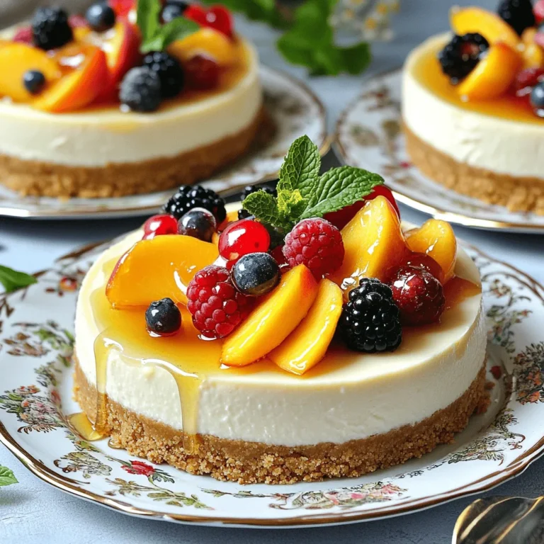 - 1 ½ cups graham cracker crumbs - ½ cup unsalted butter, melted - 2 tablespoons granulated sugar - 16 oz cream cheese, softened to room temperature - ½ cup granulated sugar - 1 teaspoon pure vanilla extract - 3 large eggs - 1 cup sour cream - 2 ripe peaches, pitted and thinly sliced - 1 cup mixed berries (fresh strawberries, blueberries, and raspberries) - 2 tablespoons honey The graham cracker crumbs form the base of our cheesecake. They create a crunchy layer that contrasts with the creamy filling. I love using unsalted butter to bind the crumbs. It adds richness without too much salt. Cream cheese is the star of this dessert. It gives the cheesecake its classic creamy texture. Make sure it’s softened for easy mixing. I often let it sit out for about 30 minutes before starting. Fresh peaches and mixed berries bring a burst of flavor. They add sweetness and a splash of color. Use ripe fruits for the best taste. I prefer a mix of strawberries, blueberries, and raspberries for variety. - honey - fresh mint leaves Honey makes a great topping. It adds a lovely sweetness and shine. I drizzle it over the cheesecake right before serving. Fresh mint leaves can add a vibrant green touch. They also give a refreshing taste. Simply place a few mint leaves on each slice, and you have a stunning dessert! For more details on the full recipe, check out the [Full Recipe]. To start, grab your mixing bowl. Combine the graham cracker crumbs, melted butter, and sugar. Mix it well until it looks like wet sand. Next, press this mixture firmly into the bottom of your 9-inch springform pan. This creates a solid crust. If you want extra crunch, you can pre-bake the crust for about 10 minutes at 325°F (165°C). This step adds a nice texture. Now, let’s make the filling. In a large bowl, beat the cream cheese until it's smooth. This takes just a few minutes using an electric mixer. Slowly add in the sugar and vanilla extract. Mix until it is creamy. Next, add the eggs one at a time. Mix on low speed after each egg. This helps to avoid overmixing. Finally, gently fold in the sour cream until everything is well combined and smooth. Time to layer! Pour half of the cheesecake batter into the crust. Spread it evenly. Now, arrange half of the peach slices and half of the mixed berries on top. Pour the rest of the batter over the fruit layer. Then, add the remaining peach slices and mixed berries on top. To create a marbled look, gently swirl the fruit into the batter with a spatula. Be careful not to disturb the crust. This step gives your cheesecake a beautiful finish. Follow the [Full Recipe] for baking and chilling details to complete your Summer Berry Peach Cheesecake. To get the best texture, you need to avoid overmixing after adding eggs. Overmixing can add too much air, causing your cheesecake to crack. Mix on low speed and just until the eggs blend in. Cooling is also key. After baking, turn off the oven and crack the door open slightly. Let the cheesecake cool inside for about one hour. This slow cooling helps prevent cracks. After that, chill it in the fridge for at least four hours. This time helps it firm up and develop flavor. When it’s time to serve, slice the cheesecake with a sharp knife. Wipe the knife between slices for clean cuts. Place each slice on dessert plates. To make it pop, garnish with extra berries and a fresh mint leaf. This adds color and freshness to your dish. You can serve it with whipped cream or a dollop of yogurt too. Try drizzling honey on top for a sweet touch. For the full recipe, check out the details to create this delightful treat! {{image_4}} You can change the fruit in this cheesecake for fun. Other berry combinations work well, like blackberries or cherries. Each berry adds its flavor and sweetness. You can also use seasonal fruits. Think of ripe mangoes or juicy plums in summer. These fruits can bring new colors and tastes to the dish. To make this cheesecake even better, you can add citrus zest. Zest from lemons or oranges gives a bright twist. It brightens the flavors and adds a nice scent. You can also use flavored extracts. Almond or coconut extract can give your cheesecake a unique taste. Just a little bit can make a big change. To keep your Summer Berry Peach Cheesecake fresh, store it in the fridge. Cover the cheesecake with plastic wrap or a lid to prevent it from drying out. This helps maintain flavor and texture. Leftovers can last up to five days in the fridge. For best taste, enjoy them within two to three days. Chill your cheesecake for a minimum of four hours before serving. This gives the flavors time to blend beautifully. If you want to save some cheesecake for later, freezing is a great option. First, let the cheesecake cool completely. Then, wrap it tightly in plastic wrap. For extra protection, place it in a freezer-safe bag or container. This helps prevent freezer burn. You can freeze the cheesecake for up to three months. When you're ready to enjoy it, move it to the fridge to thaw overnight. For a quicker method, you can let it sit at room temperature for about two hours. Enjoying your cheesecake later will still taste great! To set your cheesecake quicker, try these methods: - Place the cheesecake in the freezer for about 30 minutes. - Use a shallow pan with ice water underneath the cheesecake. - Turn your oven off after baking and leave the door slightly open. This helps cool it slowly. These tips will help your cheesecake firm up without cracking. The key is to avoid sudden temperature changes, which can cause cracks. Yes, you can make this cheesecake ahead of time! Here are some tips: - Prepare the cheesecake up to a day in advance. - Store it in the fridge, covered with plastic wrap. - If you want to freeze it, wrap it tightly in plastic. You can freeze it for up to a month. Making it early lets the flavors blend well. Plus, it gives you more time to relax before serving. If your cheesecake cracks, don’t worry! Here are some quick fixes: - Cover the cracks with fresh fruit or whipped cream. - Use a spatula to gently smooth the surface. - If it’s really bad, you can turn it into a trifle! Remember, a little imperfection doesn’t affect the taste. Cheesecake is still delicious no matter how it looks. For the best guidance, check the Full Recipe. To create a delicious Summer Berry Peach Cheesecake, start with graham cracker crumbs, cream cheese, and fresh fruit. Follow the step-by-step guide to prepare a creamy filling and a crunchy crust. Don't forget to try optional toppings like honey and fresh mint for extra flair. You can even explore fruit variations and clever storage tips. This cheesecake not only looks great but also tastes amazing. With a little practice, you’ll perfect your technique and impress your friends. Enjoy your tasty creation and share your joy!