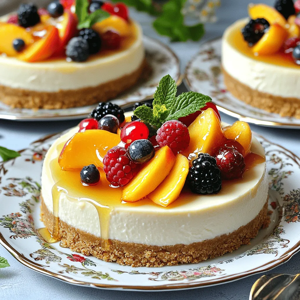- 1 ½ cups graham cracker crumbs - ½ cup unsalted butter, melted - 2 tablespoons granulated sugar - 16 oz cream cheese, softened to room temperature - ½ cup granulated sugar - 1 teaspoon pure vanilla extract - 3 large eggs - 1 cup sour cream - 2 ripe peaches, pitted and thinly sliced - 1 cup mixed berries (fresh strawberries, blueberries, and raspberries) - 2 tablespoons honey The graham cracker crumbs form the base of our cheesecake. They create a crunchy layer that contrasts with the creamy filling. I love using unsalted butter to bind the crumbs. It adds richness without too much salt. Cream cheese is the star of this dessert. It gives the cheesecake its classic creamy texture. Make sure it’s softened for easy mixing. I often let it sit out for about 30 minutes before starting. Fresh peaches and mixed berries bring a burst of flavor. They add sweetness and a splash of color. Use ripe fruits for the best taste. I prefer a mix of strawberries, blueberries, and raspberries for variety. - honey - fresh mint leaves Honey makes a great topping. It adds a lovely sweetness and shine. I drizzle it over the cheesecake right before serving. Fresh mint leaves can add a vibrant green touch. They also give a refreshing taste. Simply place a few mint leaves on each slice, and you have a stunning dessert! For more details on the full recipe, check out the [Full Recipe]. To start, grab your mixing bowl. Combine the graham cracker crumbs, melted butter, and sugar. Mix it well until it looks like wet sand. Next, press this mixture firmly into the bottom of your 9-inch springform pan. This creates a solid crust. If you want extra crunch, you can pre-bake the crust for about 10 minutes at 325°F (165°C). This step adds a nice texture. Now, let’s make the filling. In a large bowl, beat the cream cheese until it's smooth. This takes just a few minutes using an electric mixer. Slowly add in the sugar and vanilla extract. Mix until it is creamy. Next, add the eggs one at a time. Mix on low speed after each egg. This helps to avoid overmixing. Finally, gently fold in the sour cream until everything is well combined and smooth. Time to layer! Pour half of the cheesecake batter into the crust. Spread it evenly. Now, arrange half of the peach slices and half of the mixed berries on top. Pour the rest of the batter over the fruit layer. Then, add the remaining peach slices and mixed berries on top. To create a marbled look, gently swirl the fruit into the batter with a spatula. Be careful not to disturb the crust. This step gives your cheesecake a beautiful finish. Follow the [Full Recipe] for baking and chilling details to complete your Summer Berry Peach Cheesecake. To get the best texture, you need to avoid overmixing after adding eggs. Overmixing can add too much air, causing your cheesecake to crack. Mix on low speed and just until the eggs blend in. Cooling is also key. After baking, turn off the oven and crack the door open slightly. Let the cheesecake cool inside for about one hour. This slow cooling helps prevent cracks. After that, chill it in the fridge for at least four hours. This time helps it firm up and develop flavor. When it’s time to serve, slice the cheesecake with a sharp knife. Wipe the knife between slices for clean cuts. Place each slice on dessert plates. To make it pop, garnish with extra berries and a fresh mint leaf. This adds color and freshness to your dish. You can serve it with whipped cream or a dollop of yogurt too. Try drizzling honey on top for a sweet touch. For the full recipe, check out the details to create this delightful treat! {{image_4}} You can change the fruit in this cheesecake for fun. Other berry combinations work well, like blackberries or cherries. Each berry adds its flavor and sweetness. You can also use seasonal fruits. Think of ripe mangoes or juicy plums in summer. These fruits can bring new colors and tastes to the dish. To make this cheesecake even better, you can add citrus zest. Zest from lemons or oranges gives a bright twist. It brightens the flavors and adds a nice scent. You can also use flavored extracts. Almond or coconut extract can give your cheesecake a unique taste. Just a little bit can make a big change. To keep your Summer Berry Peach Cheesecake fresh, store it in the fridge. Cover the cheesecake with plastic wrap or a lid to prevent it from drying out. This helps maintain flavor and texture. Leftovers can last up to five days in the fridge. For best taste, enjoy them within two to three days. Chill your cheesecake for a minimum of four hours before serving. This gives the flavors time to blend beautifully. If you want to save some cheesecake for later, freezing is a great option. First, let the cheesecake cool completely. Then, wrap it tightly in plastic wrap. For extra protection, place it in a freezer-safe bag or container. This helps prevent freezer burn. You can freeze the cheesecake for up to three months. When you're ready to enjoy it, move it to the fridge to thaw overnight. For a quicker method, you can let it sit at room temperature for about two hours. Enjoying your cheesecake later will still taste great! To set your cheesecake quicker, try these methods: - Place the cheesecake in the freezer for about 30 minutes. - Use a shallow pan with ice water underneath the cheesecake. - Turn your oven off after baking and leave the door slightly open. This helps cool it slowly. These tips will help your cheesecake firm up without cracking. The key is to avoid sudden temperature changes, which can cause cracks. Yes, you can make this cheesecake ahead of time! Here are some tips: - Prepare the cheesecake up to a day in advance. - Store it in the fridge, covered with plastic wrap. - If you want to freeze it, wrap it tightly in plastic. You can freeze it for up to a month. Making it early lets the flavors blend well. Plus, it gives you more time to relax before serving. If your cheesecake cracks, don’t worry! Here are some quick fixes: - Cover the cracks with fresh fruit or whipped cream. - Use a spatula to gently smooth the surface. - If it’s really bad, you can turn it into a trifle! Remember, a little imperfection doesn’t affect the taste. Cheesecake is still delicious no matter how it looks. For the best guidance, check the Full Recipe. To create a delicious Summer Berry Peach Cheesecake, start with graham cracker crumbs, cream cheese, and fresh fruit. Follow the step-by-step guide to prepare a creamy filling and a crunchy crust. Don't forget to try optional toppings like honey and fresh mint for extra flair. You can even explore fruit variations and clever storage tips. This cheesecake not only looks great but also tastes amazing. With a little practice, you’ll perfect your technique and impress your friends. Enjoy your tasty creation and share your joy!