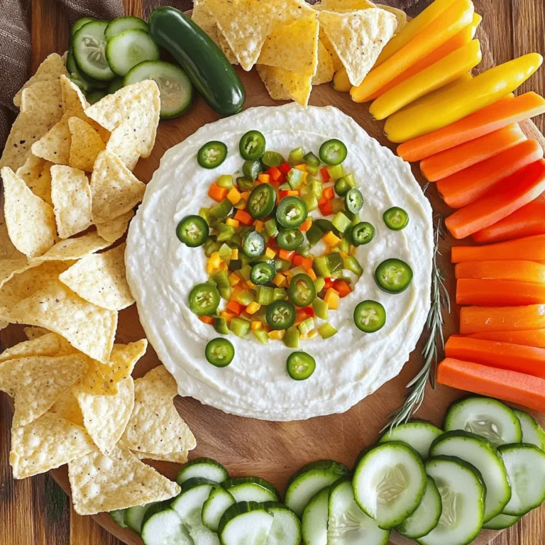 To make the sweet and spicy pickle dip, gather these main ingredients: - 1 cup cream cheese, softened to room temperature - 1/2 cup mayonnaise - 1 cup dill pickles, finely chopped - 1/4 cup pickled jalapeños, finely chopped - 2 tablespoons honey - 1 teaspoon garlic powder - 1 teaspoon onion powder - 1 tablespoon Dijon mustard - 1/4 teaspoon smoked paprika - Salt and pepper to taste These ingredients create a creamy base with a delightful kick. The cream cheese and mayonnaise give it richness, while the dill pickles and jalapeños add crunch and spice. The honey balances the flavors with sweetness. For dipping, I suggest these tasty options: - Tortilla chips - Pita bread - Assorted sliced veggies (like carrots, cucumbers, and bell peppers) - Crackers These dippers add variety and fun to your serving board. Each option brings a unique taste and texture. You can also mix and match to keep things exciting. If you have dietary needs, consider these substitutions: - Use Greek yogurt instead of mayonnaise for a lighter dip. - Swap cream cheese for a dairy-free option. - Add more spices if you love heat. You can even mix in different pickles or herbs to make it your own. Customizing makes the dip suit your taste and needs. For the full recipe, check the details above. Start by taking a medium bowl. Place 1 cup of softened cream cheese inside. Add in 1/2 cup of mayonnaise. Use an electric mixer or a sturdy spatula to blend them well. Mix until the mixture is smooth and creamy. This base will give your dip a rich texture. Now, it's time to add flavor. Take 1 cup of finely chopped dill pickles. Also, include 1/4 cup of finely chopped pickled jalapeños. Stir these into the cream cheese mix until they are evenly spread. Next, drizzle in 2 tablespoons of honey. Add 1 teaspoon of garlic powder, 1 teaspoon of onion powder, and 1 tablespoon of Dijon mustard. Finish with 1/4 teaspoon of smoked paprika. Mix again until everything combines well. Give your dip a taste. Add salt and pepper as needed to balance the flavors. Once it’s ready, transfer the dip to a serving dish. Use a spatula to smooth the top. This will help it look nice. Arrange your choice of dippers around the dip. You can use tortilla chips, pita bread, or sliced veggies. For a fun touch, garnish the dip with extra pickles or jalapeños. This will make it pop with color and flavor. For the full recipe, check the section above. For a creamy dip, start with room-temperature cream cheese. This helps to mix well. Blend the cream cheese and mayonnaise until smooth. A smooth base makes the dip easy to spread. If it feels too thick, add a bit more mayo or a splash of pickle juice. This will help reach the right consistency. To boost flavor, try adding fresh herbs. Chopped dill or cilantro can add a nice touch. For more heat, use extra jalapeños or a dash of hot sauce. Play with spices, too. Adding a pinch of cayenne can give it a nice kick. Honey balances the heat. Adjust it to your taste. Mix well to ensure all flavors blend together. Make your dip board look inviting. Start by placing the dip in a nice bowl. Use a spatula to smooth out the top. Surround it with colorful dippers. Use tortilla chips, pita bread, and fresh veggies like carrots and cucumbers. Arrange everything in a pattern for a fun look. Garnish the dip with extra pickles or a sprinkle of paprika. This adds color and draws the eye. Enjoy the smiles as guests dig in! {{image_4}} To kick up the heat, try adding more jalapeños or a splash of hot sauce. You could even swap in diced habaneros for a fiery twist. If you want more smoky flavor, consider adding chipotle peppers in adobo sauce. They give a rich, deep taste. For those who love garlic, minced fresh garlic can add a robust punch. If you want to explore unique flavors, try adding curry powder or smoked salt for a different angle. You can make this dip lighter by using Greek yogurt instead of cream cheese and mayonnaise. This keeps the dip creamy but cuts down on fat. You can also use low-fat cream cheese for a healthier option. If you want to skip dairy, consider using cashew cream or tofu. Both options offer a nice creamy base. Instead of tortilla chips, serve it with whole-grain crackers or veggie sticks. These swaps keep the dip tasty while offering more nutrients. Seasonal produce is a great way to change this dip. In spring, add fresh herbs like dill or chives for a bright taste. In summer, try diced tomatoes or corn for sweetness. Fall brings in flavors like roasted red peppers or even pumpkin puree for a fun twist. In winter, consider adding chopped spinach or kale for a hearty touch. Each season can inspire new flavors, keeping your Sweet and Spicy Pickle Dip fresh and exciting. To store your leftover Sweet and Spicy Pickle Dip, place it in an airtight container. This helps keep the dip fresh. Make sure to cover it well to avoid drying out. You can store it in the fridge for up to five days. Freezing this dip is not ideal due to its creamy texture. If you must freeze it, use a freezer-safe container. Leave some space at the top for expansion. When you're ready to eat, thaw it in the fridge overnight. Stir it well before serving, as it may separate during freezing. To keep your dip fresh, always use clean utensils when scooping. Avoid double-dipping to reduce bacteria. Store any dippers separately to maintain their crunch. If you want a longer shelf life, consider making smaller batches. This way, you only prepare what you can eat in a few days. Enjoy your dip at its best! You can serve many tasty dippers with Sweet and Spicy Pickle Dip. Here are some of my favorites: - Tortilla chips - Pita bread - Sliced veggies like carrots, cucumbers, and bell peppers - Crackers These dippers add crunch and flavor. Mix and match them for fun. You can even make a pretty board with a variety of colors and shapes. This makes your dip look great and invites everyone to dig in! Yes, you can make this dip ahead of time. I often prepare it a few hours before my guests arrive. This helps the flavors blend well together. Just cover the dip and keep it in the fridge. Take it out about 30 minutes before serving. This way, it warms up a bit. It tastes even better when served fresh! To make a spicier version of the dip, you can add more pickled jalapeños. Here's how: - Double the amount of pickled jalapeños in the recipe. - You can also add a pinch of cayenne pepper for extra heat. - Another option is to mix in some hot sauce to taste. Adjust the spice level to your liking. Enjoy the kick it brings to your dip! For the full recipe, check out the Sweet and Spicy Pickle Dip Board. Sweet and spicy pickle dip is easy to make and fun to enjoy. We explored the main ingredients, dippers, and ways to customize your dip. I provided simple steps to mix, add flavors, and present it well. With tips for texture, flavor, and a beautiful presentation, you can impress anyone. Don’t forget the variations and storage tips to keep your dip fresh. Now you're ready to dive in and enjoy this tasty treat at your next gathering!
