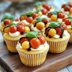 To make Caprese stuffed cupcakes, gather these fresh ingredients: - 1 ½ cups all-purpose flour - 1 teaspoon baking powder - ½ teaspoon baking soda - ¼ teaspoon salt - ½ cup unsalted butter, softened - 1 cup granulated sugar - 2 large eggs - 1 teaspoon pure vanilla extract - ½ cup buttermilk, room temperature - 1 cup cherry tomatoes, halved - 1 cup fresh mozzarella balls, halved - ½ cup fresh basil leaves, finely chopped - 2 tablespoons balsamic glaze, plus extra for drizzling - Freshly cracked salt and black pepper to taste Measuring ingredients correctly is key! Use a dry measuring cup for flour and sugar. Spoon flour into the cup and level it off with a knife. For butter, stick to the standard measurement markings. If you need to swap ingredients, use these tips: - Buttermilk: You can make your own with milk and vinegar or lemon juice. Just add one tablespoon of vinegar or lemon juice to a cup of milk and let it sit for five minutes. - Sugar: If you're out of granulated sugar, you can use brown sugar for a deeper flavor. - Butter: You can use coconut oil or vegetable oil instead of butter, but the texture will change slightly. Fresh ingredients make a huge difference in taste! When you use fresh tomatoes, mozzarella, and basil, you boost flavor and aroma. Here’s why freshness matters: - Tomatoes: Fresh cherry tomatoes add a sweet, juicy burst. They contrast well with the rich cupcake base. - Mozzarella: Fresh mozzarella provides a creamy texture that melts beautifully. This adds a delightful surprise in each bite. - Basil: Fresh basil brings a fragrant note. Its bright flavor cuts through the richness of the cupcake. Using fresh ingredients not only enhances taste but also keeps your dish vibrant and appealing. For the full recipe, check out the detailed instructions provided earlier. First, preheat your oven to 350°F (175°C). Line a 12-cup muffin tin with colorful cupcake liners. In a medium bowl, mix the flour, baking powder, baking soda, and salt. Whisk them well and set aside. In a large bowl, cream the softened butter and granulated sugar together using an electric mixer. Mix for about 3-5 minutes until fluffy. Add the eggs one at a time, mixing well after each. Then, stir in the vanilla extract. Next, gradually add the flour mixture and buttermilk, mixing gently until just combined. Avoid overmixing, as this helps keep the cupcakes fluffy. In a separate bowl, combine the halved cherry tomatoes, mozzarella balls, chopped basil, and balsamic glaze. Add a pinch of salt and pepper, then toss everything together until well mixed. This filling brings the fresh flavors of Caprese salad to your cupcakes. Fill each cupcake liner halfway with batter. Place a generous tablespoon of the Caprese mixture in the center of each cupcake. Cover with more batter until the liners are about ¾ full. Bake the cupcakes for 18-20 minutes. To check for doneness, insert a toothpick into the center; it should come out clean. Once baked, let the cupcakes cool in the tin for 5 minutes. Then, transfer them to a wire rack to cool completely. This cooling step is key for keeping your cupcakes light and airy. For an added touch, drizzle extra balsamic glaze over the cooled cupcakes just before serving. Enjoy the delightful flavors! For detailed steps, check the Full Recipe. One big mistake is overmixing the batter. This makes the cupcakes dense. Mix just until the flour is combined. Another mistake is not using room temperature ingredients. Cold butter or eggs can lead to uneven baking. Make sure all your wet ingredients are warm. Also, filling cupcake liners too full can cause messy overflow. Fill them only three-quarters full. To make fluffy cupcakes, cream the butter and sugar well. This adds air to the batter. Use an electric mixer on medium speed for three to five minutes. Also, separate the dry and wet ingredients properly. Alternate adding them together to keep the mixture light. Lastly, avoid opening the oven door while baking. This keeps the heat steady and helps them rise. For a beautiful presentation, serve the cupcakes on a rustic wooden board or a white platter. Garnish them with extra fresh basil leaves. A drizzle of balsamic glaze on top makes them look fancy. You can also use colorful cupcake liners to add a pop of color. Freshly cracked salt and black pepper can enhance the look and taste. For the full recipe, check out the details above. {{image_4}} You can switch the cheese in your Caprese stuffed cupcakes. Instead of mozzarella, try goat cheese or feta. Both cheeses add a different tang. Goat cheese gives a creamy finish, while feta adds a salty punch. This keeps your cupcakes fresh and exciting. If you need a gluten-free option, use a gluten-free flour blend. Many brands work well in baking. Just make sure your blend has a good mix of starches and proteins. This way, your cupcakes stay fluffy and tasty. Always check labels to ensure they are truly gluten-free. Boost the flavor with herbs or spices. Add a pinch of garlic powder for a savory kick. You can also mix in dried oregano or thyme. Fresh herbs like parsley or chives can give a bright taste. Experiment to find your favorite mix. These small changes make a big impact on your cupcakes. For the full recipe, check out Caprese Stuffed Cupcakes. To keep your Caprese stuffed cupcakes fresh, store them in an airtight container. This helps keep moisture in and prevents them from drying out. Place a piece of parchment paper between layers if you stack them. This way, they won't stick together. Store the cupcakes at room temperature for up to three days. If you want to keep them longer, refrigeration is your best bet. Just remember to let them sit out for about 15 minutes before serving. This helps restore their soft texture. If you have leftover cupcakes, reheating can bring them back to life. Preheat your oven to 350°F (175°C). Place the cupcakes on a baking sheet and cover them loosely with foil. Heat them for about 5 to 10 minutes. This warms them through without drying them out. You can also use a microwave. Just heat each cupcake for about 10 to 15 seconds. Keep an eye on them so they don’t get too hot. Enjoy that fresh taste again! For longer storage, freezing is a great option. First, let the cupcakes cool completely. Wrap each cupcake in plastic wrap, then place them in a freezer-safe bag or container. This prevents freezer burn. You can freeze the cupcakes for up to three months. When you're ready to enjoy one, take it out and let it thaw in the fridge overnight. For a quick treat, leave it at room temp for a few hours. You can even reheat it as mentioned before for that fresh-from-the-oven taste! For the full recipe, visit the provided link. Yes, you can make these cupcakes ahead of time. They taste great even after a few days. After they cool, store them in an airtight container. This keeps them moist and fresh. For the best taste, add the balsamic glaze just before serving. If you need a substitute for balsamic glaze, try using a mix of olive oil and lemon juice. This blend adds a nice tangy flavor. You can also reduce regular balsamic vinegar on the stove until it thickens. This creates a similar glaze to drizzle over your cupcakes. To check if your cupcakes are done, insert a toothpick into the center. If it comes out clean, the cupcakes are ready. You can also gently press the tops. If they spring back, they are done. Avoid opening the oven too soon; this helps them rise better. In this blog post, we explored how to create delicious Caprese stuffed cupcakes. We discussed key ingredients, including tips for using fresh items to boost flavor. I provided step-by-step instructions for preparing the batter and making the filling. We also covered common mistakes and ways to make your cupcakes fluffy. Finally, I shared storage tips and addressed common questions about the recipe. Remember, fresh ingredients make a big difference. Enjoy making these tasty treats!