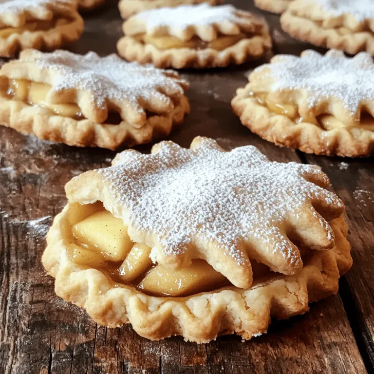 - 2 cups all-purpose flour - 1/2 cup granulated sugar - 1/2 teaspoon salt - 1 teaspoon baking powder - 1/2 teaspoon ground cinnamon - 1/2 cup unsalted butter, chilled and cubed - 1 large egg - 1 teaspoon vanilla extract - 2 large apples, peeled, cored, and diced - 1 tablespoon lemon juice - 1 tablespoon packed brown sugar - 1/4 teaspoon nutmeg - Optional: egg wash, powdered sugar for dusting The main ingredients for these cookies create a lovely blend of flavors. The flour gives the cookies their structure, while the sugar adds sweetness. Salt helps balance the flavors, and baking powder gives them a nice rise. Cinnamon and nutmeg bring warmth and spice. The butter adds richness, and the egg helps bind everything. The apples add a juicy sweetness and tartness, especially if you use Granny Smith. Lemon juice brightens the apple flavor and keeps them fresh. Brown sugar enhances the cookies with its deep, caramel notes. For those wanting to mix things up, consider these optional ingredients for variations. You can use gluten-free flour for a different texture. Vegan butter is a great choice for a dairy-free version. You can also add spices like ginger or cloves for a unique twist. These ingredients make the perfect base for delicious apple pie cookies. If you want to dive deeper into the full recipe, check out the link! - Mix dry ingredients: In a large bowl, add 2 cups of all-purpose flour, 1/2 cup of granulated sugar, 1/2 teaspoon of salt, 1 teaspoon of baking powder, and 1/2 teaspoon of ground cinnamon. Whisk these ingredients well until they are blended. - Incorporate butter and form dough: Next, take 1/2 cup of chilled, cubed unsalted butter. Add it to the flour mix. Use your fingers or a pastry cutter to mix until it looks like coarse crumbs. You should see small pea-sized pieces of butter. - Toss apples with lemon juice: Peel, core, and dice 2 large apples. I prefer Granny Smith for their tartness. In a separate bowl, mix the diced apples with 1 tablespoon of lemon juice. This helps keep them fresh and adds flavor. - Blend flavors: Add 1 tablespoon of packed brown sugar and 1/4 teaspoon of freshly grated nutmeg to the apples. Let this mixture sit for about 10 minutes. This step allows the apples to soak in all the yummy flavors. - Preheat oven and roll out dough: Preheat your oven to 350°F (175°C). While it heats, roll out your dough on a floured surface. Aim for a thickness of about 1/4 inch. Use a 3-inch round cookie cutter to cut out circles. - Assemble and seal cookies: Place half of your dough circles on lined baking sheets. Spoon a generous teaspoon of the apple mixture onto each circle. Don’t overfill; just enough is perfect. - Bake until golden brown: Top each filled circle with another dough circle. Press the edges together firmly. You can use a fork to crimp the edges for a nice look. Bake your cookies for 15-18 minutes until they are puffed and edges are golden brown. Once you try this full recipe, you’ll see how easy and tasty these apple pie cookies can be! To make the best dough for your apple pie cookies, start with the right amount of flour. If your dough feels sticky, add a little flour as needed. This helps you avoid sticky fingers and a messy counter. Aim for a soft but manageable dough. When you roll it out, it should not stick to your rolling pin or surface. You want a dough that holds together but is not too tough. Mix until just blended for a light texture. Overworking the dough can make it tough, which isn’t what you want in a cookie. Baking time is key for these cookies. I suggest baking them for 15-18 minutes at 350°F. Keep an eye on them. You want the edges to turn golden brown. If your oven runs hot or cold, you may need to adjust the time. For convection ovens, reduce the baking time by a few minutes. This ensures even cooking and helps the cookies puff nicely. Always check for a light golden color and a slight spring when you touch the cookies. To make your apple pie cookies shine, dust them with powdered sugar after they cool. This adds a sweet touch and makes them look lovely. For a fun twist, try adding a drizzle of caramel sauce or a scoop of vanilla ice cream on the side. You can also plate them with thin apple slices for a colorful display. Let your creativity flow and impress your family and friends! {{image_4}} You can make these cookies gluten-free! To do this, use a gluten-free flour blend. Look for blends that have xanthan gum for best results. This will help mimic the texture of regular flour. You may also need to adjust baking times. Gluten-free cookies can bake quicker, so keep an eye on them. Check for a golden edge after about 12–15 minutes. If you want vegan cookies, you can easily swap out the eggs and butter. Use a flax egg instead of a regular egg. Mix one tablespoon of ground flaxseed with two and a half tablespoons of water. Let it sit for about five minutes until it thickens. For butter, use vegan butter or coconut oil. You can also switch to maple syrup or agave for sweetening. Each gives a nice flavor without using animal products. To take these cookies up a notch, think about adding nuts or raisins. Chopped walnuts or pecans give a nice crunch. You could also add a handful of raisins for extra sweetness. Another fun idea is to try different apple varieties. Each type gives a unique taste. Honeycrisp apples add sweetness, while Granny Smith offers a tart bite. Get creative and mix different apples for a fun twist! To keep your apple pie cookies fresh, store them in an airtight container. This method locks in moisture and flavor. You can use a plastic container or a glass jar with a lid. Make sure the cookies are completely cooled before sealing them. If you want to save cookies for later, freezing is a great option. First, let the cookies cool completely. Then, place them in a single layer on a baking sheet. Freeze them for about an hour. After they are firm, transfer them to a freezer-safe bag. Ensure you remove excess air from the bag to prevent freezer burn. When you’re ready to eat them, take the cookies out and let them thaw at room temperature. This keeps their taste and texture just right. Apple pie cookies last about a week at room temperature when stored correctly. In the fridge, they can last up to two weeks. Check for any signs of spoilage, like mold or an off smell. If they feel hard or dry, they may not taste good anymore. Always trust your senses to keep your treats safe! Yes, you can use many fruits! Pears, peaches, and berries work well too. Each fruit brings its own taste. For instance, pears add a sweet touch. Berries, like blueberries or raspberries, give a tart kick. Just make sure to adjust the sugar. You want the filling to taste just right. Experiment and find your favorite filling! To make your cookies crispier, try a few simple tips. First, roll the dough thinner. A thinner dough bakes to a crisp finish. Second, bake them a little longer. Keep an eye on them to avoid burning. Lastly, let the cookies cool completely. This helps them harden and stay crispy. Enjoy that crunch! Reheat your cookies in the oven for the best taste. Set your oven to 350°F (175°C). Place the cookies on a baking sheet. Heat them for about 5-7 minutes. This warms them through and keeps them soft. If you're in a hurry, use a microwave. Heat them for 10-15 seconds. Enjoy the warm, gooey goodness! Yes, you can make the dough ahead of time! Wrap it tightly in plastic wrap. Store it in the fridge for up to 2 days. For longer storage, freeze the dough. Just make sure to thaw it in the fridge before using. This way, you can enjoy fresh cookies anytime! Check out the Full Recipe for more tips. This blog post covered everything you need to make delicious apple pie cookies. We discussed the main ingredients like flour, apples, and spices. You learned the step-by-step process to mix, bake, and serve them. We also explored variations for gluten-free and vegan options, along with helpful storage tips. Now you can enjoy these treats anytime. Baking apple pie cookies is fun and rewarding. Share this recipe with friends and savor the rewards together. Happy baking!