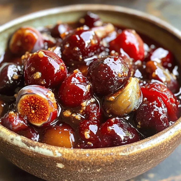 To make Ginger Fig Cherry Compote, you need: - 1 cup dried figs, coarsely chopped - 1 cup fresh cherries, pitted and cut in half - 1 tablespoon fresh ginger, finely grated - 1/2 cup packed brown sugar - 1 cup filtered water - 1 tablespoon fresh lemon juice - 1/2 teaspoon ground cinnamon - A pinch of sea salt When measuring ingredients, use dry measuring cups for solids. For liquids, use a clear liquid measuring cup. Make sure to chop the figs coarsely, which helps them cook evenly. Grate fresh ginger finely for a strong flavor. Always pit cherries before cutting them in half. This step is key to keeping your compote safe and tasty. If you don’t have dried figs, try using prunes or raisins. They offer a similar sweetness. For cherries, frozen ones work well if fresh are not available. You can swap brown sugar for white sugar, but it may change the flavor slightly. If you want a zingier taste, orange juice can replace lemon juice. Each swap can change the final taste, so feel free to experiment! To start, take a medium saucepan. Add the chopped dried figs and the filtered water. Heat this over medium heat. Watch for a gentle boil. Once it boils, lower the heat and let it simmer. Let the figs simmer for about 10 minutes. Stir them occasionally. This step makes the figs soft and juicy. They will soak up the water and become plump. This is key for a great texture. Now, it’s time to add more flavor. Add the halved cherries, grated ginger, and brown sugar. Don’t forget the fresh lemon juice, ground cinnamon, and a pinch of sea salt. Stir well to mix everything. Let this mixture simmer for 15 to 20 minutes. Keep it uncovered and stir often. You want it to thicken into a syrupy compote. This is where the magic happens; the flavors meld together beautifully. For the full recipe, refer to the earlier section. To get the right texture for your Ginger Fig Cherry Compote, focus on cooking times. Start by simmering the figs until they soften. This step is key. After that, add cherries and other ingredients to create a thick, syrupy blend. Stir often to prevent sticking. The compote should be thick enough to coat the back of a spoon. If it's too runny, let it simmer a bit longer. Boost the flavor with fresh lemon juice and ground cinnamon. The lemon adds brightness, while cinnamon gives warmth. You can also try a dash of vanilla extract for added depth. For a spicy kick, consider adding a pinch of cayenne pepper. Each addition will enhance your compote and make it unique. One common mistake is not chopping the figs properly. Coarsely chopped figs absorb water better. Also, avoid cooking on high heat. This can lead to burning. Lastly, don’t skip the salt; it balances the sweetness. Follow these tips, and your compote will shine. For the full recipe, check out the detailed steps in the recipe section. {{image_4}} You can change the fruits in this compote. Try using dried apricots or prunes. They both add sweetness. You can also swap fresh cherries for raspberries or blueberries. Each fruit gives a new taste. Mix and match to find your favorite combo! Want more flavor? Add spices like nutmeg or cardamom. Just a pinch can make a big difference. You can also mix in some vanilla extract for a warm touch. Experiment with spices to create your unique blend. The right spice can make your compote sing! To make this compote sugar-free, use a sugar substitute. Options like stevia or monk fruit work well. These keep the sweetness without the sugar. You can also use ripe bananas for natural sweetness. Adjust the sweetness to your taste. This way, you can enjoy a delicious spread without added sugar! For the full recipe, refer to the section above. After cooking, allow the ginger fig cherry compote to cool slightly in the pan. This helps it set properly. Once it cools for about 10 minutes, transfer it to a clean jar. Make sure to leave some space at the top. The compote will thicken more as it cools. Store your compote in the refrigerator for best results. It can stay fresh for about one week. If you want to keep it longer, freezing is a great option. Divide the compote into small containers. This way, you can thaw only what you need later on. When stored in the fridge, ginger fig cherry compote lasts for up to one week. If frozen, it can stay tasty for about three months. Just remember to label your containers with the date. This helps you track how long it has been stored. Enjoy this sweet spread on toast, yogurt, or desserts anytime! For the full recipe, check out the details above. Ginger Fig Cherry Compote is a sweet and tasty spread. You can use it on toast, pancakes, or yogurt. It also makes a great topping for desserts like ice cream or cheesecake. This compote adds flavor and sweetness to many dishes. Yes, you can use fresh figs in this recipe. Just chop them into small pieces. Fresh figs will give a different taste and texture. Keep in mind that they may not need to cook as long as dried figs. Adjust the cooking time to keep them tender but not mushy. You can easily change the sweetness of the compote. If you prefer it less sweet, use less brown sugar. You can also add more lemon juice for a tart flavor. For extra sweetness, add honey or maple syrup. Taste the mixture as it cooks to find your perfect level. This compote pairs well with many foods. Try it with cheese, especially creamy varieties like brie or goat cheese. It also goes great with grilled meats, adding a nice contrast. Use it as a filling in pastries or enjoy it with breakfast items like oatmeal or waffles. For a complete guide on making this delicious spread, check out the [Full Recipe]. It provides all the steps and tips you need to create this sweet treat at home. You have learned about making a delicious Ginger Fig Cherry Compote. We discussed key ingredients, preparation tips, and storage methods. Remember, choosing your fruits and measuring them right will impact taste. Avoid common mistakes to get the best texture and flavor. Feel free to try new fruit combinations or make it sugar-free. Enjoy your compote as a topping, spread, or treat. With practice, you will create a delightful version tailored to your taste. Now, gather your tools and start cooking!
