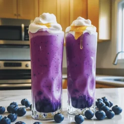 To make Blueberry Milk, you need just a few key items: - 1 cup fresh or frozen blueberries - 2 cups milk (dairy or plant-based) - 2 tablespoons honey or maple syrup - 1/2 teaspoon pure vanilla extract - A pinch of salt These ingredients work together to create a sweet and creamy drink. The blueberries add a burst of flavor while the milk gives it a rich texture. You can boost the taste with these extras: - Whipped cream for a creamy topping - A sprinkle of cinnamon for warmth - A dash of lemon juice for a zing These options let you personalize your Blueberry Milk. Adding whipped cream makes it feel special, while a hint of lemon gives it a refreshing twist. If you're seeking a dairy-free option, here are great choices: - Almond milk - Oat milk - Coconut milk These alternatives work well in Blueberry Milk. They each bring unique flavors while keeping the drink creamy and delicious. Enjoy experimenting with different types to find your favorite! For the full recipe, check out the Blueberry Bliss Milk instructions. First, gather your blueberries. You can use fresh or frozen ones. Place them in a small saucepan. Set the heat to medium. Cook the blueberries for about 5 minutes. Stir them occasionally. You want them to soften and burst. This releases their bright juices. The color will become rich and deep. After cooking, take the saucepan off the heat. Use a fine-mesh sieve to strain the blueberries. Pour the mixture into a bowl. Press the blueberries gently with a spoon. This helps you get all the juice. Discard the solids left in the sieve. You want only the smooth liquid. In a separate jug or blender, mix the strained juice with milk. You can choose dairy or any plant-based milk you like. Add honey or maple syrup to sweeten. Don’t forget the pure vanilla extract and a pinch of salt. Blend or whisk until everything combines well and is frothy. Taste your blueberry milk. Adjust the sweetness if needed. Pour it into glasses. If you like, add whipped cream on top. Enjoy your Blueberry Bliss Milk! For the full recipe, check the details above. To get the right sweetness, taste is key. Start with two tablespoons of honey or maple syrup. Mix it in while blending the ingredients. If it’s too tart, add more sweetener a little at a time. Always taste as you go. Everyone has a different sweetness level, so adjust it to your liking. If you have any leftovers, store them in an airtight container. Keep the blueberry milk in the fridge for up to three days. Shake or stir before serving again, as the mixture may separate. Avoid freezing, as it can change the texture. Want to take your blueberry milk to the next level? Try adding a pinch of cinnamon for warmth. You can also mix in a splash of lemon juice for a bright twist. For a creamy texture, blend in a banana. Feeling fancy? Top it with whipped cream for a special touch. For more ideas, check out the Full Recipe. {{image_4}} You can mix many flavors into blueberry milk. Try adding a bit of cinnamon for warmth. A touch of nutmeg gives it a unique twist. You can also use almond or coconut extract for more fun. If you want a tropical vibe, add a splash of pineapple juice. For a richer taste, try adding cocoa powder for a chocolate-blueberry treat. Each option will change the flavor but keep it delicious. If you prefer a dairy-free drink, blueberry milk is easy to adapt. Use almond milk, oat milk, or coconut milk instead of dairy milk. These options add their own taste and make it creamy. For a nut-free choice, go for rice milk or hemp milk. Each plant-based milk will give your drink a new charm. You can switch up your blueberry milk for the seasons. In summer, add fresh mint leaves for a refreshing twist. In fall, try a splash of pumpkin spice to warm things up. During winter, use warm spices like cardamom for a cozy feel. In spring, fresh herbs like basil can brighten your drink. These seasonal changes keep your blueberry milk exciting and fun to enjoy any time. Store your blueberry milk in a clean glass jar. Glass keeps the milk fresh longer. Make sure the jar has a tight lid. This helps keep out air and light. Blueberry milk tastes best when fresh, so store it in the fridge. Use it within three days for the best flavor. To extend the shelf life, pour the milk into smaller containers. This limits air exposure. You can also freeze blueberry milk in ice cube trays. Once frozen, store the cubes in a freezer bag. This way, you can enjoy a refreshing treat later. Just blend a few cubes with fresh milk for a quick drink. If you want to warm your blueberry milk, do so gently. Pour it into a small saucepan over low heat. Stir often to avoid burning. You can also heat it in the microwave. Use a microwave-safe container and heat in short bursts. Stir well between each burst. The milk should be warm, not hot. Enjoy it warm for a cozy treat! Blueberry milk is not just tasty; it has health perks too. Blueberries are full of vitamins. They contain vitamin C and vitamin K. These vitamins help keep your immune system strong. Blueberries also have antioxidants, which can fight off free radicals. This helps your body stay healthy and young. Plus, milk gives you calcium for strong bones. Together, they make a great drink for your body. Yes, you can use frozen blueberries! They work well in this recipe. Frozen blueberries are picked at their peak freshness. They are often just as good as fresh ones. Just make sure to thaw them slightly before cooking. This way, they will burst and release their flavor easily. You can find blueberry milk in some grocery stores. Look in the dairy section. Many brands offer it, often made with real blueberries. If you prefer, you can make your own at home. Follow the Full Recipe to whip up a fresh batch. - Other Related Products to Consider If you enjoy blueberry milk, try blueberry yogurt! You might also like blueberry smoothies. These can add more fruit to your diet. Blueberry-flavored oatmeal is another tasty option. Each of these adds fun flavors and nutrients to your meals. In this post, we explored how to make blueberry milk from start to finish. We covered the main and optional ingredients, how to cook and strain the blueberries, and tips for perfect sweetness. You learned about variations and how to store your drink properly. Blueberry milk offers great taste and health benefits. Experiment with flavors, and enjoy this fun drink anytime! Now, go ahead and make some delicious blueberry milk!