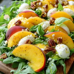 For this Millionaire Peach Salad, gather these fresh ingredients: - 4 ripe peaches, thinly sliced - 1 cup fresh mozzarella balls (bocconcini), drained - 1 cup arugula or a mix of leafy greens These ingredients form the backbone of our salad. The ripe peaches provide sweetness, while the mozzarella adds creaminess. Leafy greens like arugula bring a peppery bite, making the salad fresh and lively. Want to take it up a notch? Consider these optional additions: - ½ cup candied pecans, coarsely chopped - ½ cup feta cheese, crumbled - 2 tablespoons fresh basil, finely chopped Candied pecans give a sweet crunch. Feta cheese adds a salty hit that pairs well with peaches. Fresh basil brings a burst of aroma, enhancing the summer vibe. The dressing is key for flavor. You’ll need: - 1 tablespoon freshly squeezed lemon juice - 2 tablespoons high-quality extra-virgin olive oil - Sea salt and freshly cracked black pepper, to taste The lemon juice adds brightness, cutting through the richness of the cheese. The extra-virgin olive oil provides a smooth finish. Don't forget to season with salt and pepper to balance the flavors. For the full recipe, check out the details to make this delightful dish. To kick off this delicious salad, you need to prepare the base. Start by slicing four ripe peaches. Their sweetness will shine in the salad. Next, grab a bowl. Combine the sliced peaches with one cup of fresh mozzarella balls and one cup of arugula. You can also use mixed leafy greens if you prefer. Make sure to add half a cup of crumbled feta cheese and two tablespoons of finely chopped fresh basil. It is important to evenly distribute the ingredients. This way, each bite is full of flavor and texture. If you skip this step, some bites may taste bland. Now, let’s make the dressing. In a small bowl, whisk together one tablespoon of freshly squeezed lemon juice and two tablespoons of high-quality extra-virgin olive oil. The lemon juice brightens the flavors. Add a pinch of sea salt and a few cracks of black pepper to taste. Mix well until everything is combined. This dressing adds the perfect touch to your salad. Next, it is time to assemble the salad. Drizzle the dressing over the salad base you prepared earlier. Use a gentle tossing motion to combine the ingredients. Make sure every piece is coated in the dressing. Finally, carefully fold in half a cup of coarsely chopped candied pecans. They add a nice crunch and sweetness. Give the salad one last light toss to mix the pecans evenly throughout. Let the salad rest for about five minutes. This allows the flavors to blend perfectly before serving. For the complete recipe, check the Full Recipe. To make a great Millionaire Peach Salad, start with ripe peaches. Look for peaches that are slightly soft when you press them. They should have a sweet smell and a vibrant color. The best varieties for salads are the yellow or white peaches. They have juicy flesh and a great flavor that will shine in your dish. After mixing your salad, let it rest for about 5 minutes. This short wait helps the flavors blend together. It allows the dressing to soak into the peaches and greens, making each bite burst with flavor. You can also add a dash of balsamic glaze or a sprinkle of chili flakes for an extra kick. This small touch can elevate your salad to a whole new level. For a stunning presentation, serve the salad on a large, rustic platter. This gives it a fresh and inviting look. You can also use individual bowls for each guest. To finish, add a sprig of fresh basil on top and sprinkle a few extra candied pecans. This will not only make your salad look beautiful but also add a delightful crunch. For the full recipe, refer to the instructions provided earlier. {{image_4}} You can change the proteins in this salad. Try grilled chicken or shrimp for a tasty twist. Both options add great flavor and texture. If you want a creamy touch, swap mozzarella for goat cheese or burrata. These cheeses melt in your mouth and add a rich taste. Each swap gives the salad a new life while keeping it fresh. Summer is full of fruits. You can add berries or melons to your salad. They bring color and sweetness to each bite. If you want to enjoy this salad in fall or winter, consider using apples or pears instead of peaches. The crunchy texture of these fruits will make the salad satisfying even in colder months. If you want a vegan version, replace cheese with avocado. It gives creaminess while keeping it plant-based. You can also use almond or cashew cheese for a nutty flavor. For a gluten-free option, ensure all your ingredients are certified gluten-free. This way, everyone can enjoy this salad without worry. For the full recipe, check out Summer Fruit & Cheese Delight Salad. To store leftovers, place the salad in an airtight container. This keeps it fresh longer. If you want to keep ingredients fresh, store peaches separately. They can bruise easily. Keep mozzarella in its brine for moisture. Store greens in a damp paper towel to maintain crispness. The prepared salad lasts about 2 days in the fridge. After that, the greens may wilt. For freezing, it's best to avoid it. Freezing changes the texture of many ingredients. If you want to meal prep, store the dressing separately. This way, you can mix it just before serving. You should consume this salad cold. It tastes best when fresh. If you must store it, toss it gently before serving. You can add a little fresh lemon juice to brighten the flavors again. Enjoy your salad as a cool treat on a hot summer day! For the full recipe, check out the Summer Fruit & Cheese Delight Salad. Yes, you can prepare this salad in advance. To keep it fresh, store the salad base and dressing separately. Cut the peaches and mix them with greens and cheeses. Leave out the pecans until just before serving. This way, they stay crunchy. When you are ready to eat, add the dressing and pecans. Toss them together for a fresh taste. If you cannot find mozzarella, there are tasty alternatives. You can use burrata for a creamy texture. Goat cheese adds a tangy flavor. Feta cheese works well too; it pairs nicely with peaches. Just choose the cheese you like best to make this salad your own. This salad is great for meal prep, but with some limits. You can prepare the salad base a few days ahead. However, add the dressing and nuts only when you are ready to eat. This keeps the salad fresh and crunchy. If you follow these tips, you will enjoy a delicious meal throughout the week. This blog post covers how to make a fresh, tasty salad. We started with the right ingredients, like ripe peaches and mozzarella. Then, I detailed how to prepare the salad, make a zesty dressing, and assemble everything. Remember, you can mix in different ingredients for variety. Follow my tips to enhance flavors, and don’t forget about storage for leftovers. This salad is not just easy to make; it's a delight for your palate. Enjoy creating this vibrant dish again and again!