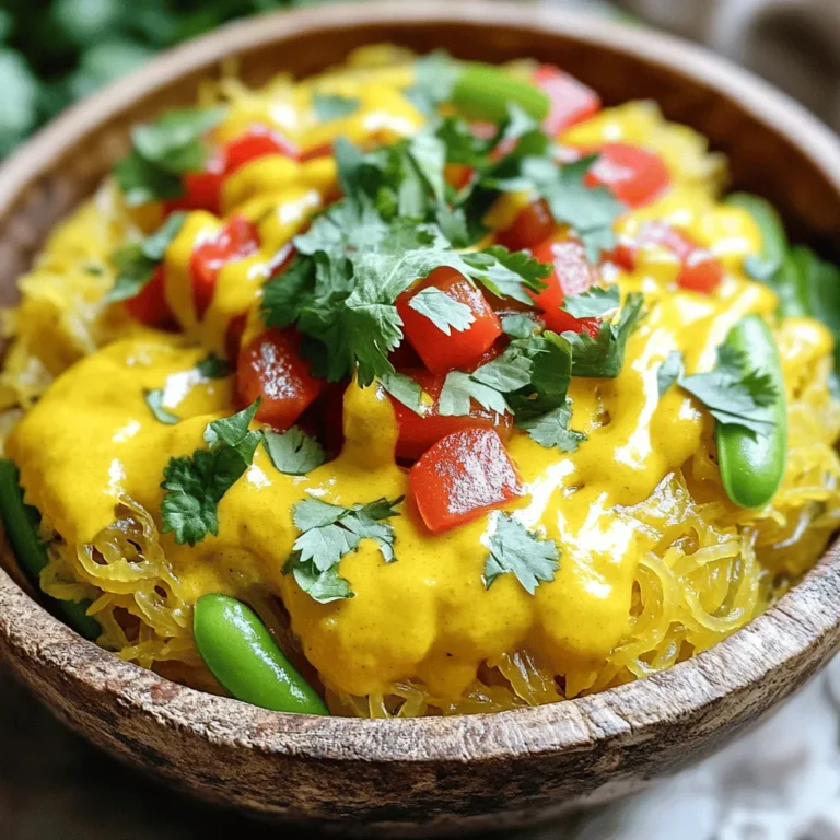 - 1 medium spaghetti squash - 1 tablespoon coconut oil - 1 yellow onion, finely diced - 2 cloves garlic, minced - 1 tablespoon fresh ginger, grated - 2 tablespoons yellow curry powder - 1 can (400ml) coconut milk - 1 cup vegetable broth - 1 red bell pepper, thinly sliced - 1 cup sugar snap peas, trimmed - 1 tablespoon soy sauce (or tamari for gluten-free) - Salt and pepper, to taste - Fresh cilantro leaves - Lime wedges The main ingredients in this dish create a warm base. The spaghetti squash gives a unique texture. Coconut oil adds richness, while the onion, garlic, and ginger bring depth. Yellow curry powder adds a vibrant color and a warm flavor. Additional ingredients complete the dish. Coconut milk provides creaminess and a hint of sweetness. Vegetable broth adds depth, while red bell pepper and sugar snap peas add crunch and color. Soy sauce enhances the umami flavor. For garnish, fresh cilantro adds brightness. Lime wedges can give a zesty kick. Together, these ingredients make yellow curry spaghetti squash a nourishing and flavorful meal. For the full recipe, check the details above. - Preheat the oven: Start by setting your oven to 400°F (200°C). - Prepare the squash halves: Slice the spaghetti squash in half lengthwise. Scoop out the seeds. Drizzle coconut oil on the cut sides. Sprinkle with salt and pepper. - Roast and check tenderness: Place the squash cut side down on a baking sheet. Roast for about 40 minutes. Check if it's fork-tender. The flesh should easily shred into strands. - Sauté the onion: Heat coconut oil in a skillet over medium heat. Add the diced yellow onion. Sauté for about 5 minutes until soft. - Infuse garlic and ginger: Add minced garlic and grated ginger. Cook for one more minute to release the aromas. - Toast yellow curry powder: Stir in yellow curry powder. Cook for about 30 seconds, stirring constantly. This brings out the flavor. - Add coconut milk and broth: Gradually pour in coconut milk and vegetable broth. Stir well to combine. Bring the mixture to a gentle simmer. - Stir in vegetables: Add sliced red bell pepper and sugar snap peas. Cook for 5-7 minutes. They should be tender but still bright. - Season with soy sauce, salt, and pepper: Stir in soy sauce and season with salt and pepper to taste. You can find the Full Recipe for a complete guide on making this dish. Enjoy your cooking! To get the best spaghetti squash, cook it right. Preheat your oven to 400°F (200°C). Cut the squash in half and scoop out the seeds. Drizzle coconut oil on the cut sides. Then, sprinkle salt and pepper. This helps bring out the flavor. Place the squash cut-side down on a baking sheet. Roast it for about 40 minutes. Check if it's fork-tender. If it is, it's ready to shred. Want to spice things up? Add a pinch of cayenne for heat. A dash of turmeric adds color and health benefits. You can also swap yellow curry powder for red curry paste. This gives a different twist. If you like it creamy, try adding a spoonful of peanut butter. It adds richness and depth to the sauce. Make your dish look inviting. Use a rustic wooden board for a beautiful display. Arrange the spaghetti squash strands nicely. Pour the yellow curry sauce over them. For a fresh touch, add cilantro on top. You can also serve lime wedges on the side. They add a zesty kick. This makes your meal not just tasty but also pretty! Enjoy! {{image_4}} You can make this dish even better by adding protein. Here are three great options: - Tofu: Use firm tofu. Cut it into cubes. Sauté it in the curry sauce until golden. Tofu soaks up the flavors well. - Chickpeas: Canned chickpeas are easy to use. Rinse them first. Add them to the sauce for a hearty boost. They add fiber and protein. - Shrimp: Shrimp cooks quickly. Add them to the curry sauce in the last few minutes. Cook until they turn pink and firm. Adding more veggies can enhance taste and nutrition. Here are some tasty choices: - Broccoli or zucchini: Both add great texture. Chop them into bite-sized pieces. Add them to the sauce with the other veggies. They cook quickly and stay crunchy. - Peas or carrots: Frozen peas are quick and easy. Add them in the last few minutes of cooking. For carrots, slice them thinly. They add sweetness and color. You can change the spice level to fit your taste. Here are ways to adjust it: - Mild to extra spicy options: For milder flavors, use less curry powder. You can also add coconut milk to tone it down. For more heat, add fresh chili or red pepper flakes. - Using different curry blends: Not all curry powders are the same. Try different blends for unique flavors. Some are spicy, while others are more earthy. Experiment to find your favorite! For the full recipe, check the details above. Enjoy customizing your Yellow Curry Spaghetti Squash! After you make this dish, let it cool down before storing it. Place leftovers in airtight containers. You want to keep air out to maintain freshness. Store the curry sauce and spaghetti squash separately. This helps keep the squash from getting mushy. You can freeze the curry sauce. Use freezer-safe containers or bags. Make sure to leave some space for expansion. When ready to enjoy, thaw the sauce overnight in the fridge. Reheat it slowly on the stove or in the microwave. Stir well to ensure even heating. In the fridge, this dish lasts about 3 to 5 days. Always check for signs of spoilage. If you see mold or an off smell, it’s best to toss it. You can tell spaghetti squash is done when it is fork-tender. This usually takes about 40 minutes at 400°F. The skin will look slightly golden. To check, carefully pierce the squash with a fork. If it’s easy to scrape into strands, it’s ready! Yes, you can make yellow curry spaghetti squash in advance. Prepare the sauce and roast the squash ahead of time. Store the squash strands and sauce separately in airtight containers. This helps keep them fresh. Just reheat when you're ready to eat! If you need a substitute for coconut milk, try almond milk or soy milk. You can also use cashew cream for a richer flavor. Just add a bit of extra spice to mimic the coconut taste. This gives your dish a nice twist. Absolutely! Yellow curry spaghetti squash is great for meal prep. It stores well and keeps flavors intact. Portion it into containers for easy lunches or dinners. This dish is healthy and satisfying, perfect for busy days. To spice things up, add red pepper flakes or fresh chili peppers. You can adjust the amount based on your preference. For a milder dish, reduce the yellow curry powder. Taste as you go to achieve your desired heat level. In this blog post, you learned how to make yellow curry spaghetti squash. We covered main and additional ingredients, plus optional garnishes. I shared step-by-step instructions for roasting the squash and making the curry sauce. You also found tips for enhancing flavor and beautiful plating ideas. Several variations were included to help you switch things up. As you explore this dish, remember it’s all about personal taste. Enjoy making it your own!