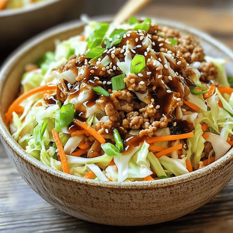 - 1 pound ground chicken (or ground turkey) - 4 cups coleslaw mix (shredded cabbage and carrots) - Garlic - Ginger - Green onions Egg Roll in a Bowl needs a few main ingredients to shine. First, choose one pound of ground chicken or ground turkey. This protein adds a nice texture. Next, grab four cups of coleslaw mix, which is mainly shredded cabbage and carrots. This mix gives crunch and color. Don’t forget the fresh garlic and ginger. These two bring a warm, spicy flavor. Finally, slice some green onions for a fresh finish. - Sesame oil - Soy sauce (or tamari for gluten-free) - Rice vinegar - Sriracha To boost the taste, use sesame oil for cooking. It adds a rich, nutty flavor. Soy sauce or tamari gives that savory umami taste. If you want a gluten-free option, tamari is perfect. Rice vinegar adds a bit of tang. For those who like spice, sriracha is a great choice. Mix these flavors well for a tasty meal. - Sesame seeds - Salt - Freshly ground black pepper Lastly, consider adding some garnishes. Sesame seeds add a nice crunch and look great on top. You should also season the dish with salt and freshly ground black pepper. These simple touches will enhance the overall flavor. For the complete recipe, check out the Full Recipe section for detailed steps. 1. First, grab a large skillet. Heat 1 tablespoon of sesame oil over medium heat. 2. When the oil is hot, add 2 cloves of minced garlic and a 1-inch piece of finely grated ginger. 3. Sauté these for 1-2 minutes. They should smell fragrant and turn a light golden. 4. Now, add 1 pound of ground chicken (or ground turkey if you prefer). 5. Use a spatula to break the meat into smaller pieces. Cook it for about 5-7 minutes. 6. Keep cooking until the chicken is browned and no longer pink inside. 1. Next, stir in 4 cups of coleslaw mix. This is a blend of shredded cabbage and carrots. 2. Add 2 tablespoons of soy sauce and 1 tablespoon of rice vinegar to the pan. 3. If you like it spicy, toss in 1 tablespoon of sriracha. 4. Keep cooking for another 3-5 minutes. Stir occasionally until the cabbage is slightly wilted but still has crunch. 5. Taste your dish and season with salt and freshly ground black pepper as needed. 1. Once cooked, remove the skillet from heat. 2. Generously sprinkle 2 thinly sliced green onions over the top for a fresh touch. 3. Serve your Egg Roll in a Bowl hot in individual bowls. 4. For a nice finish, add a sprinkle of sesame seeds for texture and flavor. You can find the full recipe above to make this easy weeknight meal. To make Egg Roll in a Bowl taste great, focus on your cooking methods. Start by heating your sesame oil well before adding garlic and ginger. This step fills the oil with flavor. Use fresh garlic and ginger for the best taste. Quality matters. Choose ground chicken or turkey that is fresh and lean. Good ingredients make a big difference. The coleslaw mix should be crisp. Look for bright colors, which show freshness. You can swap the ground chicken for different proteins. Tofu is a great choice for a vegetarian meal. If you prefer beef, use ground beef and cook it fully. Adjust the spice by adding more or less sriracha. If you want less heat, skip it or use a milder sauce. Add some chopped bell peppers for a sweet flavor. Egg Roll in a Bowl pairs well with rice or quinoa. These sides add texture and are filling. You can also serve it with a side salad for extra crunch. For a fun twist, serve in lettuce cups. This adds a fresh feel and makes it easy to eat. Top with sesame seeds for a nice touch. This dish looks great and tastes even better. {{image_4}} You can easily change this recipe to fit your diet. To make it vegetarian or vegan, swap the ground chicken for tofu or tempeh. Crumble or cube the tofu and cook it just like the chicken. Use soy sauce or a vegan stir-fry sauce to add flavor. For a gluten-free option, choose tamari instead of soy sauce. Tamari gives the same salty kick without gluten. Experiment with different sauces and seasonings for your dish. Try adding hoisin sauce for a sweet touch or chili paste for heat. You can also mix in fresh herbs like cilantro or basil for a burst of flavor. Using seasonal vegetables adds freshness and variety. Bell peppers, snap peas, or mushrooms work well in this dish. Just chop them up and toss them in with the coleslaw mix. Why not add global flair to your Egg Roll in a Bowl? You can incorporate flavors from other cuisines. For a Mexican twist, add black beans and taco seasoning. You could also stir in curry paste for an Indian twist. Each variation makes it fun and unique. Many countries have their style of rolls, so feel free to explore these ideas. The Full Recipe provides a great base to start your culinary adventure! To keep your Egg Roll in a Bowl fresh, use airtight containers. Glass or plastic containers work well. Place the dish in the fridge right after it cools down. You should eat leftovers within three days for the best taste. When reheating, use the stove or microwave. For the stove, put the dish in a pan over low heat. Stir occasionally to heat evenly. If using a microwave, heat in short bursts. This method helps keep the flavor. Avoid overcooking to maintain texture. You can freeze Egg Roll in a Bowl, but it's best to do so before adding the green onions and sesame seeds. Store in freezer-safe bags or containers. When you're ready, thaw it overnight in the fridge. Reheat on the stove or microwave, just as before. This method keeps the dish tasty and enjoyable. What can I substitute for ground chicken? You can use ground turkey instead of chicken. It tastes great and is leaner. For a vegetarian option, try crumbled tofu or tempeh. Both add protein and soak up flavors well. Can I make this dish ahead of time? Yes, you can make Egg Roll in a Bowl ahead of time. Just cook it, let it cool, and store it in an airtight container. It will stay fresh in the fridge for 3-4 days. Simply reheat it on the stove or in the microwave. Breakdown of calories and key nutrients One serving of Egg Roll in a Bowl has around 350 calories. It provides protein from chicken, fiber from the coleslaw mix, and healthy fats from sesame oil. This dish is balanced and filling. Health benefits of the primary ingredients - Ground chicken: Low in fat and high in protein. - Coleslaw mix: Packed with vitamins A and C, plus fiber. - Garlic and ginger: Both have anti-inflammatory properties and boost your immune system. - Sesame oil: Contains healthy fats and antioxidants. Essential kitchen tools for making Egg Roll in a Bowl - A large skillet for even cooking. - A spatula for stirring and breaking up the meat. - A sharp knife for chopping green onions and other veggies. Recommended types of skillets for best results Non-stick skillets are great for this dish. They make cooking and cleanup easy. Cast iron skillets also work well, adding a nice sear to your chicken. This post covered how to make a tasty Egg Roll in a Bowl. We discussed ingredients, preparation steps, and tips to boost flavor. You can customize it to fit your diet and spice preferences. Remember to store leftovers properly and enjoy them later. With the right choices, this dish can be healthy and fun. Now, you can confidently make this easy meal at home. Enjoy experimenting and sharing your delicious results with friends and family!