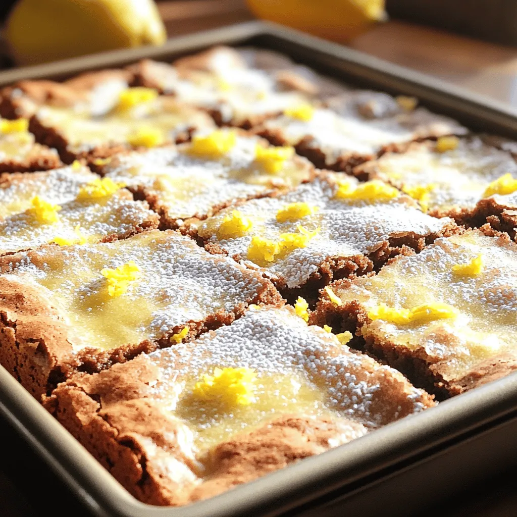 When making lemon brownies, you need fresh ingredients. Here’s what you will need: - 1 cup unsalted butter, melted - 2 cups granulated sugar - 4 large eggs - 2 teaspoons pure vanilla extract - 1 cup all-purpose flour - 1/2 teaspoon baking powder - 1/4 teaspoon fine sea salt - Zest from 2 large lemons - 1/2 cup freshly squeezed lemon juice - Powdered sugar for optional dusting Using high-quality ingredients makes a big difference. Fresh lemons bring out the best flavor. The butter should be unsalted to control the saltiness. Granulated sugar sweetens the brownies perfectly. Make sure your eggs are at room temperature. This helps them mix better. Use pure vanilla extract for a richer taste. When measuring flour, spoon it into the cup and level it off. This keeps your brownies from being too dense. Lemon zest adds a bright taste. It gives that fresh, citrusy kick everyone loves. Freshly squeezed lemon juice is key too. It keeps the flavors vibrant and lively. For a beautiful finish, consider dusting with powdered sugar. It adds a lovely touch. Now that you have your ingredients ready, you can create this citrus-filled delight! For the detailed steps, check out the Full Recipe. Start by preheating your oven to 350°F (175°C). This step is key for even baking. Next, grab a 9x13-inch baking pan. You can either grease it lightly or line it with parchment paper. Lining helps with easy removal later. In a large bowl, pour in 1 cup of melted unsalted butter and 2 cups of granulated sugar. Mix them well until the mixture is smooth. I use a whisk or an electric mixer for this part. Next, crack in 4 large eggs one at a time. Mix well after each egg. This step ensures a creamy batter. Add in 2 teaspoons of pure vanilla extract and mix again to boost the flavor. In another bowl, sift together 1 cup of all-purpose flour, 1/2 teaspoon of baking powder, and 1/4 teaspoon of fine sea salt. This helps to combine the dry ingredients evenly. Now, slowly fold this mix into your wet ingredients. Stir gently until just combined. Be careful not to overmix; this keeps your brownies fudgy. Now comes the best part! Use a rubber spatula to fold in the zest from 2 large lemons and 1/2 cup of freshly squeezed lemon juice. This adds a bright, zesty flavor. Make sure the lemon is evenly spread throughout your batter for the best taste. Pour the batter into your prepared baking pan. Use an offset spatula to spread it out evenly. Place the pan in your preheated oven. Bake for about 25-30 minutes. Keep an eye on it. When the edges turn golden brown, check for doneness with a toothpick. It should come out with a few moist crumbs, not wet batter. Once baked, remove the brownies from the oven. Let them cool completely in the pan on a wire rack. Once cool, you can dust the top with powdered sugar if you like. This adds a nice touch! Finally, cut the brownies into squares and serve them up. Enjoy the deliciousness! To get that fudgy brownie texture, mix carefully. Overmixing can make your brownies tough. When you add the flour, just stir until you see no dry bits. This keeps the brownie soft and chewy. I always use a rubber spatula for folding in the dry mix. It helps me control the mixing better. For a stronger lemon taste, increase the zest and juice. Start by adding an extra tablespoon of zest. This gives a bright flavor. If you want it even zestier, add another tablespoon of lemon juice. Taste the batter after mixing in the zest and juice. Adjust to your liking before baking. Presentation matters! Cut your brownies into neat squares. Arrange them on a fun platter. For a pop of color, garnish with thin lemon slices or curls of zest. A dusting of powdered sugar adds a sweet finish. These touches make your lemon brownies look as good as they taste. {{image_4}} You can make lemon brownies even more fun by adding mix-ins. Try adding nuts like walnuts or pecans for some crunch. Chocolate chips can also bring a sweet touch to the tangy lemon flavor. Dried fruits like cranberries or apricots add a chewy texture and extra sweetness. Mix in about 1/2 cup of your favorite ingredient for a tasty twist. If you need a gluten-free treat, it's easy to adapt this recipe. Simply swap out the all-purpose flour for a gluten-free flour blend. Look for a mix that contains rice flour or almond flour. This change keeps your brownies soft and delicious without gluten. Just replace cup for cup, and you’re all set! For a vegan version, you can replace the eggs and butter. Use 1/4 cup of unsweetened applesauce for each egg. For the butter, try coconut oil or vegan butter. This choice keeps the brownies moist and rich. You can still follow the same steps in the Full Recipe to enjoy these tasty treats! To keep your lemon brownies fresh, store them in an airtight container. I suggest using a glass or plastic container. Make sure to layer a piece of parchment paper between the brownies to prevent sticking. This method helps keep them moist and delicious. If you want to save some for later, freezing is a great option. First, let the brownies cool completely. Then, cut them into squares. Wrap each piece in plastic wrap and place them in a freezer bag. This keeps them fresh for up to three months. To thaw, just take them out and let them sit at room temperature for about 30 minutes. Lemon brownies last about three days at room temperature. For longer storage, keep them in the fridge for up to one week. This ensures they stay fresh and tasty. The cool air helps maintain their texture and flavor. You can use bottled lemon juice, but fresh juice is better. Fresh lemons give a brighter taste. Bottled juice often lacks the same zing. If you use bottled juice, choose one with no additives. This keeps the flavor closer to fresh. You can replace eggs with several options. Applesauce works well; use 1/4 cup for each egg. Mashed bananas are another choice; use the same amount. If you want a vegan option, try flaxseed meal. Mix 1 tablespoon of flaxseed with 2.5 tablespoons of water. Let it sit for five minutes before using. To check for doneness, use a toothpick. Insert it into the center of the brownies. If it comes out with a few moist crumbs, they are done. If it comes out wet, they need more time. Keep an eye on the edges; they should be golden brown. Yes, you can make lemon brownies ahead of time. Bake them and let them cool. Store in an airtight container at room temperature for up to three days. For longer storage, keep them in the fridge for a week. You can also freeze them for up to three months. Just wrap them well. You can find the Full Recipe for these lemon brownies in the main section of this article. Follow those steps to create your own citrus-filled delight! This blog post covered the key ingredients for making delicious lemon brownies, plus step-by-step instructions. We explored tips for perfect texture and enhancing the bright lemon flavor. I also shared variations, from gluten-free options to fun mix-ins. Lastly, I provided storage info to keep your brownies fresh. Using these ideas, you can enjoy delightful lemon brownies anytime. Whether for a party or a quiet night, these brownies will impress!