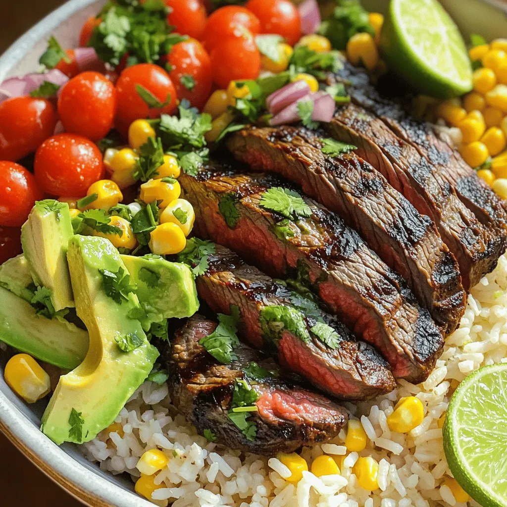 - 1 lb flank steak - 2 cups cooked jasmine rice - 1/4 cup fresh cilantro, finely chopped - 2 ripe limes (zest and juice) - 2 tablespoons extra-virgin olive oil - 1 teaspoon ground cumin - 1 teaspoon garlic powder - Salt and freshly ground black pepper, to taste - 1 cup cherry tomatoes, halved - 1 ripe avocado, sliced - 1 jalapeño, thinly sliced (optional for spice) - 1/4 cup red onion, thinly sliced - 1/2 cup corn (fresh or canned, drained if canned) Gather these ingredients to make a delicious cilantro lime steak and rice bowl. Each element adds a unique taste and texture. The flank steak is the star, bringing rich flavor. The marinade is easy to make. Just mix lime juice, zest, olive oil, cumin, garlic powder, salt, and pepper. This blend adds a bright kick to the steak. Don't forget the toppings! The cherry tomatoes add sweetness, while the avocado gives creaminess. If you like heat, add jalapeño. Red onion adds a nice crunch, and corn sweetens the mix. These fresh ingredients come together in a beautiful way. You can find the Full Recipe to guide you through the steps to create this flavorful delight. Start by making the marinade. In a bowl, combine the juice and zest of two limes, extra-virgin olive oil, ground cumin, garlic powder, salt, and freshly ground black pepper. Whisk until you blend everything well. Place the flank steak in a resealable plastic bag or a shallow dish. Pour the marinade over the steak, ensuring it coats well. Seal the bag or cover the dish and refrigerate for at least 30 minutes. This step boosts the flavor. While the steak marinates, cook jasmine rice. Follow the package instructions for the best results. Once cooked, fluff the rice using a fork. This keeps the grains separate. Set the rice aside to stay warm. Next, preheat your grill to medium-high heat. Remove the flank steak from the marinade and discard the leftover marinade. Grill the steak for about 4-5 minutes on each side. This timing gives you a perfect medium-rare finish. Adjust the time if you prefer it more cooked. Once done, transfer the steak to a cutting board. Allow it to rest for about 5 minutes before slicing. This resting time helps keep the juices inside. Now it’s time to assemble your bowl. Start with a generous portion of jasmine rice as the base. Then, add the sliced grilled steak on top. Arrange your toppings, including cherry tomatoes, avocado, red onion, corn, and finely chopped cilantro. This creates a colorful and inviting dish. For a zesty kick, drizzle some lime juice over the assembled bowl. You can also garnish with more fresh cilantro for a vibrant finish. This adds brightness and enhances the flavor. For the full recipe, check the details above. To get the best flavor from your steak, follow these grill times based on doneness: - Rare: 3-4 minutes per side - Medium-rare: 4-5 minutes per side - Medium: 5-6 minutes per side - Medium-well: 6-7 minutes per side - Well-done: 7-8 minutes per side Resting your steak after grilling is key. Let it sit for about 5 minutes. This helps the juices stay in the meat. Slicing too soon will let those tasty juices run out. For fluffy jasmine rice, rinse it well before cooking. This removes excess starch and prevents stickiness. Use a ratio of 1 cup of rice to 1.5 cups of water. Let it simmer gently, then fluff with a fork once cooked. If you want variety, try using brown rice or quinoa. Each option adds its unique taste and texture. To boost flavor, consider adding spices like smoked paprika or cayenne pepper. Fresh ingredients like lime juice and herbs will brighten your dish. Using fresh toppings makes a big difference. Fresh cilantro and lime add zest. If you use canned ingredients, drain them well. This helps avoid excess moisture in your bowl. For the full recipe, check out the Cilantro Lime Steak and Rice Bowl. {{image_4}} You can switch up the protein in the bowl. If flank steak isn't your favorite, try chicken or shrimp. For a vegetarian option, use tofu. Each protein changes the taste a bit. When using chicken, marinate it the same way as the steak. Use the same lime juice and spices. For shrimp, you can marinate for just 15 minutes. It cooks quickly, so grill for only 2-3 minutes per side. Tofu also benefits from the marinade. Press it first to remove extra moisture, then cut it into cubes. Marinate for about 30 minutes before grilling. For a plant-based bowl, skip the meat. Instead, add more veggies. You can use black beans, bell peppers, or zucchini. These will give it a hearty feel. Consider mixing in some quinoa or brown rice for extra protein. You can also add roasted sweet potatoes for a sweet touch. For vegan options, make sure to check the marinade. Use agave or maple syrup instead of honey if needed. Get creative with herbs! Try adding parsley or mint to the bowl. These herbs give a fresh taste. You can also spice things up. Add diced jalapeños for heat or a splash of hot sauce. For a tangy twist, squeeze extra lime over the bowl. You can even add a dash of vinegar for a bite. This will brighten up all the flavors. Enjoy mixing and matching to find what you love! Check out the Full Recipe for inspiration. To keep your steak and rice fresh, place the leftovers in an airtight container. This helps avoid spoilage and keeps flavors intact. Always store the steak and rice separately to keep the rice from becoming soggy. Use glass containers or BPA-free plastic ones for safety. Make sure to cool the food to room temperature before sealing. When reheating, it’s best to warm the rice and steak separately. For the rice, add a splash of water and cover it in a microwave-safe bowl. Heat it in short bursts, stirring in between. This helps keep the rice fluffy. For the steak, use a pan on low heat. This ensures the meat stays juicy. Heat it just until warm, avoiding overcooking. If you want to freeze the dish, do it right after cooking. Allow it to cool, then pack the steak and rice into freezer-safe bags. Remove as much air as possible. Label the bags with the date. The steak and rice can stay fresh in the freezer for up to three months. When you're ready to eat, thaw it overnight in the fridge before reheating. You can serve many tasty sides with this bowl. Here are some ideas: - Black beans: They add protein and a creamy texture. - Grilled veggies: Try zucchini, bell peppers, or corn for a colorful touch. - A fresh salad: A simple green salad or a tomato salad pairs well. - Tortilla chips: They add crunch and are great for dipping. - Salsa: Fresh salsa or pico de gallo gives a zesty kick. These sides will enhance the meal and add more flavors. Yes, you can prepare parts of this dish in advance. Here are some tips: - Marinate the steak: You can do this the night before for better flavor. - Cook the rice: Make it a day ahead and store it in the fridge. - Chop toppings: Prepare the tomatoes, cilantro, and onion ahead of time. Keep them in airtight containers. - Assemble before serving: It's best to put the bowl together right before eating for freshness. These steps make meal prep easy and save time. To make the rice gluten-free, choose the right type. Here’s how: - Use jasmine rice: It’s naturally gluten-free and fluffy. - Check labels: Ensure your rice has no added gluten. - Rinse the rice: Rinse it before cooking to remove excess starch. This way, your dish remains gluten-free and delicious. Yes, this recipe works great for meal prep. Here are best practices: - Store portions: Divide the rice, steak, and toppings into separate containers. - Keep toppings fresh: Add avocado and cilantro right before serving to keep them vibrant. - Reheat carefully: Heat rice and steak gently to avoid drying them out. Following these tips ensures you enjoy this dish throughout the week. For the complete recipe, check the Full Recipe section. This blog post covered how to make a tasty Cilantro Lime Steak and Rice Bowl. We discussed the key ingredients, marinade, and toppings. You learned step-by-step cooking instructions, plus tips for perfect rice and steak. I shared variations for proteins and storage practices to keep your meal fresh. Cooking this dish brings bright flavors that everyone will enjoy. Give it a try and customize it to your taste!