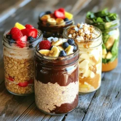 To create a tasty bowl of overnight oats, you need some key base ingredients. These help form the perfect foundation for your breakfast. Here’s what you need: - 1 cup rolled oats - 2 cups almond milk (or any milk of your choice) - 1 tablespoon chia seeds - 2 tablespoons maple syrup (or honey for sweetness) - 1 teaspoon vanilla extract These ingredients combine well to give you a creamy and rich texture. They soak up flavors overnight, making each bite delightful. Next, let's add some fun flavors to your oats. Each variation brings a unique twist: - Berry Blast: 1/2 cup mixed berries (strawberries, blueberries, raspberries) - Nutty Chocolate: 2 tablespoons cocoa powder, 1/4 cup chopped nuts (such as walnuts or almonds) - Tropical Paradise: 1/2 banana, sliced; 1/4 cup coconut flakes; 1/4 cup diced pineapple - Apple Cinnamon Delight: 1/2 apple (diced); 1 teaspoon ground cinnamon; 1 tablespoon peanut butter - Savory Spinach Feta: 1/2 cup fresh spinach, chopped; 1/4 cup crumbled feta cheese; 1 tablespoon olive oil; salt and pepper, to taste These ingredients add new tastes and textures to your oats. You can mix and match them to suit your mood. Finally, let’s talk about toppings. They add a fun crunch and extra flavor. Here are some ideas: - Fresh fruits (like bananas or berries) - Nuts and seeds (such as almonds or sunflower seeds) - Nut butters (like almond or peanut butter) - Honey or maple syrup (for added sweetness) - Granola (for some crunch) Feel free to layer your toppings for a beautiful breakfast. Remember, the more colorful, the better! For the full recipe, check out Overnight Oats Five Ways. To make overnight oats, start with the base. In a large bowl, mix these ingredients: - 1 cup rolled oats - 2 cups almond milk (or any milk of your choice) - 1 tablespoon chia seeds - 2 tablespoons maple syrup (or honey for sweetness) - 1 teaspoon vanilla extract Stir well until everything blends smoothly. This mix forms the heart of your oats. Now, let’s create five tasty flavors! Here’s how to do it: 1. Berry Blast: In one jar, add 1/2 cup mixed berries. Stir gently. 2. Nutty Chocolate: For another jar, mix in 2 tablespoons cocoa powder and 1/4 cup chopped nuts. 3. Tropical Paradise: In the third jar, layer 1/2 banana (sliced), 1/4 cup coconut flakes, and 1/4 cup diced pineapple. 4. Apple Cinnamon Delight: For the fourth jar, fold in 1/2 diced apple, 1 teaspoon ground cinnamon, and 1 tablespoon peanut butter. 5. Savory Spinach Feta: In the last jar, combine 1/2 cup chopped spinach, 1/4 cup crumbled feta, and drizzle with 1 tablespoon olive oil. Add salt and pepper to taste. Seal each jar with a lid and place them in the fridge. Let them chill overnight or for at least 4 hours. This helps the oats absorb all the flavors. In the morning, give each jar a good stir. You can add extra toppings if you want. Enjoy them cold, or warm them in the microwave for a cozy breakfast! For a nice touch, layer your toppings for a colorful look. Serve with fresh fruit or granola for more crunch. Try out the full recipe to explore these delicious variations! To make sure your oats are creamy, use the right milk. Almond milk works well, but feel free to try oat or coconut milk. Chia seeds help too. They absorb liquid and make the oats thicker. Mixing the oats well also helps avoid clumps. Let them sit overnight for best results. A good soak time is at least four hours. Customizing is fun! You can switch up the base ingredients or toppings. For a protein boost, add Greek yogurt. If you want a sweeter taste, use honey or agave syrup. Try different spices like nutmeg or cardamom for extra flavor. You can also mix in nut butter for a creamy texture. With so many options, you can find your perfect combination. One common mistake is using too little liquid. This can make your oats dry. Always follow the ratio of oats to liquid. Another error is not letting them sit long enough. If you eat them too soon, they may not be soft. Lastly, avoid overloading on toppings. Too many can make the oats soggy. Stick to a few favorites for the best experience. For the full recipe, check out Overnight Oats Five Ways. {{image_4}} For a sweet start, try Berry Blast. This mix includes vibrant berries. You’ll need strawberries, blueberries, and raspberries. They add great color and flavor. Just add half a cup of mixed berries to your oats. Stir gently so they spread evenly. Next is Nutty Chocolate. It’s rich and satisfying. Mix in two tablespoons of cocoa powder. Then, add a quarter cup of chopped nuts, like walnuts or almonds. This gives your oats a nice crunch and protein boost. Tropical Paradise is a fun twist. It transports you to sunny beaches! Use half a sliced banana, a quarter cup of coconut flakes, and a quarter cup of diced pineapple. This mix is fresh and sweet. Layer these toppings over your base oats for a bright morning treat. Now, let’s explore savory options. Apple Cinnamon Delight is perfect for cozy mornings. You’ll need half a diced apple, one teaspoon of ground cinnamon, and one tablespoon of peanut butter. Mix these into your oats. The warm spices make it comforting and delicious. For something different, try Savory Spinach Feta. This is a great choice for those who love savory breakfast. Use half a cup of chopped spinach and a quarter cup of crumbled feta cheese. Add a tablespoon of olive oil, plus salt and pepper to taste. This adds a lovely flavor that changes the breakfast game. These five variations let you enjoy overnight oats in many ways. You can find the full recipe to get started right away! To keep your overnight oats fresh, use airtight containers. Glass jars work great. This prevents any odors from the fridge from affecting the oats. Always seal the lids tightly. Store them in the fridge right after you make them. Overnight oats stay good for up to five days in the fridge. If you want to enjoy them longer, use fresh ingredients. Check for any signs of spoilage, like bad smells or changes in texture. If you see any of these, it's best to toss them out. Always label your jars with dates. This helps you track how fresh they are. You can freeze overnight oats for up to three months. Use freezer-safe containers to avoid freezer burn. Leave a little space at the top of each container. The oats will expand when frozen. To eat, thaw them in the fridge overnight. You can also warm them in the microwave. Remember, texture may change slightly after freezing, but the taste will still be yummy. For the best results, add fresh toppings after thawing. Yes, you can use steel-cut oats. However, they require a longer soaking time. Steel-cut oats do not soften like rolled oats do. I recommend soaking them overnight for at least 12 hours. This allows them to swell and become tender. Overnight oats can last up to five days in the fridge. Store them in airtight containers. This keeps them fresh and flavorful. Make sure to check for any signs of spoilage before eating. Absolutely! You can easily make overnight oats vegan. Simply use almond milk or any plant-based milk. Replace honey with maple syrup for sweetness. Your oats will still taste great and be vegan-friendly! There are endless flavor combos to explore! Here are a few ideas: - Chocolate Peanut Butter: Mix in cocoa powder and peanut butter. - Green Smoothie: Blend in spinach, banana, and a splash of almond milk. - Pumpkin Spice: Add pumpkin puree and pumpkin spice blend. - Maple Pecan: Incorporate maple syrup and toasted pecans. These flavors keep breakfast exciting and delicious! For the full recipe, check it out [here](#). Overnight oats offer a simple and tasty way to start your day. We covered the main base ingredients, flavor options, and recommended toppings. You learned step-by-step how to prepare each variation and best practices for creamy texture. I shared some fun recipes, from sweet berry blends to savory delights. Remember to store them properly for freshness. With these tips, you can enjoy nutritious oats every morning. Get creative and try different flavors that excite your taste buds!
