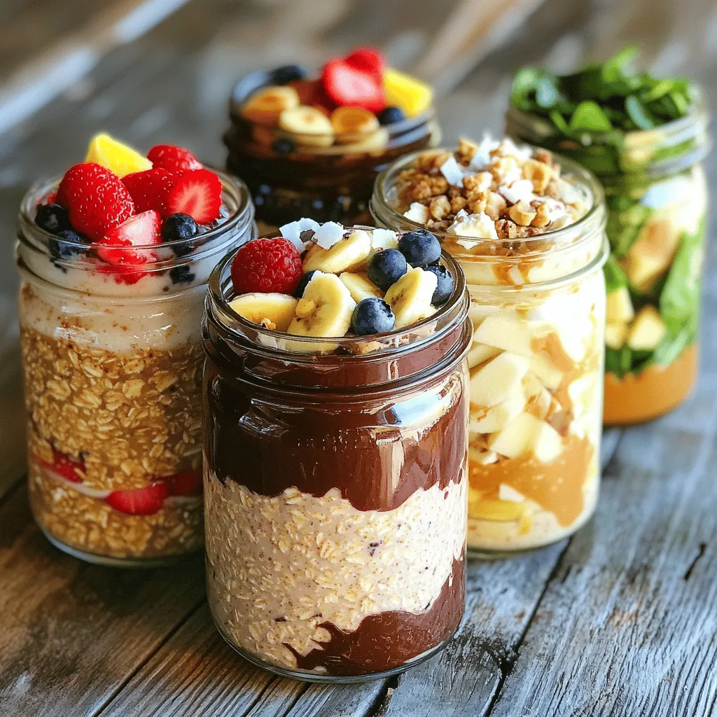 To create a tasty bowl of overnight oats, you need some key base ingredients. These help form the perfect foundation for your breakfast. Here’s what you need: - 1 cup rolled oats - 2 cups almond milk (or any milk of your choice) - 1 tablespoon chia seeds - 2 tablespoons maple syrup (or honey for sweetness) - 1 teaspoon vanilla extract These ingredients combine well to give you a creamy and rich texture. They soak up flavors overnight, making each bite delightful. Next, let's add some fun flavors to your oats. Each variation brings a unique twist: - Berry Blast: 1/2 cup mixed berries (strawberries, blueberries, raspberries) - Nutty Chocolate: 2 tablespoons cocoa powder, 1/4 cup chopped nuts (such as walnuts or almonds) - Tropical Paradise: 1/2 banana, sliced; 1/4 cup coconut flakes; 1/4 cup diced pineapple - Apple Cinnamon Delight: 1/2 apple (diced); 1 teaspoon ground cinnamon; 1 tablespoon peanut butter - Savory Spinach Feta: 1/2 cup fresh spinach, chopped; 1/4 cup crumbled feta cheese; 1 tablespoon olive oil; salt and pepper, to taste These ingredients add new tastes and textures to your oats. You can mix and match them to suit your mood. Finally, let’s talk about toppings. They add a fun crunch and extra flavor. Here are some ideas: - Fresh fruits (like bananas or berries) - Nuts and seeds (such as almonds or sunflower seeds) - Nut butters (like almond or peanut butter) - Honey or maple syrup (for added sweetness) - Granola (for some crunch) Feel free to layer your toppings for a beautiful breakfast. Remember, the more colorful, the better! For the full recipe, check out Overnight Oats Five Ways. To make overnight oats, start with the base. In a large bowl, mix these ingredients: - 1 cup rolled oats - 2 cups almond milk (or any milk of your choice) - 1 tablespoon chia seeds - 2 tablespoons maple syrup (or honey for sweetness) - 1 teaspoon vanilla extract Stir well until everything blends smoothly. This mix forms the heart of your oats. Now, let’s create five tasty flavors! Here’s how to do it: 1. Berry Blast: In one jar, add 1/2 cup mixed berries. Stir gently. 2. Nutty Chocolate: For another jar, mix in 2 tablespoons cocoa powder and 1/4 cup chopped nuts. 3. Tropical Paradise: In the third jar, layer 1/2 banana (sliced), 1/4 cup coconut flakes, and 1/4 cup diced pineapple. 4. Apple Cinnamon Delight: For the fourth jar, fold in 1/2 diced apple, 1 teaspoon ground cinnamon, and 1 tablespoon peanut butter. 5. Savory Spinach Feta: In the last jar, combine 1/2 cup chopped spinach, 1/4 cup crumbled feta, and drizzle with 1 tablespoon olive oil. Add salt and pepper to taste. Seal each jar with a lid and place them in the fridge. Let them chill overnight or for at least 4 hours. This helps the oats absorb all the flavors. In the morning, give each jar a good stir. You can add extra toppings if you want. Enjoy them cold, or warm them in the microwave for a cozy breakfast! For a nice touch, layer your toppings for a colorful look. Serve with fresh fruit or granola for more crunch. Try out the full recipe to explore these delicious variations! To make sure your oats are creamy, use the right milk. Almond milk works well, but feel free to try oat or coconut milk. Chia seeds help too. They absorb liquid and make the oats thicker. Mixing the oats well also helps avoid clumps. Let them sit overnight for best results. A good soak time is at least four hours. Customizing is fun! You can switch up the base ingredients or toppings. For a protein boost, add Greek yogurt. If you want a sweeter taste, use honey or agave syrup. Try different spices like nutmeg or cardamom for extra flavor. You can also mix in nut butter for a creamy texture. With so many options, you can find your perfect combination. One common mistake is using too little liquid. This can make your oats dry. Always follow the ratio of oats to liquid. Another error is not letting them sit long enough. If you eat them too soon, they may not be soft. Lastly, avoid overloading on toppings. Too many can make the oats soggy. Stick to a few favorites for the best experience. For the full recipe, check out Overnight Oats Five Ways. {{image_4}} For a sweet start, try Berry Blast. This mix includes vibrant berries. You’ll need strawberries, blueberries, and raspberries. They add great color and flavor. Just add half a cup of mixed berries to your oats. Stir gently so they spread evenly. Next is Nutty Chocolate. It’s rich and satisfying. Mix in two tablespoons of cocoa powder. Then, add a quarter cup of chopped nuts, like walnuts or almonds. This gives your oats a nice crunch and protein boost. Tropical Paradise is a fun twist. It transports you to sunny beaches! Use half a sliced banana, a quarter cup of coconut flakes, and a quarter cup of diced pineapple. This mix is fresh and sweet. Layer these toppings over your base oats for a bright morning treat. Now, let’s explore savory options. Apple Cinnamon Delight is perfect for cozy mornings. You’ll need half a diced apple, one teaspoon of ground cinnamon, and one tablespoon of peanut butter. Mix these into your oats. The warm spices make it comforting and delicious. For something different, try Savory Spinach Feta. This is a great choice for those who love savory breakfast. Use half a cup of chopped spinach and a quarter cup of crumbled feta cheese. Add a tablespoon of olive oil, plus salt and pepper to taste. This adds a lovely flavor that changes the breakfast game. These five variations let you enjoy overnight oats in many ways. You can find the full recipe to get started right away! To keep your overnight oats fresh, use airtight containers. Glass jars work great. This prevents any odors from the fridge from affecting the oats. Always seal the lids tightly. Store them in the fridge right after you make them. Overnight oats stay good for up to five days in the fridge. If you want to enjoy them longer, use fresh ingredients. Check for any signs of spoilage, like bad smells or changes in texture. If you see any of these, it's best to toss them out. Always label your jars with dates. This helps you track how fresh they are. You can freeze overnight oats for up to three months. Use freezer-safe containers to avoid freezer burn. Leave a little space at the top of each container. The oats will expand when frozen. To eat, thaw them in the fridge overnight. You can also warm them in the microwave. Remember, texture may change slightly after freezing, but the taste will still be yummy. For the best results, add fresh toppings after thawing. Yes, you can use steel-cut oats. However, they require a longer soaking time. Steel-cut oats do not soften like rolled oats do. I recommend soaking them overnight for at least 12 hours. This allows them to swell and become tender. Overnight oats can last up to five days in the fridge. Store them in airtight containers. This keeps them fresh and flavorful. Make sure to check for any signs of spoilage before eating. Absolutely! You can easily make overnight oats vegan. Simply use almond milk or any plant-based milk. Replace honey with maple syrup for sweetness. Your oats will still taste great and be vegan-friendly! There are endless flavor combos to explore! Here are a few ideas: - Chocolate Peanut Butter: Mix in cocoa powder and peanut butter. - Green Smoothie: Blend in spinach, banana, and a splash of almond milk. - Pumpkin Spice: Add pumpkin puree and pumpkin spice blend. - Maple Pecan: Incorporate maple syrup and toasted pecans. These flavors keep breakfast exciting and delicious! For the full recipe, check it out [here](#). Overnight oats offer a simple and tasty way to start your day. We covered the main base ingredients, flavor options, and recommended toppings. You learned step-by-step how to prepare each variation and best practices for creamy texture. I shared some fun recipes, from sweet berry blends to savory delights. Remember to store them properly for freshness. With these tips, you can enjoy nutritious oats every morning. Get creative and try different flavors that excite your taste buds!