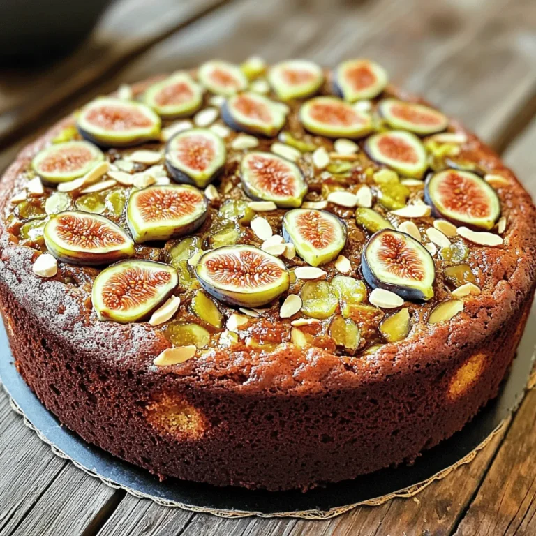 To make a delightful fig cake with almond and honey, gather the following ingredients: - 1 cup fresh or dried figs, chopped - 1/2 cup unsalted butter, softened - 1 cup granulated sugar - 1/4 cup honey - 2 large eggs - 1 teaspoon vanilla extract - 1 1/2 cups all-purpose flour - 1 teaspoon baking powder - 1/2 teaspoon baking soda - 1/4 teaspoon salt - 1/2 cup ground almonds (almond flour) - 1/2 cup buttermilk - Garnish options: sliced figs and slivered almonds These ingredients blend together to create a moist and flavorful cake. Fresh figs offer a sweet burst, while honey adds a lovely richness. Ground almonds bring a nutty taste and a unique texture. Using unsalted butter gives you control over the cake's salt levels. This balance of flavors makes the cake simply irresistible. You can find the full recipe and step-by-step instructions to create this treat. Enjoy crafting your fig cake! First, you need to preheat your oven to 350°F (175°C). This is the perfect temperature for baking. While your oven heats up, prepare a 9-inch round cake pan. Grease it with butter and dust it lightly with flour. You can also line the bottom with parchment paper to make the cake easier to take out. Next, let’s get our figs ready. If you are using dried figs, soak them in warm water for about 15 minutes. This will plump them up and make them soft. If you prefer fresh figs, wash them well. Then chop them into small, bite-sized pieces. Make sure the pieces are even so they mix well into the batter. Now we’ll make the cake batter. In a large mixing bowl, cream together the softened butter, granulated sugar, and honey. Use an electric mixer for about 3-4 minutes until it is light and fluffy. Then, add the eggs one at a time. Mix well after each egg. Finally, stir in the vanilla extract until it is fully combined. In a separate bowl, measure and sift together the all-purpose flour, baking powder, baking soda, salt, and ground almonds. Sifting is key for even mixing and helps the cake rise well. Make sure you measure carefully to get the best results. Now it’s time to combine our mixtures. Gradually add the dry ingredients to the wet batter. Do this while alternating with the buttermilk. Start and end with the dry ingredients. Mix gently until everything is just combined. Be careful not to over-mix, as this can make the cake tough. Pour the batter into your prepared cake pan. Smooth the top with a spatula so it’s even. Place the pan in the preheated oven and bake for 30-35 minutes. To check if it’s done, insert a toothpick into the center. If it comes out clean, your cake is ready! After baking, let the cake cool in the pan for about 10 minutes. Then, carefully transfer it to a wire rack to cool completely. For the final touch, top it off with sliced figs and slivered almonds. This makes your cake look stunning and adds extra flavor. Enjoy your Fig Cake with Almond and Honey! Check the [Full Recipe] for more details. To make your cake soft, avoid over-mixing. After you add the dry ingredients, stir just enough. This keeps the cake light. Over-mixing can make it dense. Use a spatula to fold in the figs gently. This way, they stay whole and create nice pockets of flavor. Want to boost the taste? Try adding a pinch of nutmeg or cinnamon. These spices work well with figs. You can also add a splash of orange juice for extra zest. For a nutty twist, mix in chopped walnuts or pecans with the almonds. To make your cake look amazing, garnish it with sliced figs and slivered almonds. Arrange them nicely on top for a beautiful look. You can also drizzle honey over the cake for shine. Serve each slice on a plate with a few almond slivers for a lovely touch. The bright colors will catch everyone’s eye! {{image_4}} If you want to change some ingredients, you have options. For honey, use maple syrup or agave nectar. These sweeteners add a unique taste. If you need a butter substitute, try coconut oil or vegetable oil. Both will keep your cake moist. If you want to avoid eggs, use applesauce or mashed bananas. Each change keeps the cake tasty. You can make the cake even more exciting by adding other fruits or nuts. Try adding chopped apples, pears, or even berries. These fruits will give your cake a fresh twist. For nuts, consider walnuts or pecans. They will add crunch and flavor. Mix these in carefully when you fold in the figs. Each addition changes the flavor and texture. If you need a gluten-free cake, it’s easy to adapt. Just swap all-purpose flour for gluten-free flour. Almond flour is a great choice too. It adds a nice nutty taste. When you use gluten-free flour, keep an eye on the texture. The cake might be a bit different but still delicious. You can enjoy a gluten-free version without missing out! For the complete recipe, check out the [Full Recipe]. To keep your Fig Cake with Almond and Honey fresh, wrap it tightly. Use plastic wrap or aluminum foil. You can also place it in an airtight container. Store it at room temperature for up to three days. If you want to keep it longer, the fridge is a good option, but it may dry out. To freeze the cake, first, let it cool completely. Slice the cake into portions. Wrap each slice in plastic wrap, then in aluminum foil. This keeps the cake moist and tasty. You can freeze it for up to three months. When you're ready to enjoy it, thaw it in the fridge overnight. Reheating is easy! Preheat your oven to 350°F (175°C). Place the slice on a baking sheet. Heat it for about 10 minutes. This warms the cake without drying it out. You can also use a microwave. Heat on low for about 15 seconds. Enjoy it warm for a delightful taste! Yes, you can use frozen figs. Just thaw them first. Pat them dry with a towel. This helps keep the batter from getting too wet. Frozen figs work well and still taste great! To cut the cake, use a sharp knife. Dip it in warm water for easy slicing. Wipe the knife clean between cuts. This keeps each slice neat and pretty. The cake lasts about three days at room temperature. Store it in an airtight container. You can also refrigerate it for about a week. Just remember to let it come to room temp before eating. You can make the cake a day in advance. Just cover it well to keep it fresh. You can also bake and freeze it for up to a month. Thaw it overnight in the fridge when you're ready to eat. Pair your fig cake with tea or coffee. A scoop of vanilla ice cream also works well. For a fruity touch, serve it with fresh berries. This adds color and flavor to your dessert. Yes, you can adapt the recipe. Use plant-based butter and almond milk for a vegan version. You can also make it gluten-free by using almond flour instead of all-purpose flour. Enjoy the same great taste! For the full recipe, check out [Full Recipe]. This blog post explored making a delicious fig cake. We covered essential ingredients, step-by-step baking, and tips for perfect texture and flavor. Remember, you can customize your cake with different fruits or gluten-free options. Proper storage keeps your cake fresh for longer. Whether for a gathering or a simple treat, this recipe can fit any occasion. Now, it’s time to gather your ingredients and begin baking. Enjoy the sweet results of your hard work!
