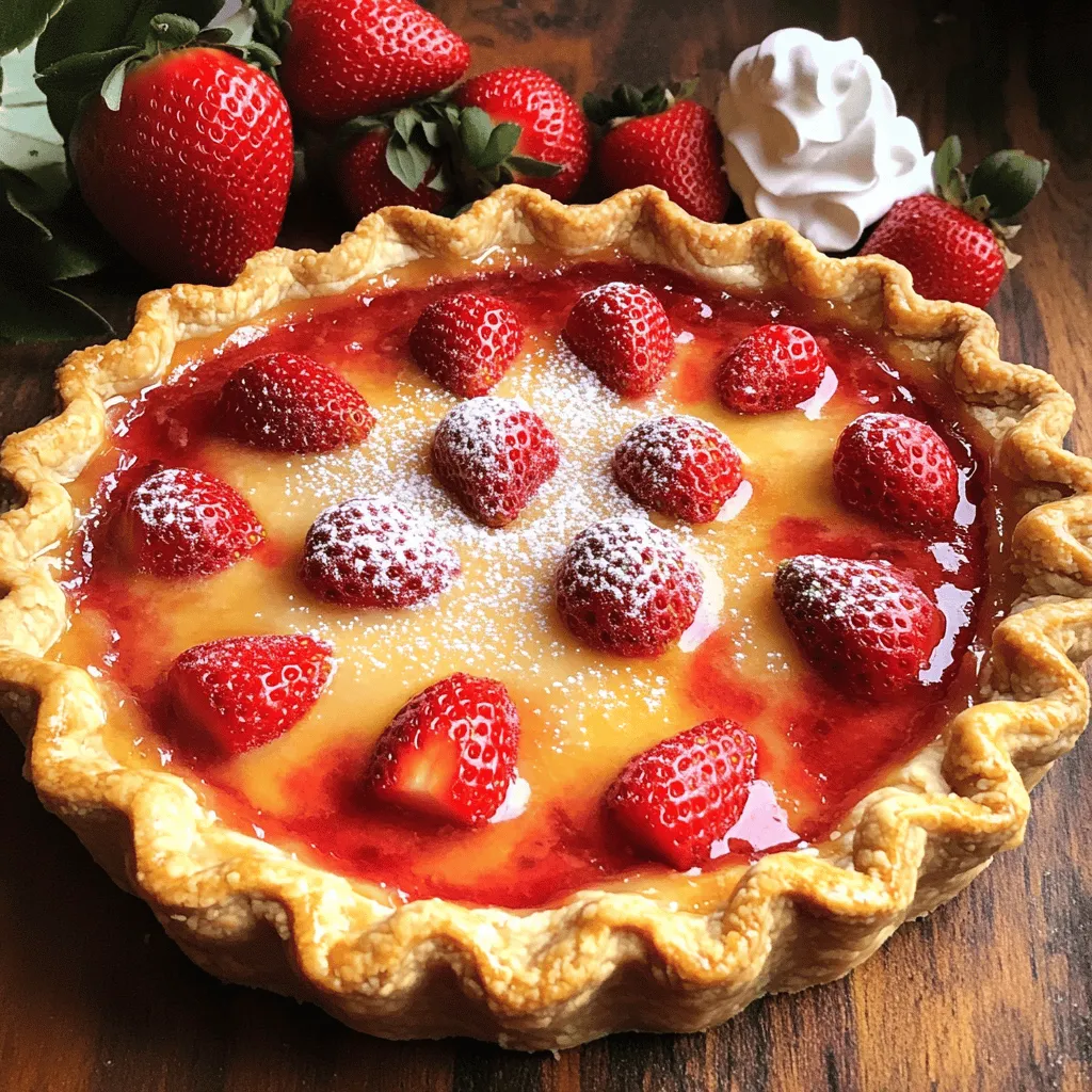 Here are the ingredients you need for a fresh strawberry pie. Each one plays a key role in making this dessert delightful and full of flavor. - 2 cups fresh strawberries, hulled and halved - 1 cup granulated sugar - 1 tablespoon fresh lemon juice - 1 tablespoon cornstarch - 1 pre-made pie crust (store-bought or homemade) - 1/2 teaspoon vanilla extract - 1/4 teaspoon salt - Whipped cream for serving (optional) Using fresh strawberries makes the pie taste bright and sweet. The sugar helps balance the tartness of the berries. The lemon juice adds a zesty kick that brightens the flavor. Cornstarch thickens the filling, giving it a nice texture. Your choice of pie crust is important, as it holds everything together. Adding a splash of vanilla gives a warm flavor to the pie. A pinch of salt enhances all the tastes. For a complete guide, check out the Full Recipe. You can easily adjust the sweetness by adding more or less sugar based on your taste. Enjoy picking out your ingredients, as they set the stage for a delicious pie! Set your oven to 425°F (220°C). This step gets the oven ready for the pie. In a medium saucepan, combine: - 2 cups fresh strawberries, hulled and halved - 1 cup granulated sugar - 1 tablespoon fresh lemon juice - 1/4 teaspoon salt Stir gently and cook over medium heat. Let it cook for about 3-4 minutes. You want the strawberries to soften and juice up. In a small bowl, create a slurry. Mix: - 1 tablespoon cornstarch - 2 tablespoons of water Stir until smooth. Add this slurry to the saucepan. Keep stirring and cook for another 2-3 minutes until it thickens. Remove from heat and add 1/2 teaspoon vanilla extract. Pour the thickened strawberry filling into the pre-made pie crust. Spread it evenly for a nice look. Place the pie in your preheated oven. Bake for 15-20 minutes. Look for a golden brown crust and bubbling filling. Take the pie out of the oven. Let it cool for at least 1 hour. This helps the filling set well. Slice the pie into generous pieces. Top each slice with whipped cream if you like. Enjoy your sweet treat! For the complete recipe, check the Full Recipe. To make a great pie, you need the best strawberries. Look for firm, bright red strawberries with a natural shine. Avoid any that are dull or have dark spots. Fresh strawberries taste sweet and juicy, making your pie delicious. If possible, buy local strawberries in season for the best flavor. A flaky pie crust makes your pie special. If you use a store-bought crust, check the package for tips. If you want to make your crust, keep your butter cold. This helps create layers that flake nicely. Roll the dough evenly and avoid pressing too hard. A bit of practice will help you get it right. Cooling the pie is very important. After baking, let it cool for at least 1 hour. This helps the filling set properly. If you skip this step, the filling may spill out when you slice the pie. A well-cooled pie looks better and tastes great. Enjoy your fresh Strawberry Pie with this helpful cooling time! {{image_4}} You can add other berries to your pie. Raspberries, blueberries, and blackberries work well. They add different flavors and colors. Try mixing them with strawberries for a fun twist. Just keep the strawberry amount the same. This way, the pie stays balanced and fresh. For a creamy version, add a layer of cream under the strawberries. You can mix cream cheese with sugar and vanilla. Whip the cream until it's light and fluffy. Spread this mixture in the pie crust before adding the strawberries. The cream adds richness and makes each bite feel special. If you need a gluten-free pie crust, you have options! Almond flour or coconut flour can work well. You can also find ready-made gluten-free crusts in stores. Just make sure to check the label for gluten-free signs. This allows everyone to enjoy a slice of the pie without worry. For the full recipe, check the link above. To store leftover pie in the fridge, cover it with plastic wrap or foil. This keeps the pie fresh and prevents it from drying out. Place it in the fridge for up to three days. If you want to enjoy it longer, consider freezing. To freeze the pie, let it cool completely first. Wrap it tightly in plastic wrap, then foil. This prevents freezer burn and keeps the pie tasty. You can freeze it for up to three months. When ready to eat, thaw it overnight in the fridge. For reheating, the oven works best. Preheat it to 350°F (175°C). Place the pie on a baking sheet and cover loosely with foil. Heat for about 15-20 minutes. This method keeps the crust crisp and the filling warm. Enjoy your delicious pie like it’s fresh out of the oven! To balance sweetness in your strawberry pie, you can reduce the sugar. Use just 3/4 cup instead of a full cup. You can also add more lemon juice. This will bring out the strawberry flavor. Another tip is to mix in some unsweetened berries. This adds depth while cutting the sweetness. Yes, you can use frozen strawberries. They work well in a pie. However, be sure to thaw and drain them first. This prevents excess water in your pie filling. The flavor may vary slightly, but the result is still tasty. Just follow the same steps as the recipe with fresh strawberries from the [Full Recipe]. To keep your pie crust crisp, try these tips: - Pre-bake your crust for 10 minutes before adding filling. - Brush the crust with egg wash. This creates a barrier. - Use cornstarch in the filling. It helps thicken the juices. These steps will ensure your crust stays flaky and golden. Fresh strawberry pie pairs well with a few things: - A dollop of whipped cream adds creaminess. - Serve it with vanilla ice cream for a classic touch. - Fresh mint leaves give a pop of color and flavor. These sides enhance your pie and create a delightful meal. You now have a detailed guide to making a fresh strawberry pie. We covered the ingredients, step-by-step instructions, and helpful tips to ensure success. Remember, using fresh strawberries and letting the pie cool are key steps. Explore variations like mixed berry pies to keep things exciting. Store leftovers correctly for best taste. Enjoying this simple dessert can bring joy to any meal or gathering. Keep these tips in mind, and your strawberry pie will be a treat everyone loves. Happy baking!