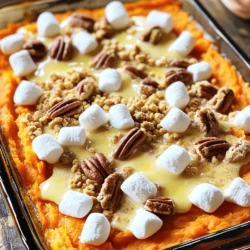 To make the best sweet potato casserole, gather these key ingredients: - 4 large sweet potatoes, peeled and diced into 1-inch cubes - 1/2 cup packed brown sugar - 1/4 cup pure maple syrup - 1/2 cup milk (or unsweetened almond milk for a dairy-free option) - 1/3 cup unsalted butter, melted and slightly cooled - 2 large eggs, lightly beaten - 1 teaspoon pure vanilla extract - 1 teaspoon ground cinnamon - 1/2 teaspoon ground nutmeg - 1/4 teaspoon fine sea salt - 1 cup mini marshmallows - 1 cup pecans, roughly chopped - 1/2 cup crushed graham crackers These ingredients create a warm and sweet dish that comforts everyone. You can add a twist to the recipe with these options: - A pinch of cayenne pepper for heat - Chopped apples for added texture and sweetness - A splash of orange juice for a citrusy flavor - Coconut flakes to enhance the tropical vibe Feel free to mix and match to suit your taste! If you have allergies or dietary needs, consider these substitutions: - Use coconut milk instead of regular milk for a vegan option. - Swap brown sugar for coconut sugar for a lower glycemic index. - Replace eggs with flaxseed meal mixed with water (1 tablespoon flaxseed + 3 tablespoons water = 1 egg). - Use sunflower seeds instead of pecans for a nut-free option. These swaps keep the dish delicious while accommodating different diets. You can find the full recipe for more details! First, you need to preheat your oven. Set it to 350°F (175°C). Grab your 9x13 inch baking dish and grease it with butter or non-stick spray. This keeps your casserole from sticking. Next, fill a large pot with water and bring it to a boil. Add your diced sweet potatoes carefully. Cook them for 15 to 20 minutes. They should be soft enough to pierce with a fork. Once done, drain the water and let the potatoes cool for a few minutes. Now, place the warm sweet potatoes into a big mixing bowl. Use a potato masher or a fork to mash them smooth. You don't want any lumps! Then, add brown sugar, maple syrup, milk, melted butter, beaten eggs, vanilla extract, ground cinnamon, ground nutmeg, and sea salt to the bowl. Stir everything until it's creamy and well mixed. In a separate bowl, combine mini marshmallows, chopped pecans, and crushed graham crackers. Mix them well. This will create a delicious topping for your casserole. Pour the sweet potato mix into your greased baking dish. Smooth the top to make it even. Then, spread the marshmallow-pecan-graham cracker mix over the sweet potatoes. Bake the casserole in your preheated oven for 30 to 35 minutes. It should be golden brown on top when done. Let the casserole cool for about 5 to 10 minutes before serving. This makes it easier to serve. You can serve it straight from the baking dish. For a nice touch, sprinkle a little cinnamon or drizzle some maple syrup on top. Enjoy this warm and comforting dish! You can find the full recipe [here](#). To get a smooth mash, start with hot sweet potatoes. They mash easier when warm. Use a potato masher or fork. I like to mash with a gentle hand. This keeps some texture, which adds charm. Avoid using a blender; it can make the mash gluey. A few lumps are fine, as they add character. To keep your casserole thick, drain the sweet potatoes well after boiling. Any extra water will make the dish runny. Also, use the right amount of milk. Start with half a cup, and add more only if needed. If you want a richer texture, use heavy cream instead. Lastly, let the casserole cool a bit before serving. This helps it set up nicely. When layering toppings, spread them evenly across the sweet potato mix. This ensures every bite has flavor. Start with a layer of mini marshmallows for sweetness. Then, sprinkle the pecans for crunch. Finally, add crushed graham crackers for a sweet, crumbly finish. Press down lightly to help them stick during baking. This creates a golden crust that everyone will love. For more details, check the Full Recipe! {{image_4}} You can easily make this casserole gluten-free. Just swap out the graham crackers for gluten-free ones. Many brands offer tasty options that work well. You can also check for gluten-free mini marshmallows. This way, everyone can enjoy a warm dish without worries. To make a vegan version, use unsweetened almond milk instead of regular milk. Replace the eggs with flax eggs. To make one flax egg, mix one tablespoon of ground flaxseed with three tablespoons of water. Let it sit for a few minutes to thicken. This keeps the texture creamy and delicious. You can play with spices to change the flavor. Try adding ground ginger for a warm kick. A pinch of cloves gives a unique taste, too. You can even use pumpkin spice for a seasonal twist. Experimenting will make your casserole special every time. After enjoying your delicious sweet potato casserole, let it cool completely. Use an airtight container to store leftovers. This keeps the casserole fresh and tasty. You can place it in the fridge for up to four days. I love using glass containers, as they help me see the food inside. When you're ready to enjoy leftovers, preheat your oven to 350°F (175°C). Transfer the casserole to an oven-safe dish if needed. Cover it with foil to keep moisture in, and heat for about 20 minutes. If you prefer, you can microwave individual portions for about 1-2 minutes. Just watch it closely, so it doesn’t get too hot. You can freeze sweet potato casserole, too! First, let it cool completely. Then, wrap it tightly in plastic wrap and foil, or use a freezer-safe container. It can last in the freezer for up to three months. To cook, thaw it overnight in the fridge. Then, reheat it in the oven until warm. This way, you can enjoy this comfort dish anytime you want! Don't forget to check out the Full Recipe for all the details on making this amazing casserole. Sweet potato casserole lasts about 3 to 5 days in the fridge. Store it in an airtight container to keep it fresh. The flavors often improve after a day. Yes, you can make sweet potato casserole ahead of time. Prepare it up to the baking step. Cover it and store it in the fridge for up to 24 hours. When ready, just bake it straight from the fridge. You can use mashed bananas or unsweetened applesauce as egg substitutes. Use 1/4 cup of either per egg. This keeps the casserole moist and adds a hint of sweetness. Sweet potato casserole is best served hot. The warm, gooey marshmallows create a delightful texture. It’s comfort food that tastes amazing when fresh from the oven. Each serving offers around 250 calories. It has good fiber from sweet potatoes and healthy fats from pecans. This dish also provides vitamins A and C, making it a tasty and nutritious choice. You can find the full recipe for Ultimate Sweet Potato Casserole in the earlier section of this article. Enjoy the step-by-step guide to make this dish perfectly! You learned about the key ingredients for a tasty sweet potato casserole. We covered the steps to prepare, bake, and serve it. You now have tips to ensure it turns out just right. Plus, you explored variations for different diets and how to store leftovers. Enjoy making this dish for any gathering. With the right approach, your casserole will impress everyone. Happy cooking!