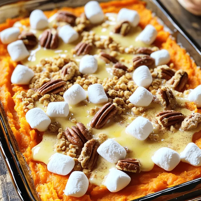 To make the best sweet potato casserole, gather these key ingredients: - 4 large sweet potatoes, peeled and diced into 1-inch cubes - 1/2 cup packed brown sugar - 1/4 cup pure maple syrup - 1/2 cup milk (or unsweetened almond milk for a dairy-free option) - 1/3 cup unsalted butter, melted and slightly cooled - 2 large eggs, lightly beaten - 1 teaspoon pure vanilla extract - 1 teaspoon ground cinnamon - 1/2 teaspoon ground nutmeg - 1/4 teaspoon fine sea salt - 1 cup mini marshmallows - 1 cup pecans, roughly chopped - 1/2 cup crushed graham crackers These ingredients create a warm and sweet dish that comforts everyone. You can add a twist to the recipe with these options: - A pinch of cayenne pepper for heat - Chopped apples for added texture and sweetness - A splash of orange juice for a citrusy flavor - Coconut flakes to enhance the tropical vibe Feel free to mix and match to suit your taste! If you have allergies or dietary needs, consider these substitutions: - Use coconut milk instead of regular milk for a vegan option. - Swap brown sugar for coconut sugar for a lower glycemic index. - Replace eggs with flaxseed meal mixed with water (1 tablespoon flaxseed + 3 tablespoons water = 1 egg). - Use sunflower seeds instead of pecans for a nut-free option. These swaps keep the dish delicious while accommodating different diets. You can find the full recipe for more details! First, you need to preheat your oven. Set it to 350°F (175°C). Grab your 9x13 inch baking dish and grease it with butter or non-stick spray. This keeps your casserole from sticking. Next, fill a large pot with water and bring it to a boil. Add your diced sweet potatoes carefully. Cook them for 15 to 20 minutes. They should be soft enough to pierce with a fork. Once done, drain the water and let the potatoes cool for a few minutes. Now, place the warm sweet potatoes into a big mixing bowl. Use a potato masher or a fork to mash them smooth. You don't want any lumps! Then, add brown sugar, maple syrup, milk, melted butter, beaten eggs, vanilla extract, ground cinnamon, ground nutmeg, and sea salt to the bowl. Stir everything until it's creamy and well mixed. In a separate bowl, combine mini marshmallows, chopped pecans, and crushed graham crackers. Mix them well. This will create a delicious topping for your casserole. Pour the sweet potato mix into your greased baking dish. Smooth the top to make it even. Then, spread the marshmallow-pecan-graham cracker mix over the sweet potatoes. Bake the casserole in your preheated oven for 30 to 35 minutes. It should be golden brown on top when done. Let the casserole cool for about 5 to 10 minutes before serving. This makes it easier to serve. You can serve it straight from the baking dish. For a nice touch, sprinkle a little cinnamon or drizzle some maple syrup on top. Enjoy this warm and comforting dish! You can find the full recipe [here](#). To get a smooth mash, start with hot sweet potatoes. They mash easier when warm. Use a potato masher or fork. I like to mash with a gentle hand. This keeps some texture, which adds charm. Avoid using a blender; it can make the mash gluey. A few lumps are fine, as they add character. To keep your casserole thick, drain the sweet potatoes well after boiling. Any extra water will make the dish runny. Also, use the right amount of milk. Start with half a cup, and add more only if needed. If you want a richer texture, use heavy cream instead. Lastly, let the casserole cool a bit before serving. This helps it set up nicely. When layering toppings, spread them evenly across the sweet potato mix. This ensures every bite has flavor. Start with a layer of mini marshmallows for sweetness. Then, sprinkle the pecans for crunch. Finally, add crushed graham crackers for a sweet, crumbly finish. Press down lightly to help them stick during baking. This creates a golden crust that everyone will love. For more details, check the Full Recipe! {{image_4}} You can easily make this casserole gluten-free. Just swap out the graham crackers for gluten-free ones. Many brands offer tasty options that work well. You can also check for gluten-free mini marshmallows. This way, everyone can enjoy a warm dish without worries. To make a vegan version, use unsweetened almond milk instead of regular milk. Replace the eggs with flax eggs. To make one flax egg, mix one tablespoon of ground flaxseed with three tablespoons of water. Let it sit for a few minutes to thicken. This keeps the texture creamy and delicious. You can play with spices to change the flavor. Try adding ground ginger for a warm kick. A pinch of cloves gives a unique taste, too. You can even use pumpkin spice for a seasonal twist. Experimenting will make your casserole special every time. After enjoying your delicious sweet potato casserole, let it cool completely. Use an airtight container to store leftovers. This keeps the casserole fresh and tasty. You can place it in the fridge for up to four days. I love using glass containers, as they help me see the food inside. When you're ready to enjoy leftovers, preheat your oven to 350°F (175°C). Transfer the casserole to an oven-safe dish if needed. Cover it with foil to keep moisture in, and heat for about 20 minutes. If you prefer, you can microwave individual portions for about 1-2 minutes. Just watch it closely, so it doesn’t get too hot. You can freeze sweet potato casserole, too! First, let it cool completely. Then, wrap it tightly in plastic wrap and foil, or use a freezer-safe container. It can last in the freezer for up to three months. To cook, thaw it overnight in the fridge. Then, reheat it in the oven until warm. This way, you can enjoy this comfort dish anytime you want! Don't forget to check out the Full Recipe for all the details on making this amazing casserole. Sweet potato casserole lasts about 3 to 5 days in the fridge. Store it in an airtight container to keep it fresh. The flavors often improve after a day. Yes, you can make sweet potato casserole ahead of time. Prepare it up to the baking step. Cover it and store it in the fridge for up to 24 hours. When ready, just bake it straight from the fridge. You can use mashed bananas or unsweetened applesauce as egg substitutes. Use 1/4 cup of either per egg. This keeps the casserole moist and adds a hint of sweetness. Sweet potato casserole is best served hot. The warm, gooey marshmallows create a delightful texture. It’s comfort food that tastes amazing when fresh from the oven. Each serving offers around 250 calories. It has good fiber from sweet potatoes and healthy fats from pecans. This dish also provides vitamins A and C, making it a tasty and nutritious choice. You can find the full recipe for Ultimate Sweet Potato Casserole in the earlier section of this article. Enjoy the step-by-step guide to make this dish perfectly! You learned about the key ingredients for a tasty sweet potato casserole. We covered the steps to prepare, bake, and serve it. You now have tips to ensure it turns out just right. Plus, you explored variations for different diets and how to store leftovers. Enjoy making this dish for any gathering. With the right approach, your casserole will impress everyone. Happy cooking!