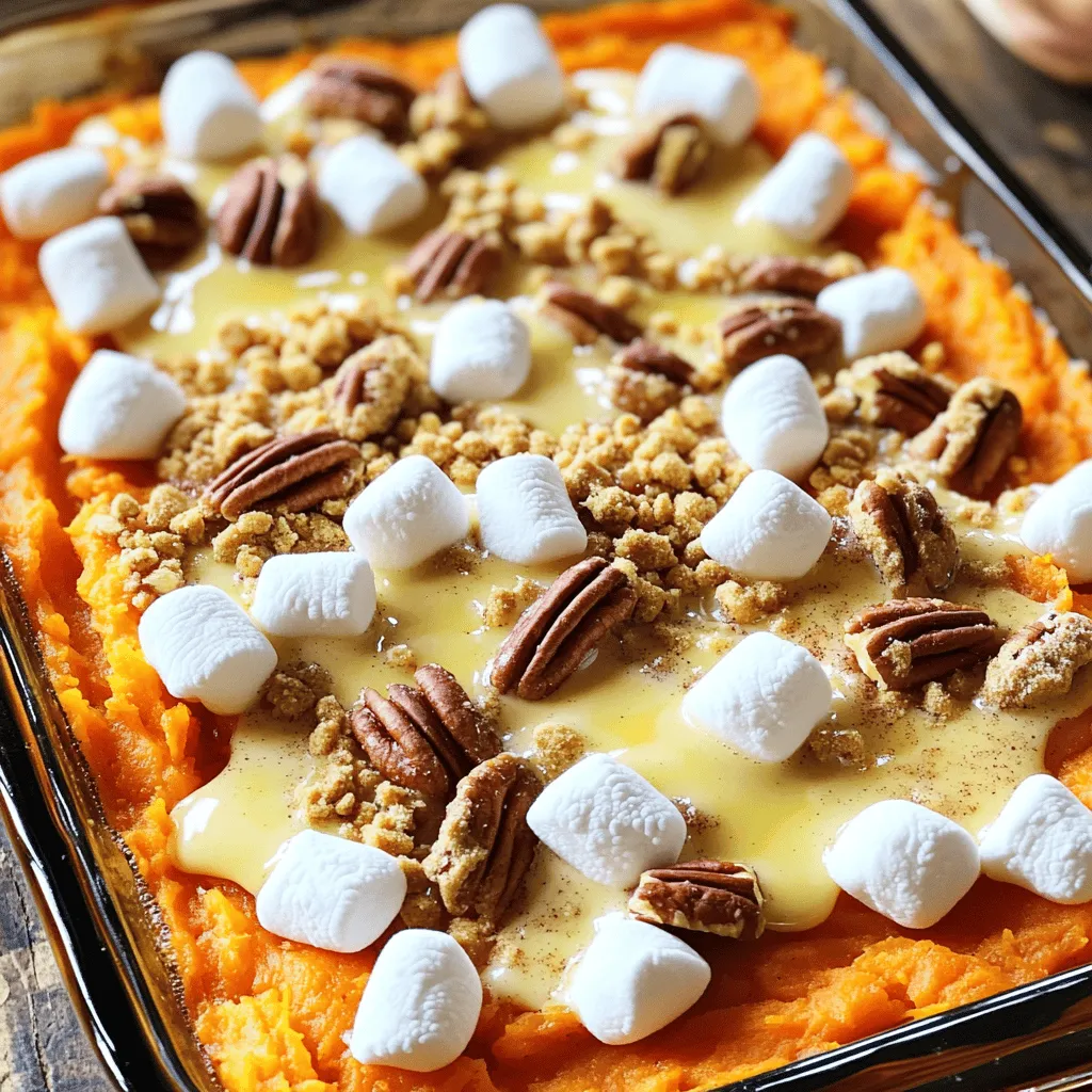 To make the best sweet potato casserole, gather these key ingredients: - 4 large sweet potatoes, peeled and diced into 1-inch cubes - 1/2 cup packed brown sugar - 1/4 cup pure maple syrup - 1/2 cup milk (or unsweetened almond milk for a dairy-free option) - 1/3 cup unsalted butter, melted and slightly cooled - 2 large eggs, lightly beaten - 1 teaspoon pure vanilla extract - 1 teaspoon ground cinnamon - 1/2 teaspoon ground nutmeg - 1/4 teaspoon fine sea salt - 1 cup mini marshmallows - 1 cup pecans, roughly chopped - 1/2 cup crushed graham crackers These ingredients create a warm and sweet dish that comforts everyone. You can add a twist to the recipe with these options: - A pinch of cayenne pepper for heat - Chopped apples for added texture and sweetness - A splash of orange juice for a citrusy flavor - Coconut flakes to enhance the tropical vibe Feel free to mix and match to suit your taste! If you have allergies or dietary needs, consider these substitutions: - Use coconut milk instead of regular milk for a vegan option. - Swap brown sugar for coconut sugar for a lower glycemic index. - Replace eggs with flaxseed meal mixed with water (1 tablespoon flaxseed + 3 tablespoons water = 1 egg). - Use sunflower seeds instead of pecans for a nut-free option. These swaps keep the dish delicious while accommodating different diets. You can find the full recipe for more details! First, you need to preheat your oven. Set it to 350°F (175°C). Grab your 9x13 inch baking dish and grease it with butter or non-stick spray. This keeps your casserole from sticking. Next, fill a large pot with water and bring it to a boil. Add your diced sweet potatoes carefully. Cook them for 15 to 20 minutes. They should be soft enough to pierce with a fork. Once done, drain the water and let the potatoes cool for a few minutes. Now, place the warm sweet potatoes into a big mixing bowl. Use a potato masher or a fork to mash them smooth. You don't want any lumps! Then, add brown sugar, maple syrup, milk, melted butter, beaten eggs, vanilla extract, ground cinnamon, ground nutmeg, and sea salt to the bowl. Stir everything until it's creamy and well mixed. In a separate bowl, combine mini marshmallows, chopped pecans, and crushed graham crackers. Mix them well. This will create a delicious topping for your casserole. Pour the sweet potato mix into your greased baking dish. Smooth the top to make it even. Then, spread the marshmallow-pecan-graham cracker mix over the sweet potatoes. Bake the casserole in your preheated oven for 30 to 35 minutes. It should be golden brown on top when done. Let the casserole cool for about 5 to 10 minutes before serving. This makes it easier to serve. You can serve it straight from the baking dish. For a nice touch, sprinkle a little cinnamon or drizzle some maple syrup on top. Enjoy this warm and comforting dish! You can find the full recipe [here](#). To get a smooth mash, start with hot sweet potatoes. They mash easier when warm. Use a potato masher or fork. I like to mash with a gentle hand. This keeps some texture, which adds charm. Avoid using a blender; it can make the mash gluey. A few lumps are fine, as they add character. To keep your casserole thick, drain the sweet potatoes well after boiling. Any extra water will make the dish runny. Also, use the right amount of milk. Start with half a cup, and add more only if needed. If you want a richer texture, use heavy cream instead. Lastly, let the casserole cool a bit before serving. This helps it set up nicely. When layering toppings, spread them evenly across the sweet potato mix. This ensures every bite has flavor. Start with a layer of mini marshmallows for sweetness. Then, sprinkle the pecans for crunch. Finally, add crushed graham crackers for a sweet, crumbly finish. Press down lightly to help them stick during baking. This creates a golden crust that everyone will love. For more details, check the Full Recipe! {{image_4}} You can easily make this casserole gluten-free. Just swap out the graham crackers for gluten-free ones. Many brands offer tasty options that work well. You can also check for gluten-free mini marshmallows. This way, everyone can enjoy a warm dish without worries. To make a vegan version, use unsweetened almond milk instead of regular milk. Replace the eggs with flax eggs. To make one flax egg, mix one tablespoon of ground flaxseed with three tablespoons of water. Let it sit for a few minutes to thicken. This keeps the texture creamy and delicious. You can play with spices to change the flavor. Try adding ground ginger for a warm kick. A pinch of cloves gives a unique taste, too. You can even use pumpkin spice for a seasonal twist. Experimenting will make your casserole special every time. After enjoying your delicious sweet potato casserole, let it cool completely. Use an airtight container to store leftovers. This keeps the casserole fresh and tasty. You can place it in the fridge for up to four days. I love using glass containers, as they help me see the food inside. When you're ready to enjoy leftovers, preheat your oven to 350°F (175°C). Transfer the casserole to an oven-safe dish if needed. Cover it with foil to keep moisture in, and heat for about 20 minutes. If you prefer, you can microwave individual portions for about 1-2 minutes. Just watch it closely, so it doesn’t get too hot. You can freeze sweet potato casserole, too! First, let it cool completely. Then, wrap it tightly in plastic wrap and foil, or use a freezer-safe container. It can last in the freezer for up to three months. To cook, thaw it overnight in the fridge. Then, reheat it in the oven until warm. This way, you can enjoy this comfort dish anytime you want! Don't forget to check out the Full Recipe for all the details on making this amazing casserole. Sweet potato casserole lasts about 3 to 5 days in the fridge. Store it in an airtight container to keep it fresh. The flavors often improve after a day. Yes, you can make sweet potato casserole ahead of time. Prepare it up to the baking step. Cover it and store it in the fridge for up to 24 hours. When ready, just bake it straight from the fridge. You can use mashed bananas or unsweetened applesauce as egg substitutes. Use 1/4 cup of either per egg. This keeps the casserole moist and adds a hint of sweetness. Sweet potato casserole is best served hot. The warm, gooey marshmallows create a delightful texture. It’s comfort food that tastes amazing when fresh from the oven. Each serving offers around 250 calories. It has good fiber from sweet potatoes and healthy fats from pecans. This dish also provides vitamins A and C, making it a tasty and nutritious choice. You can find the full recipe for Ultimate Sweet Potato Casserole in the earlier section of this article. Enjoy the step-by-step guide to make this dish perfectly! You learned about the key ingredients for a tasty sweet potato casserole. We covered the steps to prepare, bake, and serve it. You now have tips to ensure it turns out just right. Plus, you explored variations for different diets and how to store leftovers. Enjoy making this dish for any gathering. With the right approach, your casserole will impress everyone. Happy cooking!