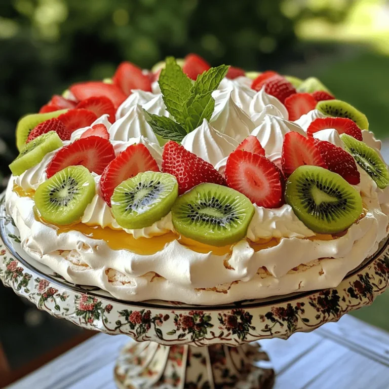 To make a delicious Strawberry Kiwi Pavlova, you will need the following items: - 4 large egg whites - 1 cup granulated sugar - 1 teaspoon white vinegar - 1 teaspoon cornstarch - 1 cup heavy whipping cream - 2 tablespoons powdered sugar - 1 teaspoon vanilla extract - 1 cup strawberries, hulled and sliced - 2 kiwis, peeled and sliced - Fresh mint leaves for garnish (optional) Each ingredient plays a key role in the final dish. The egg whites create a light and airy base, while the sugar helps to stabilize the meringue. Vinegar adds a hint of tang, and cornstarch gives structure. The heavy cream, whipped to perfection, offers a rich and creamy layer. Fresh strawberries and kiwis add vibrant colors and sweet-tart flavors. As you gather these ingredients, think about how you can personalize this recipe. Maybe you want to add a splash of orange zest or try a different fruit. The options are endless! For the complete cooking process, check out the Full Recipe. - Preheat your oven to 275°F (135°C). - Line a baking sheet with parchment paper. - Lightly trace a 9-inch circle in the center. This circle helps shape your meringue. - In a large bowl, beat the egg whites with an electric mixer. - Start on medium speed until soft peaks form, about 2-3 minutes. - Gradually add the granulated sugar, one tablespoon at a time. - Keep beating until you see stiff peaks and a glossy finish, around 5-7 minutes. - Carefully fold in the white vinegar and cornstarch with a spatula. - Make sure to keep the volume by folding, not stirring. - Spoon the meringue onto the prepared parchment paper. - Use the drawn circle as a guide to shape a round, shallow nest. - Create slightly raised edges for a beautiful look. - Place the meringue in the preheated oven and bake for 1 hour. - After baking, turn off the oven and let the pavlova cool inside. - Leave the oven door slightly ajar to allow heat to escape slowly. This method creates a crisp outer layer and a soft inside. You will soon have a stunning pavlova ready for toppings! For the full recipe, check the provided details. To make the best meringue, start with room temperature egg whites. Cold egg whites do not whip well. Let them sit at room temp for about 30 minutes. This small step helps in getting that perfect volume. Avoid moisture in the egg whites by using clean bowls and tools. Even a tiny bit of fat or water can ruin your meringue. Make sure everything is dry and clean before you begin. Whipping cream can be tricky. Use heavy cream and chill your mixing bowl for best results. Beat the cream slowly at first, then increase to medium-high speed. Stop when you see soft peaks. If you beat it too much, you will get butter! Flavor your whipped cream for extra taste. You can add vanilla extract, cocoa powder, or even some fresh fruit puree. This adds a fun twist to your pavlova. Your pavlova deserves an eye-catching display. Serve it on a decorative cake stand to impress your guests. Slice it at the table for a dramatic reveal of that crunchy meringue and fluffy cream. For garnishes, fresh mint leaves add color and a nice touch. You can also sprinkle some powdered sugar over the top for a snowy effect. Creative presentation makes your pavlova even more delightful. For a complete guide, refer to the [Full Recipe]. {{image_4}} You can switch up the fruit on your pavlova to match the season or your taste. Here are some great ideas: - Peaches: Sweet and juicy, they add a lovely flavor. - Mango: This gives a tropical twist to the dish. - Blueberries: Their burst of flavor pairs well with cream. - Raspberries: They add a tart contrast to the sweet meringue. Using seasonal fruits can enhance the taste and make your pavlova even more special. In summer, go for berries. In winter, try citrus like oranges or pomegranates. Think about adding zest to your meringue. A little lemon or lime zest can brighten the taste. You can also try extracts like almond or orange for a fun twist. For the whipped cream, you can be creative. Mix in cocoa powder for a chocolate flavor. Or add instant coffee for a coffee-flavored cream. These options can change the whole vibe of your dessert! Making this pavlova gluten-free is simple. The main ingredients are already gluten-free. Just ensure your sugar and cornstarch are free from cross-contamination. If you want a dairy-free version, swap the heavy cream for coconut cream. Chill a can of coconut milk overnight, then scoop out the solid part. It whips up nicely and adds a tropical taste. For a healthier pavlova, try using natural sweeteners like honey or agave. Adjust the amounts since they can be sweeter than sugar. These swaps let you enjoy this treat while sticking to your dietary needs. For the full recipe, check the section above. To keep your pavlova fresh, store the meringue and cream separately. This way, the meringue stays crunchy, and the cream remains fluffy. Place the meringue in an airtight container at room temperature. It can last up to two days this way. For the cream, keep it in the fridge in a covered bowl. Use the cream within 24 hours for best taste. Can pavlova be frozen? Yes, but it's not the best option. Freezing can change the texture of the meringue. If you must freeze it, follow these steps: 1. Prepare the Meringue: Let it cool completely. Wrap it in plastic wrap tightly. 2. Store in a Container: Place the wrapped meringue in a freezer-safe bag or container. 3. Thawing: To thaw, take it out and let it sit at room temperature for a few hours. Avoid using a microwave, as it can make it soggy. While freezing is possible, enjoy your pavlova fresh for the best experience! For the full recipe, check out the Strawberry Kiwi Pavlova Delight. Pavlova is a light dessert made from meringue. It has a crispy outer shell and a soft, chewy inside. The dessert is named after the Russian ballerina Anna Pavlova. It is popular in Australia and New Zealand. There, it is often served at parties and special events. The meringue symbolizes celebration, bringing a touch of elegance. Yes, you can make pavlova ahead of time. Bake the meringue a day before your event. Let it cool in the oven overnight. This helps prevent cracks. You can whip the cream and prepare the fruit just before serving. This way, your pavlova stays fresh and tasty. Cracks in meringue can happen for many reasons. Here are some tips to help you: - Don't overmix: Once you reach stiff peaks, stop mixing. - Bake at low heat: A low oven temperature helps the meringue dry without burning. - Don’t open the oven: Opening the door can cause temperature drops, leading to cracks. Serving your pavlova is easy and fun. Here are some tips: - Use a cake stand: This adds height and elegance to your dessert. - Layer the cream: Spread whipped cream evenly on top of the meringue. - Add fruit beautifully: Arrange strawberries and kiwis in a colorful pattern. - Garnish: Fresh mint leaves can add a nice touch. For the full recipe, check the Full Recipe section. Enjoy your delicious Strawberry Kiwi Pavlova! Making a perfect Strawberry Kiwi Pavlova takes skill and care. You learned about key ingredients and followed helpful step-by-step instructions. With tips for perfecting your meringue and whipping cream, you can elevate your dish. Variations help you customize the pavlova to your taste and dietary needs. Proper storage ensures your leftovers remain fresh. Enjoy making this delightful dessert, impressing your friends and family with each bite. Remember, practice makes perfect. Now, it's time for you to create your own delicious pavlova!