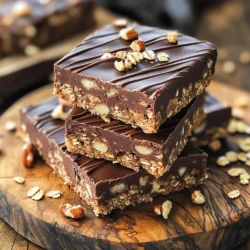 - 2 cups rolled oats - 1 cup almond butter (peanut butter substitute) - 1/2 cup honey or maple syrup - 1/3 cup unsweetened cocoa powder - 1/2 cup dark chocolate chips - 1/4 cup shredded coconut (optional) - 1/4 cup chopped nuts (optional) - 1/2 teaspoon vanilla extract - A pinch of salt When I make No-Bake Chocolate Oat Bars, I reach for simple, healthy ingredients. You need rolled oats as a base. They give a nice texture and help the bars hold together. Almond butter adds richness and binds everything well. If you prefer peanut butter, that works too! For sweetness, I use honey or maple syrup. Both options give a lovely taste. Next up is unsweetened cocoa powder. It adds that deep chocolate flavor we all crave. Dark chocolate chips bring extra joy to each bite. You can also add shredded coconut for a twist. It gives a nice crunch and a hint of tropical taste. Chopped nuts are great too. They add texture and healthy fats. A touch of vanilla extract rounds out the flavor. Finally, a pinch of salt enhances everything. Now you've got everything you need for a delightful treat! Check out the Full Recipe for detailed steps to make these bars. To start, take a large mixing bowl. Add 2 cups of rolled oats, 1/3 cup of cocoa powder, and a pinch of salt. Mix these dry ingredients together well with a spatula. This creates a uniform base for your bars. Next, grab a microwave-safe bowl. Combine 1 cup of almond butter and 1/2 cup of honey in it. Heat this mixture for about 30 seconds. Stir it well until it becomes warm and easy to pour. Now, pour the warm almond butter mixture over the dry oat blend. Add 1/2 teaspoon of vanilla extract for flavor. Mix everything until it's fully combined. The mixture will be thick and sticky, perfect for shaping. It’s time to add some fun! Fold in 1/2 cup of dark chocolate chips, and if you want, 1/4 cup of shredded coconut and 1/4 cup of chopped nuts. Make sure these goodies are evenly spread throughout the mix. Line an 8x8 inch baking dish with parchment paper. Leave some paper hanging over the sides for easy removal later. Transfer the mixture to the dish and press it down firmly into an even layer. Use a spatula or your hands to pack it tightly. Place the dish in the fridge for at least 1 hour. This helps the bars firm up. Once set, lift the bars out using the parchment paper. Place them on a cutting board and slice them into squares or rectangles as you like. Enjoy your no-bake chocolate oat bars! For the full recipe, check out the detailed instructions. To get the right thickness, mix your ingredients well. The mixture should be sticky but firm. If it's too dry, add a touch more almond butter or honey. If it feels too wet, add a bit more oats or cocoa powder. This blend holds everything together, so ensure it's just right. Want to kick up the taste? Try adding a pinch of cinnamon for warmth. You can also mix in some chia seeds or flax seeds for a health boost. If you love coconut, the shredded coconut adds a fun texture. For a nutty twist, consider using almond extract instead of vanilla. When serving, stack the bars on a bright plate to catch the eye. A drizzle of melted chocolate on top makes them look fancy. Sprinkle some oats or chopped nuts around for a rustic touch. Serve them chilled for a refreshing treat that everyone will enjoy. {{image_4}} You can easily change the nuts in your bars. Try almonds, walnuts, or pecans. Each nut adds its own flavor and crunch. You can also use nut butters. Peanut butter gives a strong taste, while cashew butter is mild. Mix and match to find your favorite. If you want a nut-free option, use sunflower seed butter. It works great and adds a nice richness. Chocolate is the star of these bars, so play with it! You can use milk chocolate for a sweeter bite. Dark chocolate gives a deep, rich flavor. If you like white chocolate, it adds a creamy touch. You can blend different chocolates for a unique taste. Just remember, adjust the sweetness if using white or milk chocolate. Want to make your bars a bit healthier? You can swap honey for agave syrup or use stevia. This lowers the sugar and keeps the sweet taste. Adding superfoods is also a great choice. Try mixing in flax seeds or chia seeds for extra fiber. These seeds boost nutrition without changing the taste much. You can even add protein powder for an extra health kick. To keep your no-bake chocolate oat bars fresh, store them in an airtight container. This keeps moisture out and helps them last longer. Make sure to place a layer of parchment paper between the bars. This prevents them from sticking together. If you want to save some bars for later, freezing is a great option. First, cut the bars into squares or rectangles. Then, wrap each piece tightly in plastic wrap. Place the wrapped bars in a freezer-safe container or bag. They will stay fresh for up to three months. When you’re ready to eat them, let them defrost in the fridge. At room temperature, these bars last about a week. If you keep them in the fridge, they can last up to two weeks. Store them properly to enjoy their rich, chocolatey goodness longer. To make these bars vegan, you can replace honey with maple syrup. This keeps the bars sweet and sticky. Use dairy-free chocolate chips instead of regular ones. Almond butter is already plant-based, so that works great. Yes, you can use peanut butter or sunflower seed butter. Both will change the taste a bit. Peanut butter adds a nutty flavor, while sunflower seed butter is mild. Just make sure to check for allergies! If you don't have cocoa powder, try carob powder. It has a sweet, earthy taste. You can also use vanilla extract or even a hint of espresso for a unique flavor. These bars need about 1 hour to chill in the fridge. This helps them firm up nicely. For best results, let them sit longer if possible. This ensures they hold their shape well when cut. Yes, you can add protein powder! Use a scoop or two to boost the protein. Just mix it in with the dry ingredients. Be careful not to add too much, or it may change the texture. Yes, these bars can be gluten-free. Just ensure you use certified gluten-free oats. The other ingredients are also gluten-free, so you can enjoy these bars worry-free! For the complete recipe, check out the Full Recipe. This article shared a simple recipe for making delicious oat bars. We covered key ingredients like oats, almond butter, and cocoa powder. I provided clear steps to prepare and combine the ingredients. Tips for consistency and flavor enhancements will help you create the perfect bars. Remember, you can swap ingredients for your taste or dietary needs. Store them right to give them a long shelf life. With a bit of creativity, you can enjoy enjoyable healthy snacks at home.