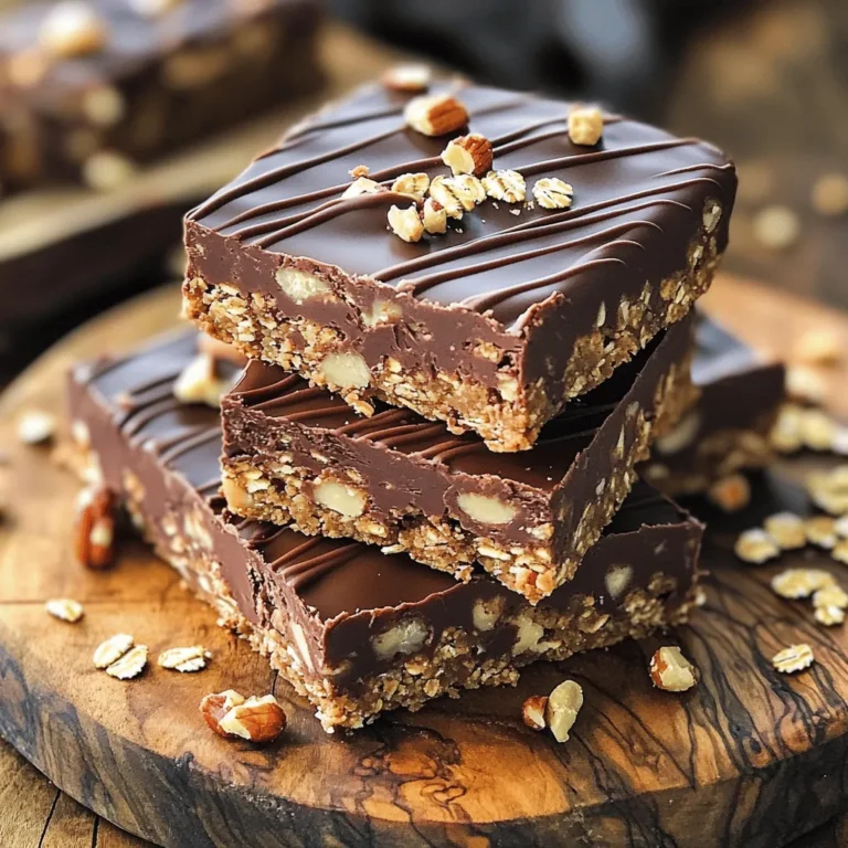 - 2 cups rolled oats - 1 cup almond butter (peanut butter substitute) - 1/2 cup honey or maple syrup - 1/3 cup unsweetened cocoa powder - 1/2 cup dark chocolate chips - 1/4 cup shredded coconut (optional) - 1/4 cup chopped nuts (optional) - 1/2 teaspoon vanilla extract - A pinch of salt When I make No-Bake Chocolate Oat Bars, I reach for simple, healthy ingredients. You need rolled oats as a base. They give a nice texture and help the bars hold together. Almond butter adds richness and binds everything well. If you prefer peanut butter, that works too! For sweetness, I use honey or maple syrup. Both options give a lovely taste. Next up is unsweetened cocoa powder. It adds that deep chocolate flavor we all crave. Dark chocolate chips bring extra joy to each bite. You can also add shredded coconut for a twist. It gives a nice crunch and a hint of tropical taste. Chopped nuts are great too. They add texture and healthy fats. A touch of vanilla extract rounds out the flavor. Finally, a pinch of salt enhances everything. Now you've got everything you need for a delightful treat! Check out the Full Recipe for detailed steps to make these bars. To start, take a large mixing bowl. Add 2 cups of rolled oats, 1/3 cup of cocoa powder, and a pinch of salt. Mix these dry ingredients together well with a spatula. This creates a uniform base for your bars. Next, grab a microwave-safe bowl. Combine 1 cup of almond butter and 1/2 cup of honey in it. Heat this mixture for about 30 seconds. Stir it well until it becomes warm and easy to pour. Now, pour the warm almond butter mixture over the dry oat blend. Add 1/2 teaspoon of vanilla extract for flavor. Mix everything until it's fully combined. The mixture will be thick and sticky, perfect for shaping. It’s time to add some fun! Fold in 1/2 cup of dark chocolate chips, and if you want, 1/4 cup of shredded coconut and 1/4 cup of chopped nuts. Make sure these goodies are evenly spread throughout the mix. Line an 8x8 inch baking dish with parchment paper. Leave some paper hanging over the sides for easy removal later. Transfer the mixture to the dish and press it down firmly into an even layer. Use a spatula or your hands to pack it tightly. Place the dish in the fridge for at least 1 hour. This helps the bars firm up. Once set, lift the bars out using the parchment paper. Place them on a cutting board and slice them into squares or rectangles as you like. Enjoy your no-bake chocolate oat bars! For the full recipe, check out the detailed instructions. To get the right thickness, mix your ingredients well. The mixture should be sticky but firm. If it's too dry, add a touch more almond butter or honey. If it feels too wet, add a bit more oats or cocoa powder. This blend holds everything together, so ensure it's just right. Want to kick up the taste? Try adding a pinch of cinnamon for warmth. You can also mix in some chia seeds or flax seeds for a health boost. If you love coconut, the shredded coconut adds a fun texture. For a nutty twist, consider using almond extract instead of vanilla. When serving, stack the bars on a bright plate to catch the eye. A drizzle of melted chocolate on top makes them look fancy. Sprinkle some oats or chopped nuts around for a rustic touch. Serve them chilled for a refreshing treat that everyone will enjoy. {{image_4}} You can easily change the nuts in your bars. Try almonds, walnuts, or pecans. Each nut adds its own flavor and crunch. You can also use nut butters. Peanut butter gives a strong taste, while cashew butter is mild. Mix and match to find your favorite. If you want a nut-free option, use sunflower seed butter. It works great and adds a nice richness. Chocolate is the star of these bars, so play with it! You can use milk chocolate for a sweeter bite. Dark chocolate gives a deep, rich flavor. If you like white chocolate, it adds a creamy touch. You can blend different chocolates for a unique taste. Just remember, adjust the sweetness if using white or milk chocolate. Want to make your bars a bit healthier? You can swap honey for agave syrup or use stevia. This lowers the sugar and keeps the sweet taste. Adding superfoods is also a great choice. Try mixing in flax seeds or chia seeds for extra fiber. These seeds boost nutrition without changing the taste much. You can even add protein powder for an extra health kick. To keep your no-bake chocolate oat bars fresh, store them in an airtight container. This keeps moisture out and helps them last longer. Make sure to place a layer of parchment paper between the bars. This prevents them from sticking together. If you want to save some bars for later, freezing is a great option. First, cut the bars into squares or rectangles. Then, wrap each piece tightly in plastic wrap. Place the wrapped bars in a freezer-safe container or bag. They will stay fresh for up to three months. When you’re ready to eat them, let them defrost in the fridge. At room temperature, these bars last about a week. If you keep them in the fridge, they can last up to two weeks. Store them properly to enjoy their rich, chocolatey goodness longer. To make these bars vegan, you can replace honey with maple syrup. This keeps the bars sweet and sticky. Use dairy-free chocolate chips instead of regular ones. Almond butter is already plant-based, so that works great. Yes, you can use peanut butter or sunflower seed butter. Both will change the taste a bit. Peanut butter adds a nutty flavor, while sunflower seed butter is mild. Just make sure to check for allergies! If you don't have cocoa powder, try carob powder. It has a sweet, earthy taste. You can also use vanilla extract or even a hint of espresso for a unique flavor. These bars need about 1 hour to chill in the fridge. This helps them firm up nicely. For best results, let them sit longer if possible. This ensures they hold their shape well when cut. Yes, you can add protein powder! Use a scoop or two to boost the protein. Just mix it in with the dry ingredients. Be careful not to add too much, or it may change the texture. Yes, these bars can be gluten-free. Just ensure you use certified gluten-free oats. The other ingredients are also gluten-free, so you can enjoy these bars worry-free! For the complete recipe, check out the Full Recipe. This article shared a simple recipe for making delicious oat bars. We covered key ingredients like oats, almond butter, and cocoa powder. I provided clear steps to prepare and combine the ingredients. Tips for consistency and flavor enhancements will help you create the perfect bars. Remember, you can swap ingredients for your taste or dietary needs. Store them right to give them a long shelf life. With a bit of creativity, you can enjoy enjoyable healthy snacks at home.
