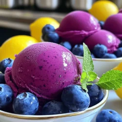 - 2 cups fresh or frozen blueberries - 1 cup water - 3/4 cup granulated sugar - 1/2 cup freshly squeezed lemon juice - Zest of 1 lemon - Pinch of salt When making lemon blueberry sorbet, fresh or frozen blueberries work well. They provide a sweet, tangy flavor. You need water to create the simple syrup. The sugar adds sweetness, balancing the tartness of the lemons. Freshly squeezed lemon juice gives a bright taste. The zest adds a punch of lemon flavor. A pinch of salt enhances all the flavors. - Calories per serving: Approximately 120 - Fat content: 0 grams - Sugar content: About 25 grams - Fiber content: 2 grams This sorbet is a light treat. Each serving has about 120 calories. With no fat, it’s a smart choice for a sweet snack. The sugar content comes from the blueberries and added sugar. You also get some fiber from the fruit, making it a bit healthier. Enjoy this refreshing dessert without guilt! You can find the full recipe to guide you through each step. - Combine 1 cup of water and 3/4 cup of granulated sugar in a medium saucepan. - Heat over medium heat. Stir until the sugar dissolves. The mixture should be clear. - If using fresh blueberries, rinse 2 cups under cold water. Drain them well. - If using frozen blueberries, you can blend them directly from the freezer. - In a blender, add the cooled simple syrup, blueberries, 1/2 cup of lemon juice, lemon zest, and a pinch of salt. - Blend until smooth, about 30-60 seconds. - For a smoother texture, strain the mixture through a fine mesh sieve into a bowl. - Use a spatula to press the mixture through. Discard any solids left behind. - Pour the strained mixture into a shallow dish. - Place it in the freezer. Every 30 minutes, stir with a fork to break up ice crystals. - Continue this for 2-3 hours until the sorbet is firm and light. - If you use a sorbet maker, follow the manufacturer’s instructions. It usually takes 20-30 minutes. For the full recipe, you can check the detailed instructions above. Enjoy making your Lemon Blueberry Sorbet! Stirring is key when freezing lemon blueberry sorbet. Stir every 30 minutes to break up ice. This helps keep the sorbet smooth and creamy. If you skip stirring, you may end up with hard chunks. For an ultra-smooth consistency, strain the blended mixture through a fine mesh sieve. This step removes any skins or seeds, giving you a silky texture. When serving the sorbet, choose chilled bowls. This keeps the sorbet cool and fresh. Garnish your dessert with whole blueberries and a sprig of fresh mint. It adds color and a delightful scent. You can also use a scoop of whipped cream or yogurt on top for extra creaminess. Before freezing, taste your mixture. Adjust the sweetness as needed. If you want a healthier option, swap granulated sugar for honey or agave nectar. Both options can add unique flavors while keeping it sweet. Remember, the tartness of lemon balances the sweetness, making each bite refreshing. For the full recipe, check out the section above! {{image_4}} You can make this sorbet even more fun. Try adding different fruits. Peaches, raspberries, or strawberries work well. Each fruit brings a new taste to the sorbet. You can also mix fruits together for a unique blend. For instance, lemon and strawberry create a sweet-tart delight. You can also try herb infusions. Fresh mint or basil can add a fresh twist. Just mix chopped herbs into the blueberry-lime blend. The herbs will bring a surprising flavor that elevates your sorbet. If you want a creamier texture, consider dairy-free options. Coconut milk is a great choice. It adds richness without dairy. You can replace some of the water with coconut milk in the recipe. This will give your sorbet a creamy feel. Almond milk is another good option. It has a light flavor and works well. Just like coconut milk, use it instead of water. This makes for a delicious, dairy-free treat. You can pair your sorbet with other desserts. It goes well with cake or pie. A scoop on top of lemon cake is a refreshing choice. The flavors will dance together, making a great treat. You can also create a sorbet float. Just add the sorbet to a glass of lemon-lime soda. It becomes a bubbly, fruity drink. This adds a fun element to your dessert experience. For the full recipe, check [Full Recipe]. To keep your Lemon Blueberry Sorbet fresh, use an airtight container. A glass or plastic container works best. Make sure to leave some space at the top for expansion. The sorbet lasts up to two weeks in the freezer. After that, it may lose flavor or texture. Remember to label your container with the date, so you know when to enjoy it! If your sorbet gets hard, you can revive it. Simply let it sit at room temperature for a few minutes. Then, stir it with a fork until it softens. Watch for signs that your sorbet has gone bad. If it has ice crystals or strange smells, it’s best to toss it. Enjoy your Lemon Blueberry Sorbet while it’s fresh for the best taste! To make Lemon Blueberry Sorbet, follow these steps: 1. Start by making a simple syrup. Combine water and sugar in a pot. Heat until the sugar dissolves. 2. Blend blueberries, cooled syrup, lemon juice, lemon zest, and salt until smooth. 3. Strain the mixture for a silky texture. 4. Freeze the mixture, stirring every 30 minutes. This helps prevent ice crystals. 5. It's best to freeze for about 2-3 hours. You can also use a sorbet maker for creamy results. Common mistakes include not cooling the syrup fully before blending. This can lead to a grainy texture. Also, avoid skipping the straining step; it makes a big difference. You can use bottled lemon juice, but the taste will differ. Fresh lemon juice has a bright, vibrant flavor. Bottled juice often lacks that freshness and can taste more acidic. For the best result, I always recommend using fresh lemons. Yes, it is safe to eat sorbet with alcohol. However, alcohol lowers the freezing point of the mixture. This means your sorbet may not set as firm. If you add alcohol, keep the amount small, so it remains enjoyable. For the best presentation, serve your sorbet in chilled bowls. This keeps it cold longer. Garnish with whole blueberries and a sprig of mint. This not only looks lovely but also adds a refreshing aroma. Enjoy your Lemon Blueberry Sorbet as a bright treat on a hot day! You just learned how to make a tasty lemon blueberry sorbet. We covered ingredients, steps, and tips for a smooth texture. You can mix flavors or use dairy-free options to make it yours. Remember to store your sorbet well for the best taste. Enjoy serving it with your favorite desserts or on its own. Simple and fun, homemade sorbet can refresh any day! Get ready to impress friends and family with this easy recipe.