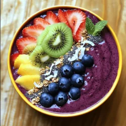- 2 packets (100g each) frozen acai puree - 1 ripe banana, sliced - 1 cup unsweetened almond milk (or any milk of choice) - 1 tablespoon almond butter - 1 tablespoon honey or agave syrup (adjust to taste) For the acai smoothie bowl, you need fresh and frozen ingredients. The frozen acai puree gives your bowl its rich, deep color. Bananas add natural sweetness and creaminess. Use almond milk for a smooth texture that blends well. Almond butter brings healthy fats and a nutty taste. Honey or agave syrup can sweeten the mix, so adjust it based on your liking. - 1/2 cup granola - 1/4 cup unsweetened shredded coconut - Fresh fruits for topping (sliced strawberries, blueberries, kiwi, or mango) - Chia seeds for garnish - Fresh mint leaves for garnish The toppings are what make your acai bowl fun and tasty! Granola adds crunch, while shredded coconut gives a tropical feel. Fresh fruits not only look good but also add more flavor. Chia seeds are great for extra nutrition, and mint leaves add a fresh touch. You can mix and match your toppings based on what you enjoy. Check out the Full Recipe for step-by-step details! Start by preparing your blender. Ensure it is clean and ready to use. Then, measure out your ingredients. You need: - 2 packets (100g each) frozen acai puree - 1 ripe banana, sliced - 1 cup unsweetened almond milk (or any milk of choice) - 1 tablespoon almond butter - 1 tablespoon honey or agave syrup (adjust to taste) Having everything ready makes the next steps smooth and easy. Now, combine the main ingredients in your blender. Add the frozen acai puree, sliced banana, almond milk, almond butter, and honey or agave syrup. Blend on high speed until the mix is smooth and creamy. If the smoothie is thick, add more almond milk bit by bit until you like the texture. After blending, taste your acai mixture. If it needs sweetness, add more honey or agave syrup. Blend briefly to mix in the added sweetness. Carefully pour the acai smoothie mixture into a large bowl. Aim for even distribution for a nice look. Next, layer your toppings. Start with granola on top, then add your fresh fruits like strawberries, blueberries, kiwi, or mango. Sprinkle unsweetened shredded coconut over the fruits. Finish with a dash of chia seeds for a nice touch. To make it beautiful, garnish with fresh mint leaves. This adds a pop of green and a lovely aroma. Serve your Acai Bliss Smoothie Bowl right away with a spoon. Enjoy the vibrant flavors and nutrition! To get the right thickness for your acai smoothie bowl, start by adjusting the almond milk. If your mix is too thick, add more almond milk slowly. This way, you can control the texture. When blending, use short bursts. This helps create a creamy, smooth blend without over-mixing. To make the smoothie bowl sweeter, try adding more honey or agave syrup. Just blend a little more after adding. If you want alternatives to honey, consider maple syrup or mashed ripe banana. These options add sweetness without using extra syrup. When topping your bowl, get creative! Arrange granola in a line, then add fresh fruits in colorful patterns. This not only looks good but tastes great too. For garnishing, sprinkle chia seeds for a nice touch and add fresh mint leaves. They make your bowl pop with color and flavor. {{image_4}} You can make your acai smoothie bowl unique by swapping out flavors. Use different fruits to change the taste. Instead of banana, try mango or even spinach for a green kick. For nut butters, if almond is not your favorite, peanut butter works well. Each option opens a new world of flavor. If you need vegan options, you can easily make this dish plant-based. Replace honey with agave syrup or maple syrup. For nut-free diets, consider sun butter instead of almond butter. Use gluten-free granola if you avoid gluten. This way, everyone can enjoy a tasty bowl. Using seasonal fruits can make your bowl fresh and fun. In summer, add ripe peaches or fresh berries. In winter, consider oranges or pomegranate to brighten your dish. Change your toppings based on what's available. This not only enhances flavor but also keeps it exciting. Enjoy making your acai bowl special! To store your acai smoothie bowl leftovers, place the bowl in the fridge. It stays fresh for up to 24 hours. Cover it with plastic wrap or a lid to prevent drying out. If you want to freeze the smoothie base, pour it into ice cube trays. This method keeps your acai mixture fresh for up to three months. Once frozen, transfer the cubes to a freezer bag. This makes it easy to blend later. When reheating or refreshing leftover bowls, avoid the microwave. Instead, blend your smoothie base with a splash of almond milk. This helps restore its creamy texture. To maintain the freshness of toppings, store them separately. Keep fruits in a sealed container in the fridge. Granola and coconut should stay in airtight bags. This way, they stay crunchy and flavorful. An acai smoothie bowl is a thick blend made from acai berries. It is often topped with fruits, nuts, and seeds. These bowls are popular for breakfast or as a snack. They are vibrant, tasty, and packed with nutrients. Acai bowls are fun to make and easy to enjoy. Many people love them for their beauty and health benefits. Yes, you can easily make this recipe vegan. Instead of almond butter, use peanut or sunflower seed butter. For sweeteners, replace honey with agave syrup or maple syrup. Use any plant-based milk like oat or soy milk. These swaps keep the dish tasty and plant-based. You can customize your smoothie bowl in many ways. Try different fruits, like mango or pineapple, for new flavors. Swap the almond butter for cashew or hazelnut butter. Add protein powder for an extra boost. When it comes to toppings, use nuts, seeds, or your favorite granola. Be creative and make it your own! Acai berries are very healthy. They are high in antioxidants, which help fight free radicals. They can support heart health and improve cholesterol levels. Acai berries may help with weight loss and boost energy. They are also rich in fiber, which aids digestion. Eating acai can contribute to a balanced diet. This blog post covered how to make a delicious acai smoothie bowl. You learned about key ingredients and toppings, plus step-by-step instructions. I shared tips for perfecting your bowl’s texture and sweetness. You also discovered variations for taste and dietary needs. Finally, we discussed storage for any leftovers. Now, you can enjoy this healthy treat anytime. Get creative with your flavors and toppings. Have fun making your own acai bowl!